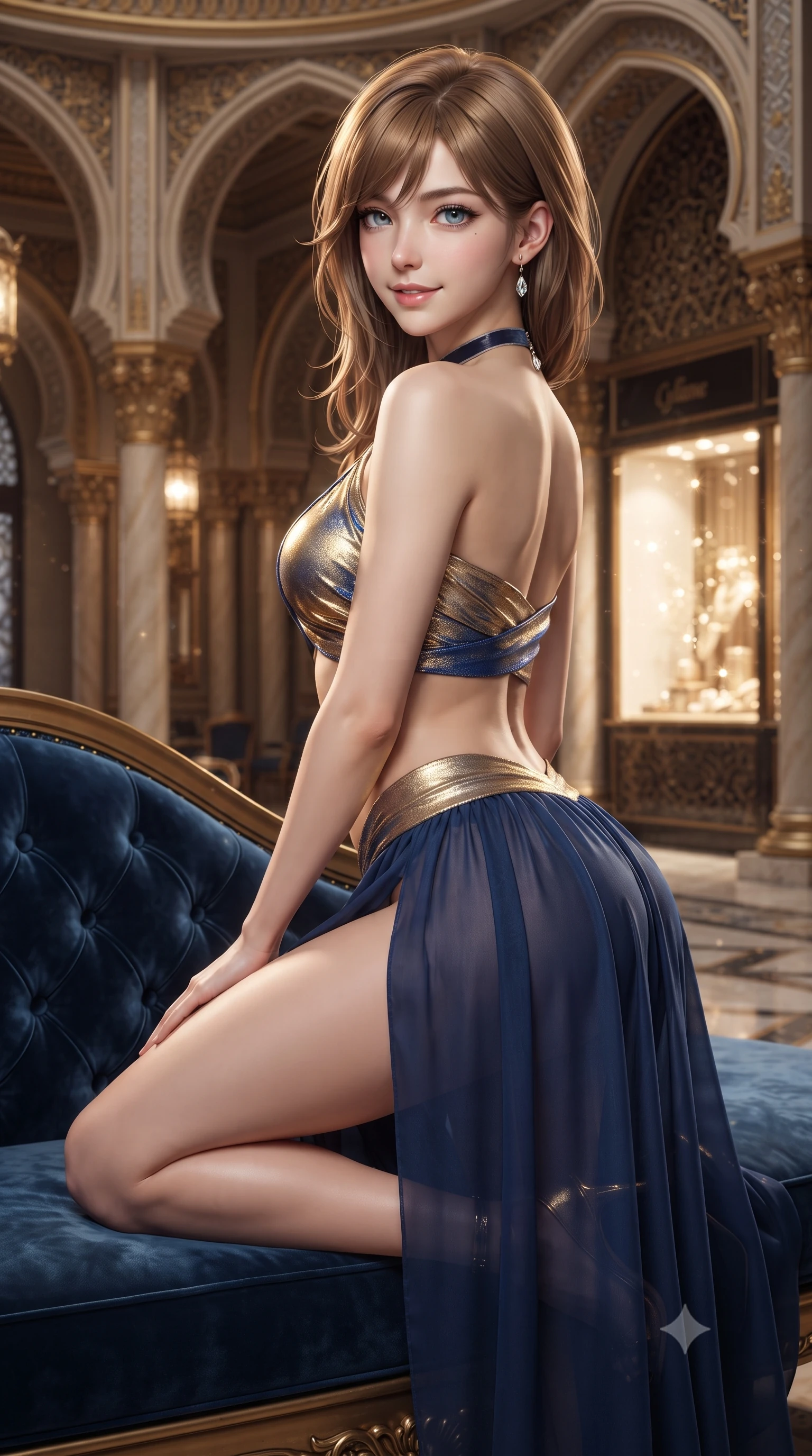 score_9, masterpiece, best quality, ultra-detailed, high-budget anime keyframe, editorial fashion photography, tasteful artistic composition, Korean woman. close-up cowboy shot from the waist and thighs up, the character dominates the composition, filling the frame with her large presence. perched sideways on the lounge seat, one knee drawn up to showcase her slender leg line while her arched back accentuates her feminine hip curve while posing in an alluring rear three-quarter angle with back turned slightly, glancing over her shoulder with an intoxicating cute smile. The surrounding environment is rendered in vivid detail and crisp panoramic clarity: detailed structured velvet smoking jacket tailoring, jeweled crop top facets, and master 19th-century architecture in high resolution. She has an exceptionally elegant, slender, and willowy female figure with an ultra-slim waist, flat toned midriff, narrow ribcage, and sculpted feminine hips creating an alluring, slim hourglass silhouette without bulk. sharp v-shaped jawline, high-bridge nose, intricate jewel-like sparkling eyes with depth, thick eyelashes, glossy parted lips with a natural peach sheen, bright cheerful beaming smile with an enchanting and coquettish sensual glint, exuding both youthful cute charm and seductive allure, flawlessly proportioned anatomical accuracy, strict slender model proportions, natural body alignment, perfectly sculpted long slender limbs, ultra-slim waistline, clean dynamic posture without body distortion. wearing a modern Arabian-inspired metallic lame wrap top with bare midriff and a high-slit chiffon harem pant skirt in Burj Arabian royal sapphire blue and molten gold, woven from buttery-soft stretch lambskin leather adhering to her body like a second skin, finished with a thin velvet ribbon choker and a single teardrop diamond pendant, the liquid-tight tailored fabric clinging flawlessly to her narrow waist and rounded feminine hips, emphasizing every millimeter of her sculpted slim hourglass curves without any bulky heaviness. bathed in warm 3000K incandescent archway floodlights and glittering luxury storefront vitrine illumination. ultra-reflective glossy finish, specular highlights, rich textural contrasts, high-contrast stereoscopic depth, volumetric dynamic lighting, 2k, ultra detail, master piece, 9:16 ratio