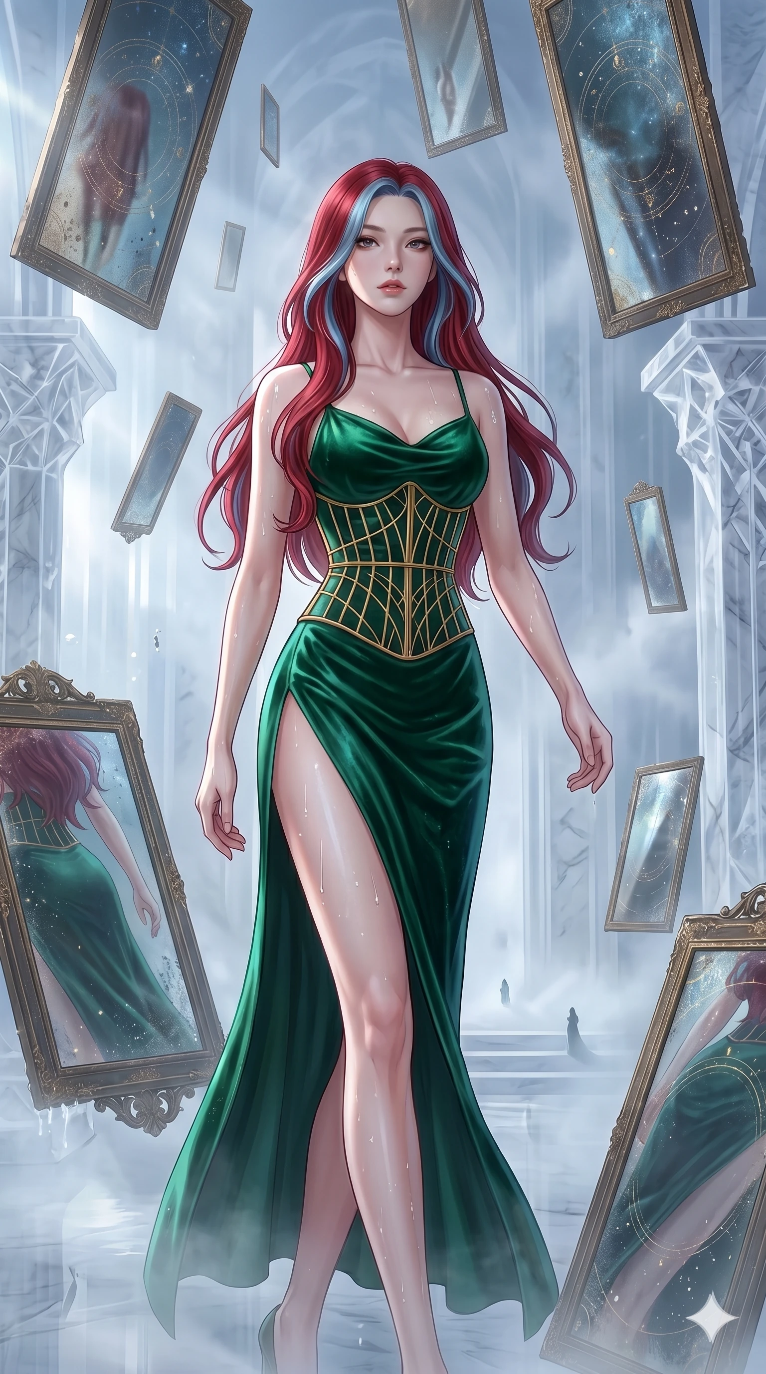 score_9, masterpiece, best quality, ultra-detailed, high-budget anime keyframe, Korean woman. upper body close-up from the thighs up, character filling the screen for maximum presence. wandering through a mirage cloud cathedral of translucent marble and water mist, surrounded by floating ancient bronze mirror walls. She has an absolutely perfect 8-heads proportion, an exceptionally tall and slender female figure with impossibly long slender legs and an ultra-slim waist. V-shaped jawline, high-bridge nose, intricate jewel-like eyes with depth, thick eyelashes, glossy lips with a natural sheen.. wearing a mathematical gold wire cage corset and an emerald green silk velvet slip dress with a dramatic high elegant side slit. lit by a soft glowing ambient light and a sharp side key light that traces the sleek contours of her athletic build. 2k, ultra detail, master piece, 9:16 ratio