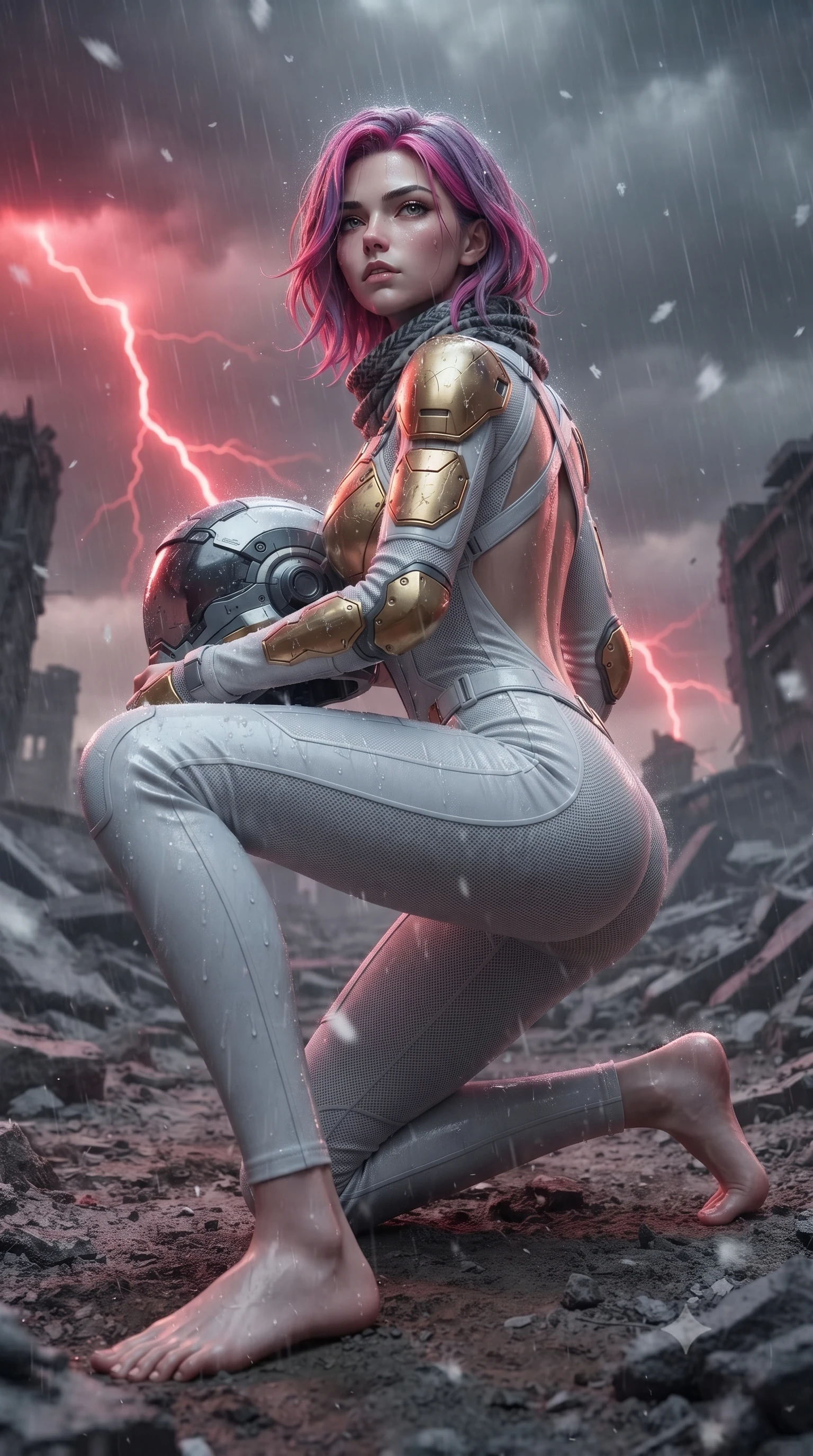 score_9, masterpiece, best quality, ultra-detailed, high-budget anime keyframe, editorial fashion photography, tasteful artistic composition, Caucasian woman. low angle full-body shot from head to toe showing her feet, filling the entire 9:16 vertical frame with her statuesque presence, stretching her vertical silhouette. striding forward with sovereign warrior elegance in a low, predatory combat advance through the ruins, hips swaying with fierce athletic poise while kneeling on one knee to inspect the barren earth, looking up with a piercing, majestic gaze through drifting ash flakes. The surrounding environment is rendered in vivid detail and crisp panoramic clarity. detailed tactical scarf weave, lightning discharge filaments, and armor joint articulation in high clarity. She has an absolutely perfect, statuesque 8.5-heads proportion, an exceptionally tall and slender model-like female figure with impossibly long slender legs, a toned flat midriff, and an ultra-slim waist. sharp v-shaped jawline, high-bridge nose, intricate jewel-like eyes with depth, thick eyelashes, glossy lips with a natural sheen, fierce and resolute heroine expression, flawlessly proportioned anatomical accuracy, strict slender model proportions, natural body alignment, perfectly sculpted long slender limbs, ultra-slim waistline, clean dynamic posture without body distortion. holding a modular carbon battle-helmet under one arm, her flawless face and sculpted neck exposed to the rain with determined warrior focus, paired with a tailored tactical combat jumpsuit with an open-back harness design, reinforced composite breastplate, and high-mobility elbow dampers in arctic white carbon composite with scratched solar gold armor plating, tailored from flexible second-skin ballistic carbon-mesh adhering flawlessly to her athletic build, complemented by criss-cross back harness straps highlighting her completely bare spine, the form-contouring material adhering flawlessly to her sculpted flat midriff and slender torso, emphasizing her long leg lines and perfectly proportioned willowy build. bathed in eerie crimson lightning storm backlighting and ominous dark ash ambient fill. ultra-reflective glossy finish, specular highlights, dark metallic sheen, high-contrast stereoscopic depth, volumetric dynamic lighting, 2k, ultra detail, master piece, 9:16 ratio