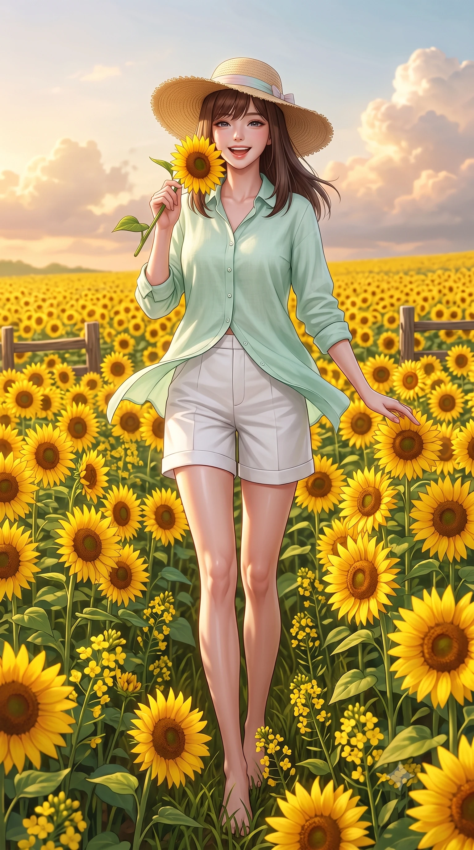 score_9, masterpiece, best quality, ultra-detailed, high-budget anime keyframe, semi-realistic 3D game render, editorial fashion photography, tasteful artistic composition, Korean woman. low angle full-body shot from head to toe showing her feet, filling the entire 9:16 vertical frame with her statuesque presence, stretching her vertical silhouette. stepping forward gracefully in mid-motion with a delighted cute laugh, displaying her tall slender model proportions while standing immersed in a vast sea of vibrant yellow sunflowers, holding one bloom close to her cheek with a dazzling smile. The surrounding environment is rendered in vivid detail and crisp panoramic clarity. vibrant yellow canola blossoms, rustic farm fences, and glowing evening clouds in high clarity. She has an absolutely perfect, statuesque 8.5-heads proportion, an exceptionally tall and slender model-like female figure with impossibly long slender legs, a toned flat midriff, and an ultra-slim waist. sharp v-shaped jawline, high-bridge nose, intricate jewel-like eyes with depth, thick eyelashes, glossy lips with a natural sheen, pure and lovely fresh girlhood expression, flawlessly proportioned anatomical accuracy, strict slender model proportions, natural body alignment, perfectly sculpted long slender limbs, ultra-slim waistline, clean dynamic posture without body distortion. wearing a lightweight pastel linen button-down shirt paired with tailored high-rise white Bermuda shorts in refreshing mint green and crisp sea-salt white, tailored from crisp organic cotton poplin, paired with a wide-brim woven straw hat tied with a pastel ribbon, the soft airy drape swaying gracefully with her dynamic movements, emphasizing her tall willowy build and slim waistline. surrounded by a heartwarming, radiant, and delightfully sunny countryside princess aura. highly saturated vibrant anime colors, detailed shading with soft gradients, rich glossy textures, high-contrast stereoscopic depth, volumetric dynamic lighting, master piece, 9:16 ratio