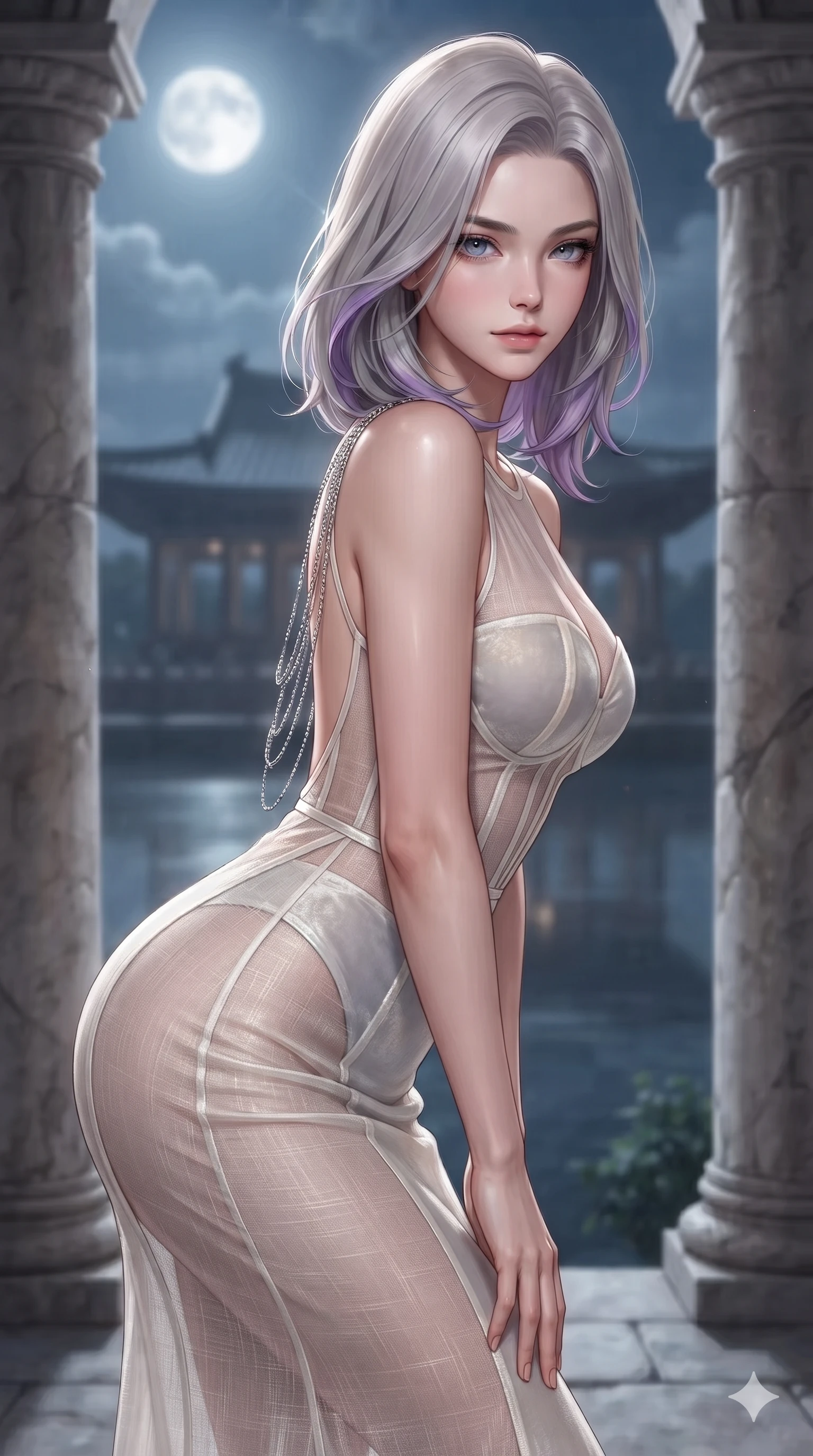 score_9, masterpiece, best quality, ultra-detailed, high-budget anime keyframe, editorial fashion photography, tasteful artistic composition, Caucasian woman. close-up cowboy shot from the waist and thighs up, the character dominates the composition, filling the frame with her large presence. leaning forward while arching her lower back to accentuate her curvy hips, looking into the camera with an intoxicating smoldering gaze and bedroom-eyes while standing between monumental stone pavilion columns, arching her lower back to emphasize her curvy hips against the moonlit lake. The background shows a soft-focus monumental royal banquet pavilion softened in panoramic lake shallow focus. She has an exceptionally elegant, slender, and willowy female figure with an ultra-slim waist, flat toned midriff, narrow ribcage, and sculpted feminine hips creating an alluring, slim hourglass silhouette without bulk. sharp v-shaped jawline, high-bridge nose, sparkling eyes with hypnotic seductive depth, thick curled eyelashes, glossy parted lips with a natural dewy peach sheen, alluring bedroom-eyes with an enchanting coquettish smile, exuding magnetic siren charisma and sophisticated glamour, flawlessly proportioned anatomical accuracy, strict slender model proportions, natural body alignment, perfectly sculpted long slender limbs, ultra-slim waistline, clean dynamic posture without body distortion. wearing a sheer-illusion mesh corset gown with strategic opaque velvet hanbok panels framing her waist and hips in celestial pearl white and moonlight platinum, woven from bespoke Korean ramie fabric with crisp tactile slub texture, accented with an open-back drape framed by falling strands of delicate chrome chains, the bespoke structured tailoring following the natural line of her 8.5-heads silhouette with refined elegance. illuminated by lake water upward bounce and sharp silver-topaz rim lights defining her razor-sharp jawline, narrow waist, and curvy hips. ultra-reflective glossy finish, specular highlights, rich textural contrasts, high-contrast stereoscopic depth, volumetric dynamic lighting, 2k, ultra detail, master piece, 9:16 ratio