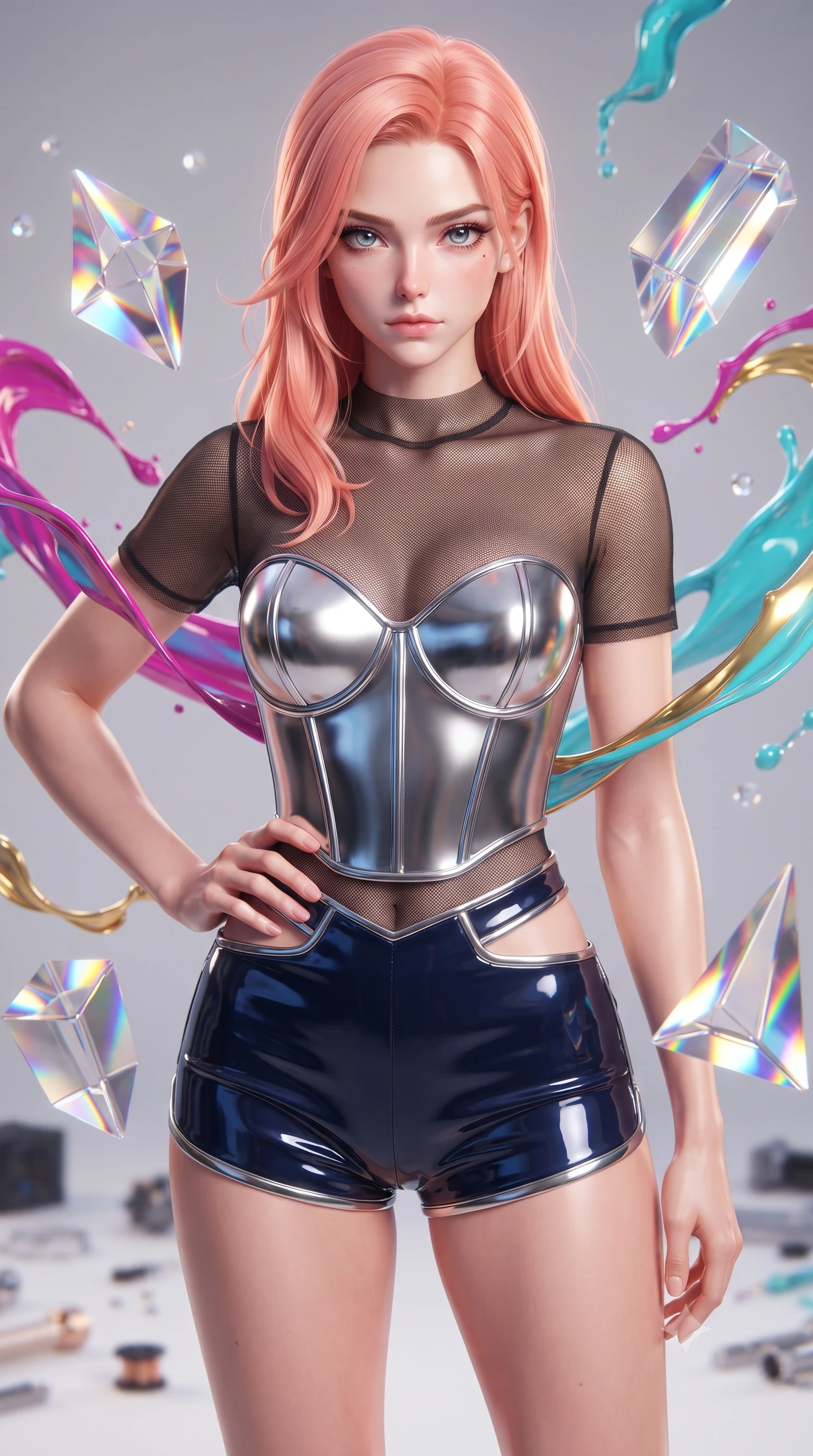 score_9, masterpiece, best quality, ultra-detailed, high-budget anime keyframe, editorial fashion photography, tasteful artistic composition, Japanese woman. close-up cowboy shot from the waist and thighs up, the character dominates the composition, filling the frame with her large presence, background elements kept in soft focus. Holding a confident power pose with one hand on her hip, gazing directly into the camera with quiet intensity interacting with floating glass prisms that refract liquid light into rainbows, swirling ribbons of magenta, turquoise, and gold liquid paint in zero-gravity. She has an exceptionally elegant, slender, and willowy female figure with an ultra-slim waist, a gracefully sculpted slender torso, and a refined silhouette. sharp v-shaped jawline, high-bridge nose, intricate jewel-like eyes with depth, thick eyelashes, glossy lips with a natural sheen. wearing a chrome-plated structured bodice worn over a sheer mesh top and micro-shorts in midnight navy blue and chrome trim, tailored from high-gloss patent leather, featuring subtle geometric cutouts that highlight her ultra-slim midriff, the elegant draped fit framing her graceful clavicle and slender torso. drenched in bright white key light with colorful prismatic rim lighting. ultra-reflective glossy finish, specular highlights, metallic sheen, high-contrast stereoscopic depth, volumetric dynamic lighting, 2k, ultra detail, master piece, 9:16 ratio