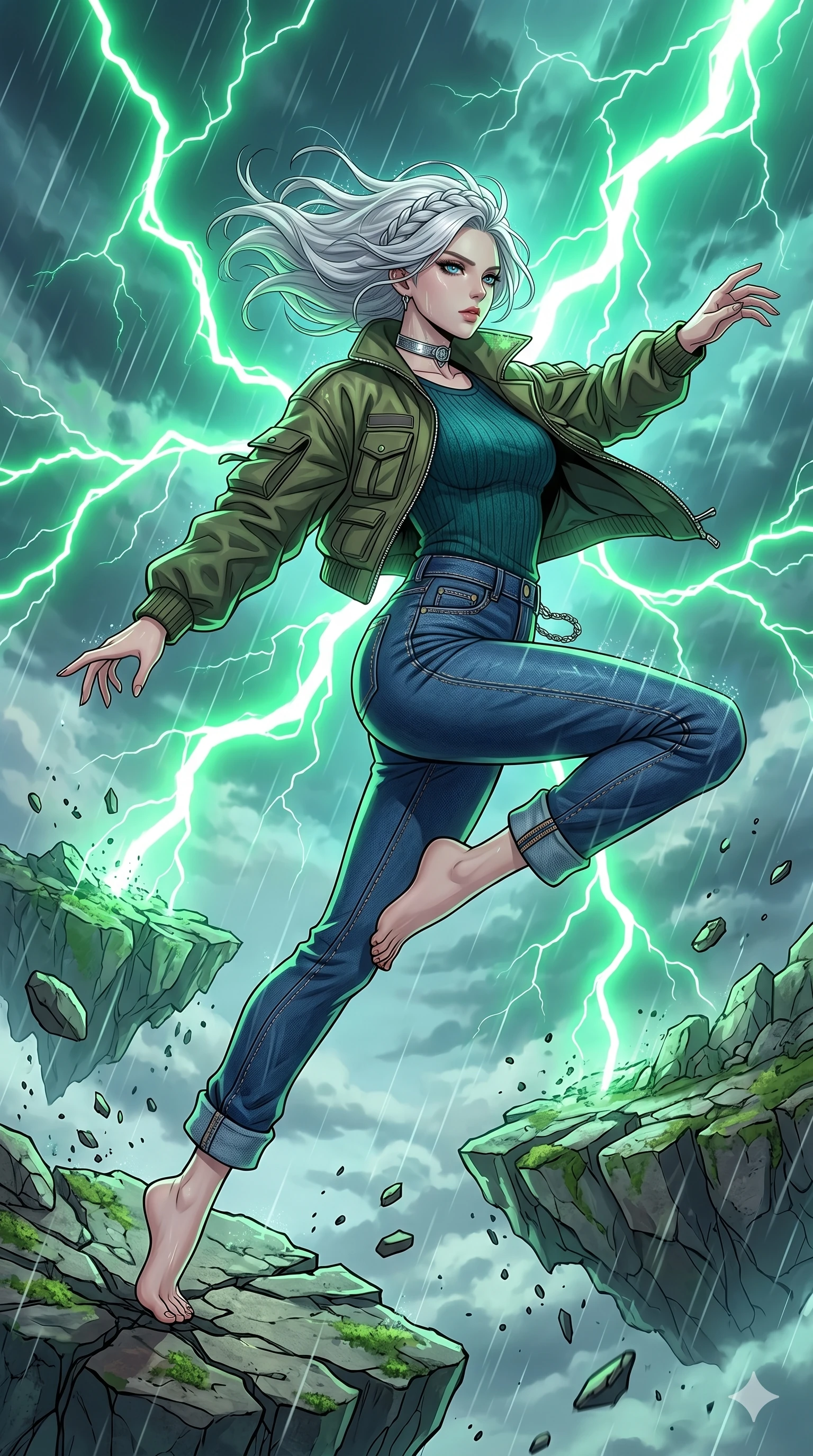 score_9, masterpiece, best quality, ultra-detailed, high-budget anime movie keyframe, cinematic anime lighting, intricate line art, Korean woman. Dynamic full-body shot stretching the vertical silhouette with extreme perspective. leaping between floating islands in a storm of emerald lightning. She has an graceful and slender female figure with elegant proportions. strictly human anatomy, two legs only, no extra limbs, clearly defined legs and arms, well-defined anatomy, perfect hands and fingers. sharp v-shaped jawline, high-bridge nose, intricate jewel-like eyes, thick eyelashes, glossy lips. Wearing Urban Trendsetter: Stylish urban outfit with a fitted top, high-waist denim, and a trendy jacket. The scene is illuminated by dramatic atmospheric lighting and vibrant color palettes. , 2k, ultra detail, master piece, 9:16 ratio