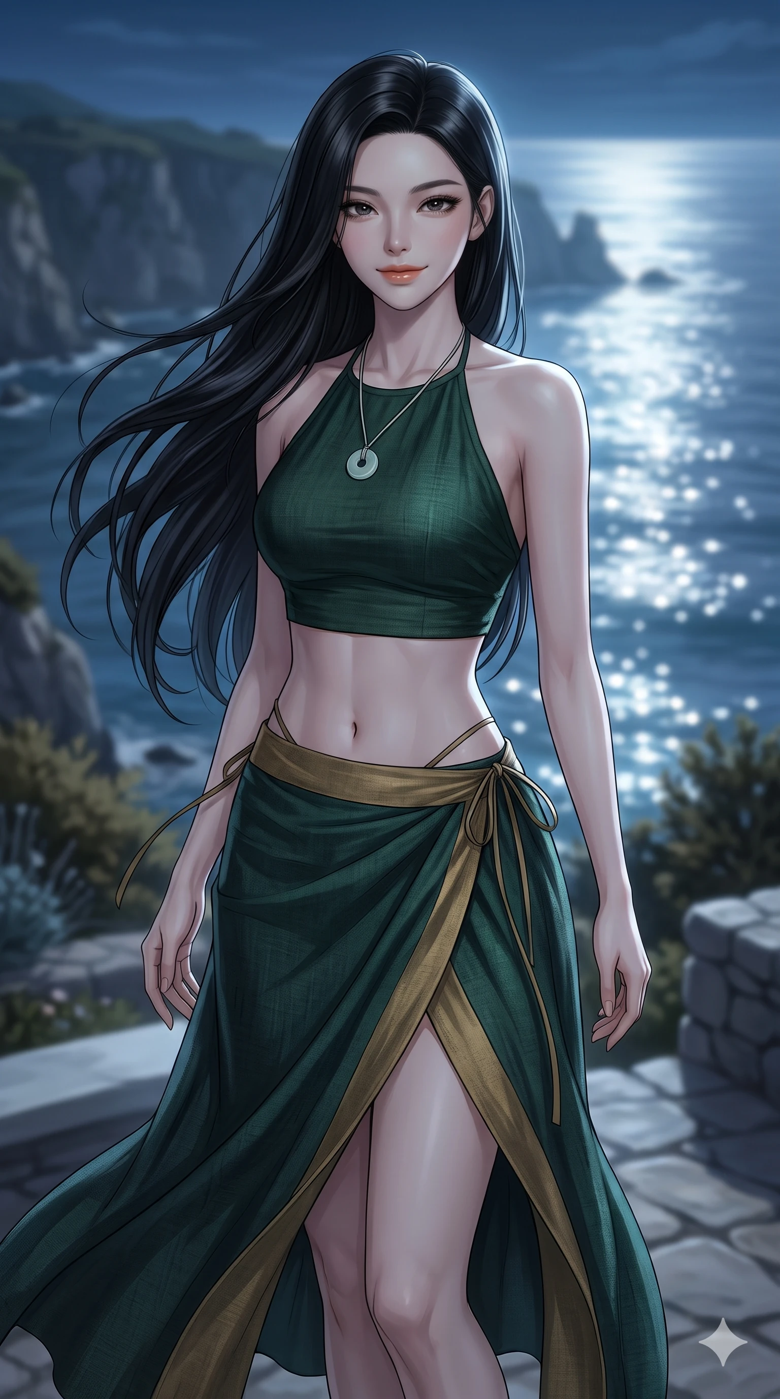 score_9, masterpiece, best quality, ultra-detailed, high-budget anime keyframe, editorial fashion photography, tasteful artistic composition, Korean woman. close-up cowboy shot from the waist and thighs up, the character dominates the composition, filling the frame with her large presence. turning slowly with an enchanting smoldering smile, her glossy hair tossing in the breeze as her hips angle gracefully in a captivating contrapposto while standing tall against the panoramic coastal opening, stretching her statuesque body as maritime breezes whip through her hair. The background shows a soft-focus high-cliff ocean terrace softened in coastal panoramic shallow focus. She has an exceptionally elegant, slender, and willowy female figure with an ultra-slim waist, flat toned midriff, narrow ribcage, and sculpted feminine hips creating an alluring, slim hourglass silhouette without bulk. sharp v-shaped jawline, high-bridge nose, sparkling eyes with hypnotic seductive depth, thick curled eyelashes, glossy parted lips with a natural dewy peach sheen, alluring bedroom-eyes with an enchanting coquettish smile, exuding magnetic siren charisma and sophisticated glamour, flawlessly proportioned anatomical accuracy, strict slender model proportions, natural body alignment, perfectly sculpted long slender limbs, ultra-slim waistline, clean dynamic posture without body distortion. wearing an alluring low-slung modern hanbok wrap skirt with bare waist flanks and delicate silk cord ties in dark emerald forest and brushed antique gold, woven from bespoke Korean ramie fabric with crisp tactile slub texture, finished with a minimalist celadon porcelain pendant on a fine silk cord, the form-contouring silhouette accentuating her sculpted flat midriff, narrow delicate ribcage, and gracefully curvy hips with intoxicating allure. bathed in high-intensity silver moonlight reflecting off open ocean waters. ultra-reflective glossy finish, specular highlights, rich textural contrasts, high-contrast stereoscopic depth, volumetric dynamic lighting, 2k, ultra detail, master piece, 9:16 ratio