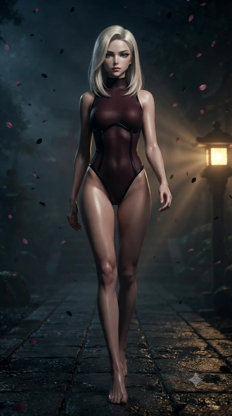 score_9, masterpiece, best quality, ultra-detailed, high-budget anime keyframe, editorial fashion photography, tasteful artistic composition, Caucasian woman. low angle full-body shot from head to toe showing her feet, filling the entire 9:16 vertical frame with her statuesque presence, stretching her vertical silhouette. stepping gracefully through the dark environment, stretching her statuesque silhouette, poised on a dark wet stone pathway under falling black sakura petals, dim gold lantern light casting warm dramatic rays through thick midnight mist. She has an absolutely perfect, statuesque 8.5-heads proportion, an exceptionally tall and slender model-like female figure with impossibly long slender legs and an ultra-slim waist. sharp v-shaped jawline, high-bridge nose, intricate jewel-like eyes with depth, thick eyelashes, glossy lips with a natural sheen. wearing sleek high-neck ribbed activewear bodysuit in matte black in dark mahogany, made of matte carbon-fiber weave, adorned with minimalist black onyx hardware framing the silhouette, sculpting her athletic slender build with refined precision. lit by dim golden key light piercing through heavy midnight fog. highly saturated vibrant anime colors, detailed shading with soft gradients, rich glossy textures, high-contrast stereoscopic depth, volumetric dynamic lighting, master piece, 9:16 ratio