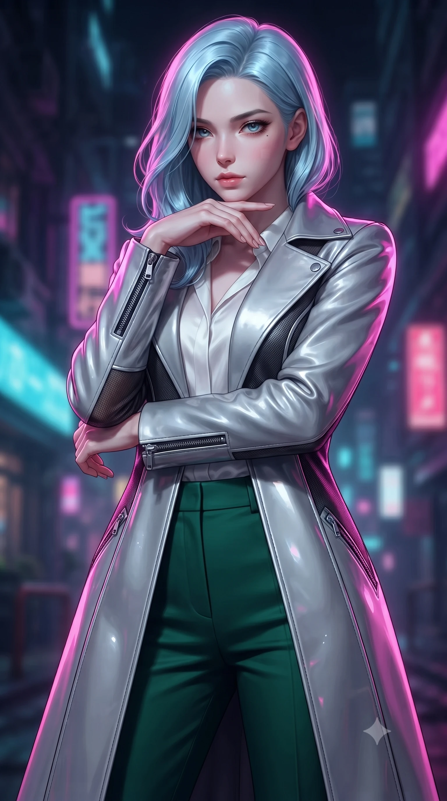 score_9, masterpiece, best quality, ultra-detailed, high-budget anime keyframe, editorial fashion photography, tasteful artistic composition, Korean woman. close-up cowboy shot from the waist and thighs up, the character dominates the composition, filling the frame with her large presence, background elements kept in soft focus. Resting her chin on the backs of her fingers with an air of effortless superiority, glancing sidelong over her shoulder with an enigmatic, smoldering expression, chic urban cyberpunk allure with intense visual presence. She has an exceptionally elegant, slender, and willowy female figure with an ultra-slim waist, a gracefully sculpted slender torso, and a refined silhouette. sharp v-shaped jawline, high-bridge nose, intricate jewel-like eyes with depth, thick eyelashes, glossy lips with a natural sheen. wearing structured platinum leather long coat over white silk blouse and tailored slacks in deep emerald green, made of fine dark contouring mesh, finished with metallic silver boning and sleek zipper points, highlighting her statuesque proportions and ultra-slim waistline. illuminated by vibrant magenta and cyan neon rim light against pitch-black leather. ultra-reflective glossy finish, specular highlights, metallic sheen, high-contrast stereoscopic depth, volumetric dynamic lighting, 2k, ultra detail, master piece, 9:16 ratio