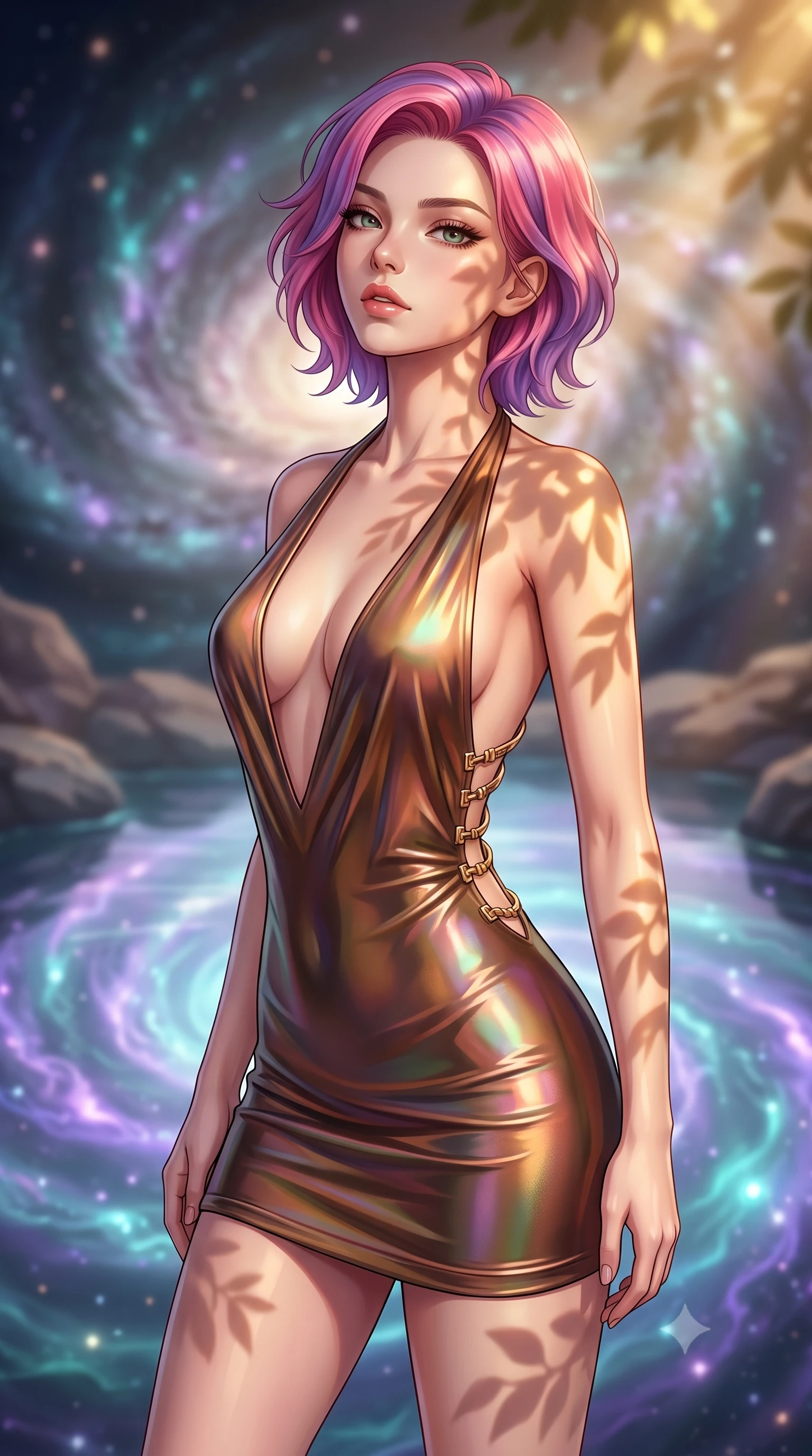 score_9, masterpiece, best quality, ultra-detailed, high-budget anime keyframe, editorial fashion photography, tasteful artistic composition, Caucasian woman, strictly human ears. close-up cowboy shot from the waist and thighs up, the character dominates the composition, filling the frame with her large presence, background elements kept in soft focus. Tilting her chin up slightly with lips parted in a composed expression. set against a soft-focus background of a natural rock pool at the very edge of a spiral galaxy where cosmic gases collect in swirling bioluminescent patterns of violet and teal galaxies reflected in the still luminous surface. She has an exceptionally elegant and slender, willowy female figure with an ultra-slim waist, a gracefully sculpted slender torso, and a refined slim physique. sharp v-shaped jawline, high-bridge nose, intricate jewel-like eyes with depth, thick eyelashes, glossy lips with a natural sheen. wearing a deep-V bodycon mini dress in shifting liquid bronze, featuring a dramatic open back and gold spine hardware. warm golden afternoon sunbeams casting soft organic leaf shadows across her skin. 2k, ultra detail, master piece, 9:16 ratio