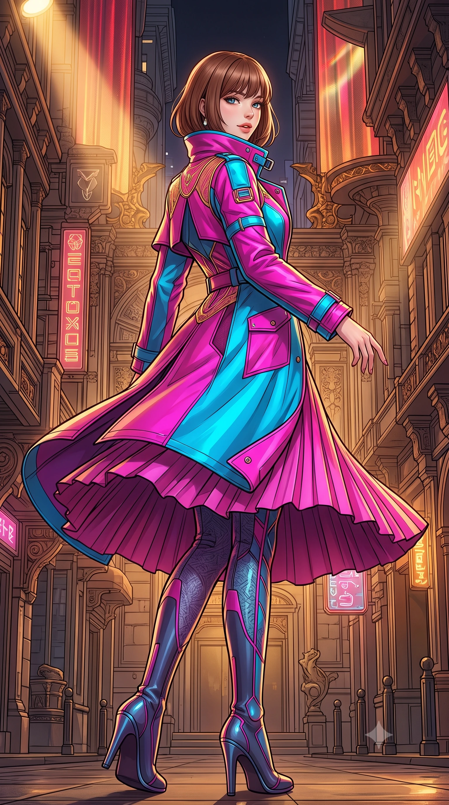 score_9, masterpiece, best quality, ultra-detailed, high-budget anime keyframe, semi-realistic 3D game render, editorial fashion photography, tasteful artistic composition, Caucasian woman. low angle full-body shot from head to toe showing her feet, filling the entire 9:16 vertical frame with her statuesque presence, stretching her vertical silhouette. executing a slow, graceful pivot turn as her skirt sways around her slender legs, glancing back with an enchanting, teasing sensual expression while twisting her slender torso in an alluring contrapposto stance, fiber-optic gold filigree and crimson velvet light wrapping around her narrow waist and curvy hips. The surrounding environment is rendered in vivid detail and crisp panoramic clarity: detailed anime keyframe lines, rich fabric textures, and monumental cyber-baroque architecture in razor-sharp precision. She has an exceptionally tall and slender model-like 8.5-heads proportion, an ultra-slim waist, a flat toned midriff, narrow delicate ribcage, and beautifully sculpted feminine hips creating a graceful, slim hourglass silhouette without any bulky heaviness, with impossibly long slender legs. sharp v-shaped jawline, high-bridge nose, intricate jewel-like sparkling eyes with depth, thick eyelashes, glossy parted lips with a natural peach sheen, bright cheerful beaming smile with an enchanting and coquettish sensual glint, exuding both youthful cute charm and seductive allure, flawlessly proportioned anatomical accuracy, strict slender model proportions, natural body alignment, perfectly sculpted long slender limbs, ultra-slim waistline, clean dynamic posture without body distortion. wearing a tailored high-collar cyberpunk tech-trench coat with magnetic buckle closures and wide storm flaps in Neo-Tokyo neon magenta and electric cyan, crafted from bespoke double-faced cashmere with an exceptionally soft tactile finish, finished with a minimalist chrome choker and a single teardrop diamond pendant, the bespoke structured tailoring following the natural line of her 8.5-heads silhouette with refined elegance. bathed in warm 2600K golden spotlight radiance combined with ruby and amber holographic curtain glow. highly saturated vibrant anime colors, detailed shading with soft gradients, rich glossy textures, high-contrast stereoscopic depth, volumetric dynamic lighting, master piece, 9:16 ratio