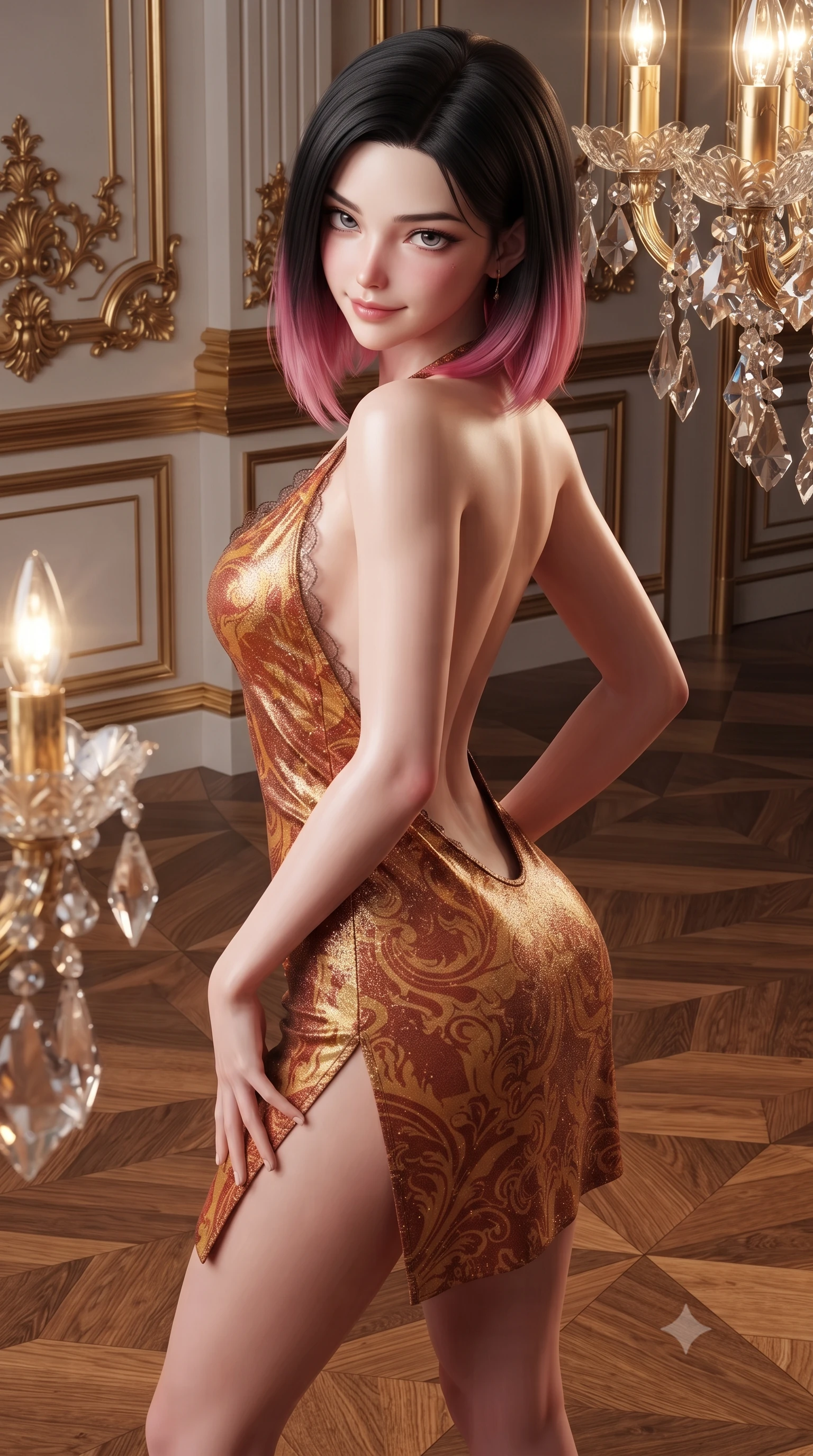 score_9, masterpiece, best quality, ultra-detailed, high-budget anime keyframe, editorial fashion photography, tasteful artistic composition, Korean woman. close-up cowboy shot from the waist and thighs up, the character dominates the composition, filling the frame with her large presence. tilting her head with a teasing half-smile, running one hand slowly down the side of her hip in a flirtatious S-curve as ambient light caresses her silhouette while twisting her slender torso in an alluring contrapposto stance on the polished checkerboard parquet floor, chandelier facets caressing her narrow waist and curvy hips. The surrounding environment is rendered in vivid detail and crisp panoramic clarity: sharp hand-carved gilded acanthus leaf moldings, intricate parquet chevron oak grain, and Bohemian cut-glass prism facets in deep focus. She has an exceptionally elegant, slender, and willowy female figure with an ultra-slim waist, flat toned midriff, narrow ribcage, and sculpted feminine hips creating an alluring, slim hourglass silhouette without bulk. sharp v-shaped jawline, high-bridge nose, intricate jewel-like sparkling eyes with depth, thick eyelashes, glossy parted lips with a natural peach sheen, bright cheerful beaming smile with an enchanting and coquettish sensual glint, exuding both youthful cute charm and seductive allure, flawlessly proportioned anatomical accuracy, strict slender model proportions, natural body alignment, perfectly sculpted long slender limbs, ultra-slim waistline, clean dynamic posture without body distortion. wearing a provocative backless halterneck silk lamé mini dress with deep scoop back down to her lower spine and thigh-high slit in Florentine Renaissance Medici terracotta and warm gilded ochre, woven from stretch metallic lurex jersey casting radiant starlight glints across her curves, finished with scalloped eyelash lace trim framing her sweetheart neckline with intimate elegance, the precision-cut side openings and low-back scoop framing her graceful spine and the sensual sweep of her slim, toned hips. illuminated by polished parquet reflection bounce and sharp champagne-gold rim lights sculpting her razor-sharp jawline, narrow waist, and curvy hips. ultra-reflective glossy finish, specular highlights, rich textural contrasts, high-contrast stereoscopic depth, volumetric dynamic lighting, 2k, ultra detail, master piece, 9:16 ratio