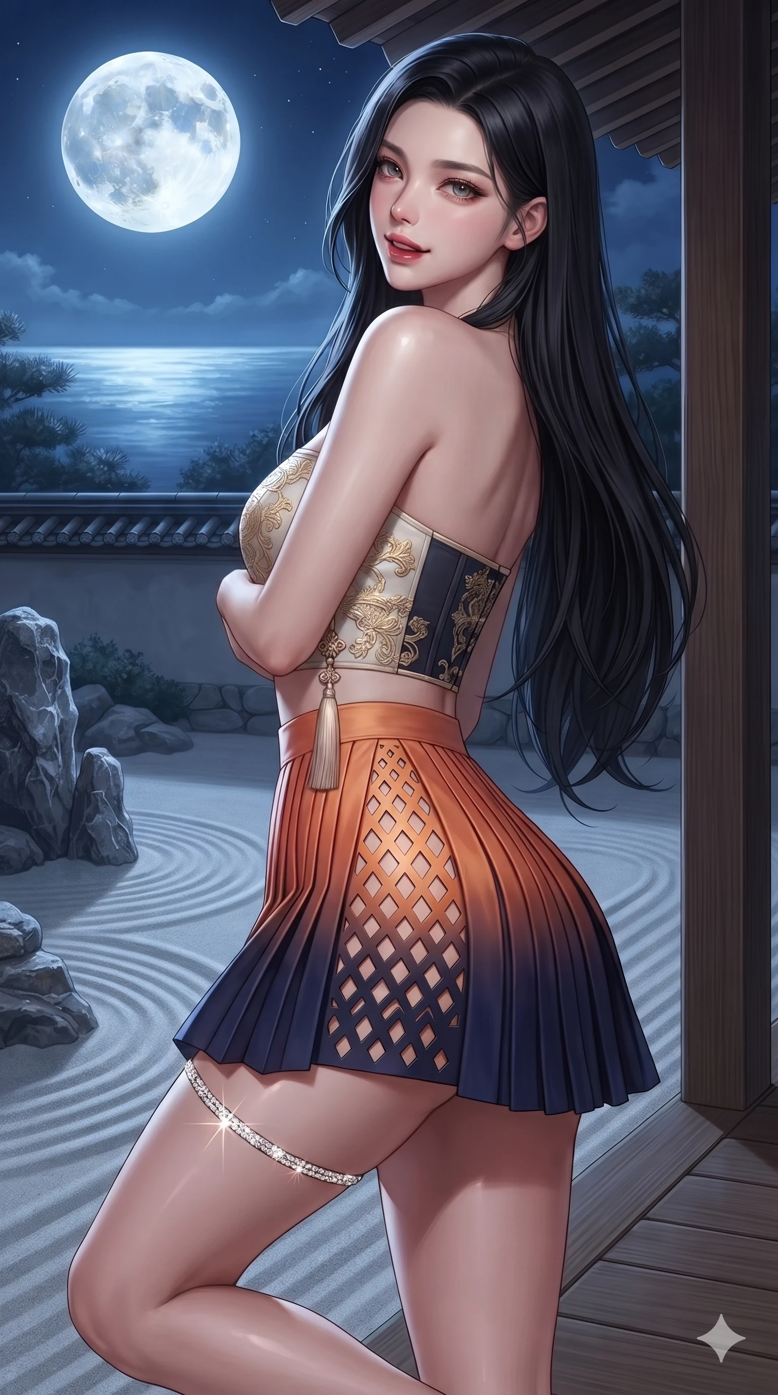 score_9, masterpiece, best quality, ultra-detailed, high-budget anime keyframe, editorial fashion photography, tasteful artistic composition, Korean woman. close-up cowboy shot from the waist and thighs up, the character dominates the composition, filling the frame with her large presence. posing in an alluring rear three-quarter angle, looking over a bare shoulder with parted glossy lips, her hips cocked back to highlight her slim hourglass curve while twisting her slender torso in an alluring contrapposto stance, cool full-moon beams tracing her flat midriff and curvy hips. The surrounding environment is rendered in vivid detail and crisp panoramic clarity: sharp raked sand ridge crests, scholar stone mineral veining, and polished cypress wood veranda grain in deep focus. She has an exceptionally elegant, slender, and willowy female figure with an ultra-slim waist, flat toned midriff, narrow ribcage, and sculpted feminine hips creating an alluring, slim hourglass silhouette without bulk. sharp v-shaped jawline, high-bridge nose, sparkling eyes with hypnotic seductive depth, thick curled eyelashes, glossy parted lips with a natural dewy peach sheen, alluring bedroom-eyes with an enchanting coquettish smile, exuding magnetic siren charisma and sophisticated glamour, flawlessly proportioned anatomical accuracy, strict slender model proportions, natural body alignment, perfectly sculpted long slender limbs, ultra-slim waistline, clean dynamic posture without body distortion. wearing a modern boned hanbok bustier top with norigae tassel paired with an ultra-short micro-pleated silk wrap mini skirt in sunset tangerine orange and deep navy indigo, adorned with laser-cut diamond side panels revealing teasing glimpses of bare skin, accented with a delicate crystal-encrusted thigh garter strap glinting under the lights, the bespoke structured tailoring following the natural line of her 8.5-heads silhouette with refined elegance. bathed in the blinding, crisp 5500K silver light of the full moon reflecting off white sand. ultra-reflective glossy finish, specular highlights, rich textural contrasts, high-contrast stereoscopic depth, volumetric dynamic lighting, 2k, ultra detail, master piece, 9:16 ratio