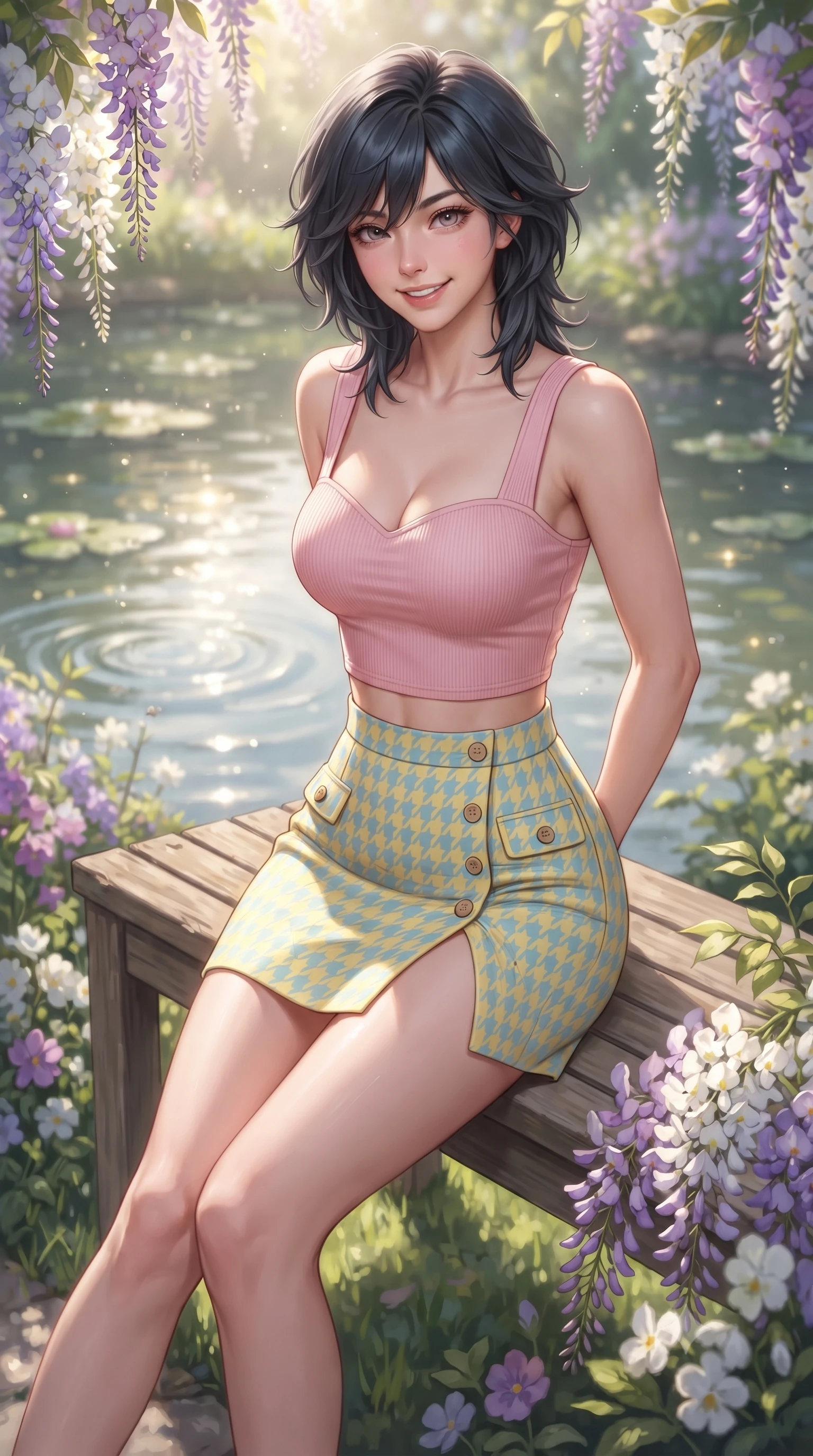 score_9, masterpiece, best quality, ultra-detailed, high-budget anime keyframe, editorial fashion photography, tasteful artistic composition, Caucasian woman. close-up cowboy shot from the waist and thighs up, the character dominates the composition, filling the frame with her large presence. resting both hands lightly behind her back while leaning toward the lens with a cheerful, teasing grin, her form-fitting outfit hugging her narrow waist and feminine hip curve while reclining on a wooden garden bench beside the pond, her long slender legs and curvy hips framed by blooming purple and white flowers. The composition keeps background elements in soft focus with dreamy creamy bokeh. sun-dappled pond reflections and gentle water ripples softened in impressionist romantic shallow focus. She has an exceptionally elegant, slender, and willowy female figure with an ultra-slim waist, flat toned midriff, narrow ribcage, and sculpted feminine hips creating an alluring, slim hourglass silhouette without bulk. sharp v-shaped jawline, high-bridge nose, intricate jewel-like sparkling eyes with depth, thick eyelashes, glossy parted lips with a natural peach sheen, bright cheerful beaming smile with an enchanting and coquettish sensual glint, exuding both youthful cute charm and seductive allure, flawlessly proportioned anatomical accuracy, strict slender model proportions, natural body alignment, perfectly sculpted long slender limbs, ultra-slim waistline, clean dynamic posture without body distortion. wearing a sweetheart-neckline baby-pink crop top with a high-slit wrap mini skirt accentuating her waist-to-hip curve in sunny daffodil yellow and clear sky blue, formed from supple second-skin stretch ribbed knit clinging to her form, finished with neat front wooden buttons and delicate pocket details, the high-waisted tailoring accentuating her ultra-slim waistline and the enchanting curve of her feminine hips with alluring charm. bathed in soft, radiant morning French sunshine filtering through wisteria blossoms. ultra-reflective glossy finish, specular highlights, rich textural contrasts, high-contrast stereoscopic depth, volumetric dynamic lighting, 2k, ultra detail, master piece, 9:16 ratio