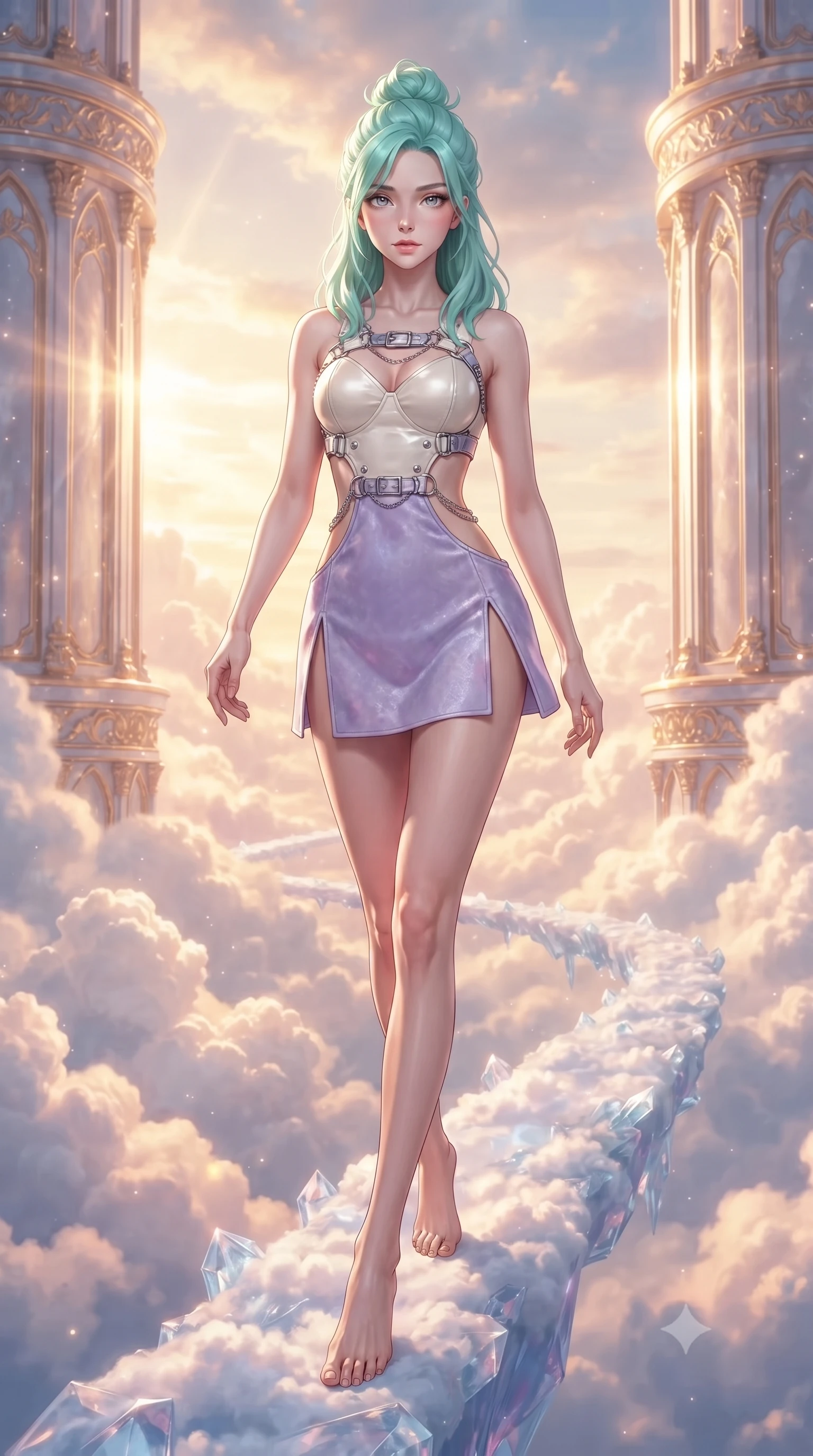 score_9, masterpiece, best quality, ultra-detailed, high-budget anime keyframe, editorial fashion photography, tasteful artistic composition, Japanese woman. low angle full-body shot from head to toe showing her feet, filling the entire 9:16 vertical frame with her statuesque presence, stretching her vertical silhouette. navigating the celestial sanctuary with an effortless, graceful stride, stepping along a crystalline cloud bridge connecting two sky towers, rose-gold sunset rays penetrating soft cumulus cloud formations. She has an absolutely perfect, statuesque 8.5-heads proportion, an exceptionally tall and slender model-like female figure with impossibly long slender legs and an ultra-slim waist. sharp v-shaped jawline, high-bridge nose, intricate jewel-like eyes with depth, thick eyelashes, glossy lips with a natural sheen. wearing dramatic open-waist cutout mini dress in opal velvet framed by chrome hardware in pastel lavender violet, made of polished ivory leather, framed by polished silver buckles and delicate chain details, following her slender form with tailored precision. bathed in warm golden sunrise beams filtering through soft rose clouds. highly saturated vibrant anime colors, detailed shading with soft gradients, rich glossy textures, high-contrast stereoscopic depth, volumetric dynamic lighting, master piece, 9:16 ratio