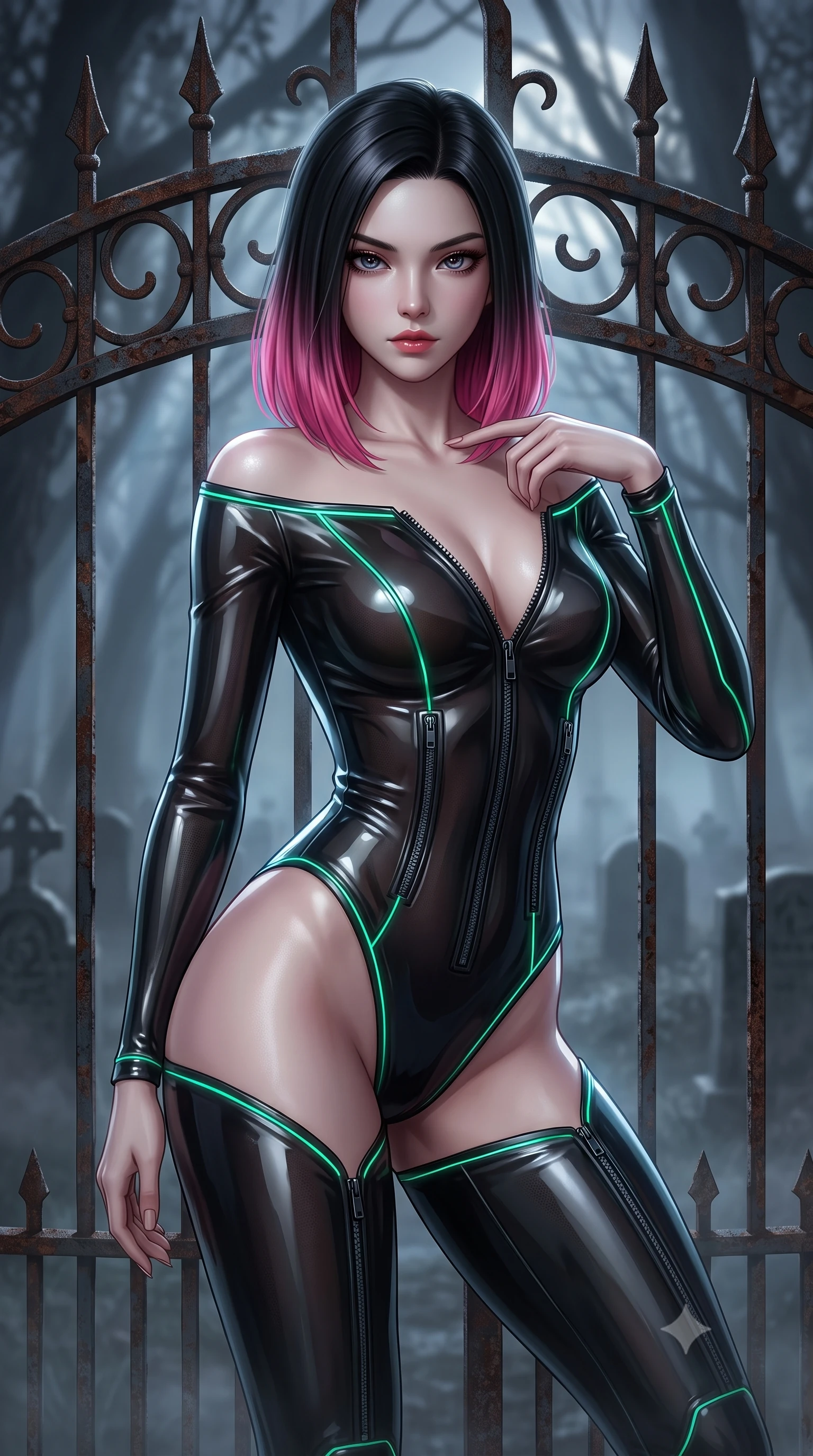 score_9, masterpiece, best quality, ultra-detailed, high-budget anime keyframe, semi-realistic 3D game render, editorial fashion photography, tasteful artistic composition, Korean woman. close-up cowboy shot from the waist and thighs up, the character dominates the composition, filling the frame with her large presence. leaning forward with a dangerous, enticing smolder, trailing one finger slowly along her bare collarbone while casting a fiery, magnetic direct gaze while leaning against a rusted Victorian wrought-iron gate in a fog-shrouded midnight cemetery with a captivating, dangerous gaze. The composition keeps background elements in soft focus with creamy bokeh. pale moonlight filtering through tree branches creating soft, luminous light streaks across a dark backdrop. She has an exceptionally elegant, slender, and willowy female figure with an ultra-slim waist, a gracefully sculpted slender torso, toned flat midriff, and a refined slim silhouette. sharp v-shaped jawline, high-bridge nose, intricate jewel-like eyes with depth, thick eyelashes, glossy lips with a natural sheen, flawlessly proportioned anatomical accuracy, strict slender model proportions, natural body alignment, perfectly sculpted long slender limbs, ultra-slim waistline, clean dynamic posture without body distortion. wearing a glossy black second-skin latex bodysuit with high-thigh cuts, exposed clavicle neckline, and gleaming dark zipper details in high-gloss lacquer black and electric emerald highlights, tailored from semi-translucent dark cybernetic vinyl with subtle glowing micro-filaments, accented with glowing fiber-optic seams tracing her collarbones and hip curves in the gloom, the liquid-tight tailored fabric emphasizing every curve of her tall, slender model proportions and sculptured silhouette during dynamic movement. bathed in cool silver moonlight backlighting and dense misty ambient glow. rich saturated anime colors with deep moody shadows, detailed chiaroscuro shading with soft gradients, rich glossy textures, high-contrast stereoscopic depth, volumetric dynamic shadow lighting, master piece, 9:16 ratio
