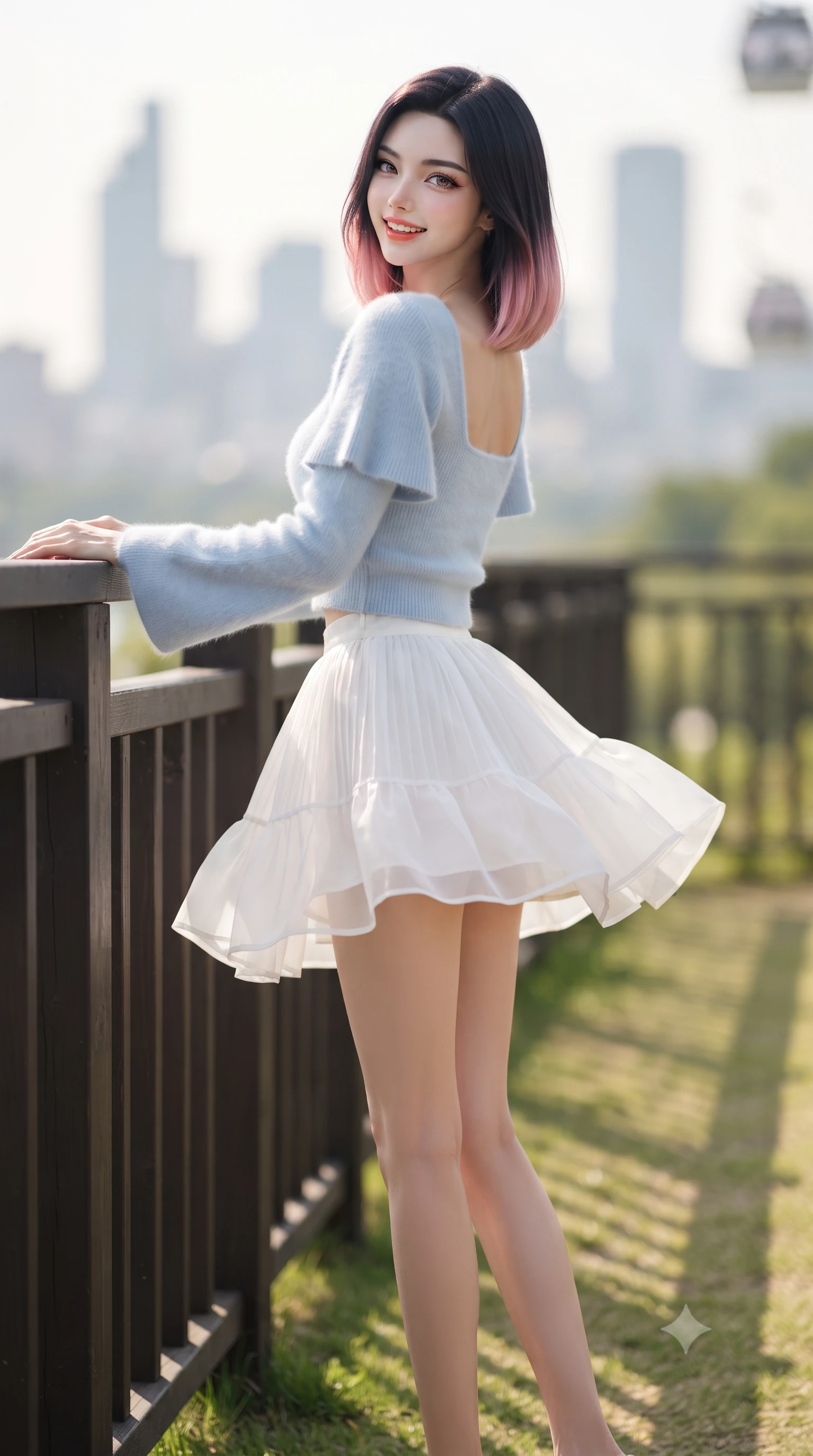 score_9, masterpiece, best quality, ultra-detailed, high-budget anime keyframe, editorial fashion photography, tasteful artistic composition, Korean woman. low angle full-body shot from head to toe showing her feet, filling the entire 9:16 vertical frame with her statuesque presence, stretching her vertical silhouette. executing a cheerful mid-motion pivot turn as her skirt flutters around her slender legs, glancing over her shoulder with an intoxicating, teasing cute expression while leaning against a park timber railing with hips cocked back, looking over a bare shoulder with an alluring, coquettish bedroom-gaze over the downtown skyline. The composition keeps background elements in soft focus with dreamy creamy bokeh. dappled park lawn shadows and distant cable car bells softened in cheerful cinematic shallow focus. She has an exceptionally tall and slender model-like 8.5-heads proportion, an ultra-slim waist, a flat toned midriff, narrow delicate ribcage, and beautifully sculpted feminine hips creating a graceful, slim hourglass silhouette without any bulky heaviness, with impossibly long slender legs. sharp v-shaped jawline, high-bridge nose, intricate jewel-like sparkling eyes with depth, thick eyelashes, glossy parted lips with a natural peach sheen, bright cheerful beaming smile with an enchanting and coquettish sensual glint, exuding both youthful cute charm and seductive allure, flawlessly proportioned anatomical accuracy, strict slender model proportions, natural body alignment, perfectly sculpted long slender limbs, ultra-slim waistline, clean dynamic posture without body distortion. wearing a soft angora crop knit sweater with a sheer pleated organza mini skirt over an opaque silk slip in soft baby blue and crisp cloud white, woven from layered gossamer organza with weightless flutter, featuring elegant flutter sleeves and a graceful square neckline, the precision-cut side openings and low-back scoop framing her graceful spine and the sensual sweep of her slim, toned hips. illuminated by warm grass lawn bounce light contouring her sculpted collarbones, ultra-slim waist, and curvy hips. ultra-reflective glossy finish, specular highlights, rich textural contrasts, high-contrast stereoscopic depth, volumetric dynamic lighting, 2k, ultra detail, master piece, 9:16 ratio