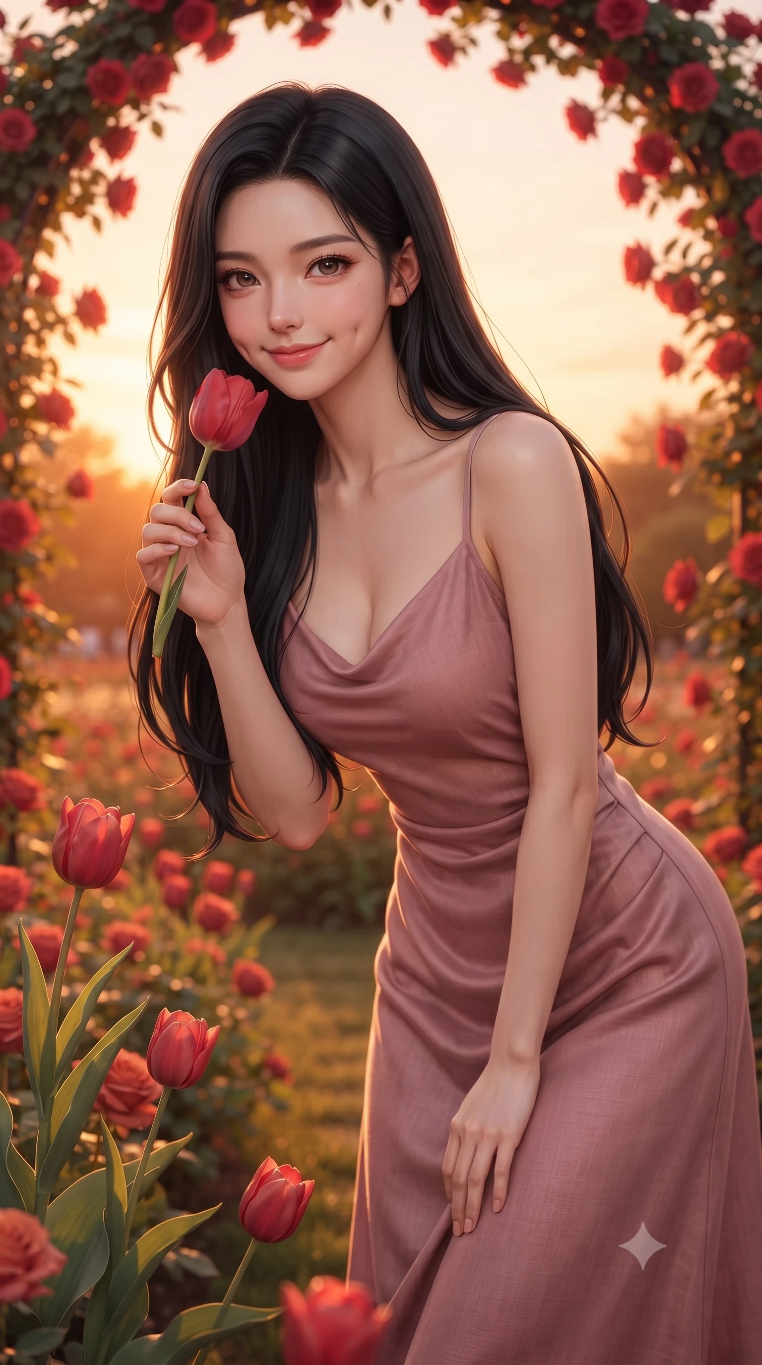 score_9, masterpiece, best quality, ultra-detailed, high-budget anime keyframe, editorial fashion photography, tasteful artistic composition, Korean woman. close-up cowboy shot from the waist and thighs up, the character dominates the composition, filling the frame with her large presence, background elements kept in soft focus. smiling with soft, captivating dimples, casting a warm yet magnetic gaze directly into the lens set against a soft-focus background of in a beautifully landscaped rose garden with archways of red roses bending down to smell a red tulip with a sweet, lovely expression. She has an exceptionally elegant, slender, and willowy female figure with an ultra-slim waist, a gracefully sculpted slender torso, and a refined silhouette. sharp v-shaped jawline, high-bridge nose, intricate jewel-like eyes with depth, thick eyelashes, glossy lips with a natural sheen. wearing slim-fit flowy linen sundress in dusty rose, draped softly and comfortably. golden hour sunset light casting a warm, romantic orange glow over the field. ultra-reflective glossy finish, specular highlights, metallic sheen, high-contrast stereoscopic depth, volumetric dynamic lighting, 2k, ultra detail, master piece, 9:16 ratio