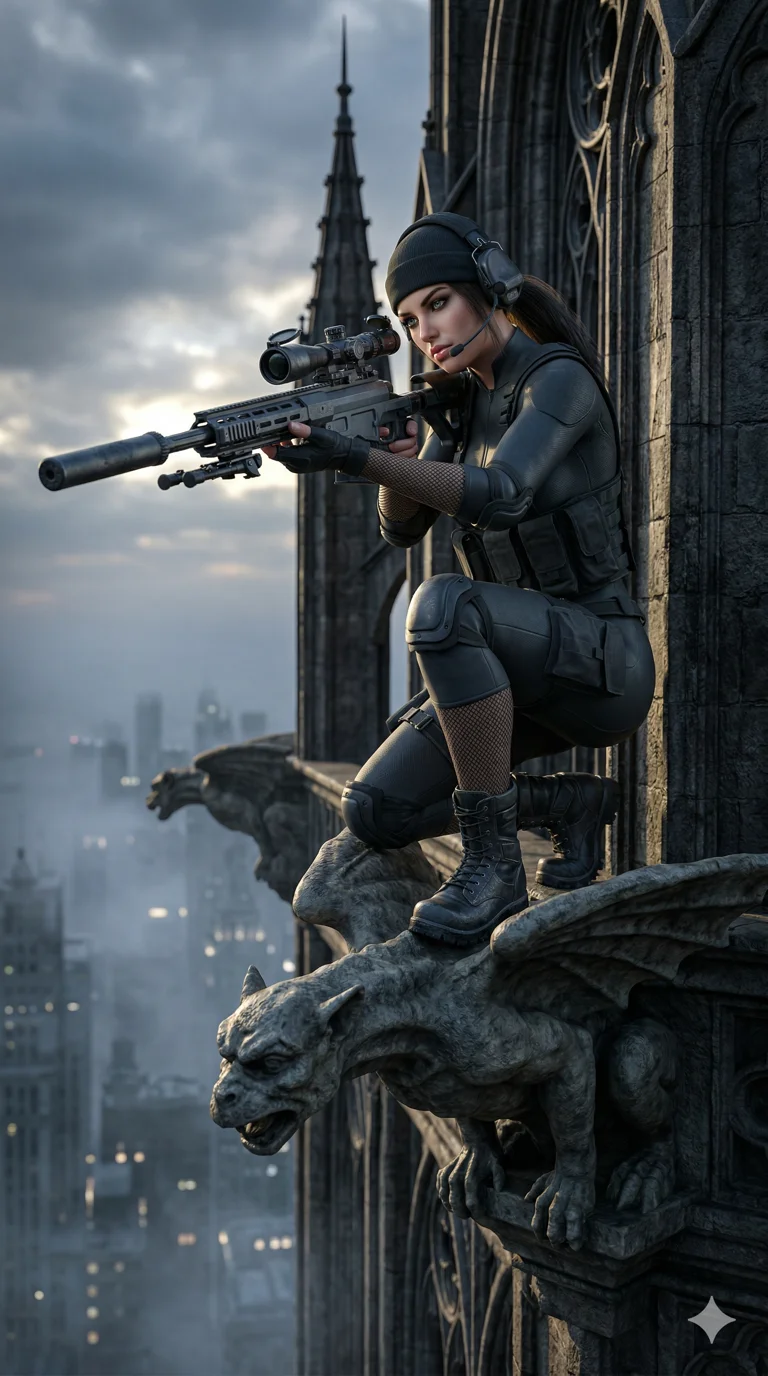 score_9, masterpiece, best quality, ultra-detailed, photorealistic 8k CG render, an incredibly beautiful Caucasian woman (strictly human ears). Full-body shot stretching the vertical silhouette, dominating the 9:16 frame. She is a sniper perched on a gargoyle. Her figure boasts an absolutely perfect 8-heads proportion, an exceptionally tall and slender build emphasizing a delicate skinny aesthetic. Her face is a flawless masterpiece with a sharp v-shaped jawline, high-bridge nose, expressive jewel-like eyes, thick eyelashes, and perfectly glossy lips. She is wearing a skin-tight matte black stealth suit with sensual fishnet stockings. A towering gothic skyscraper overlooking a foggy metropolis, dramatic rim lighting., 2k, ultra detail, master piece, 9:16 ratio