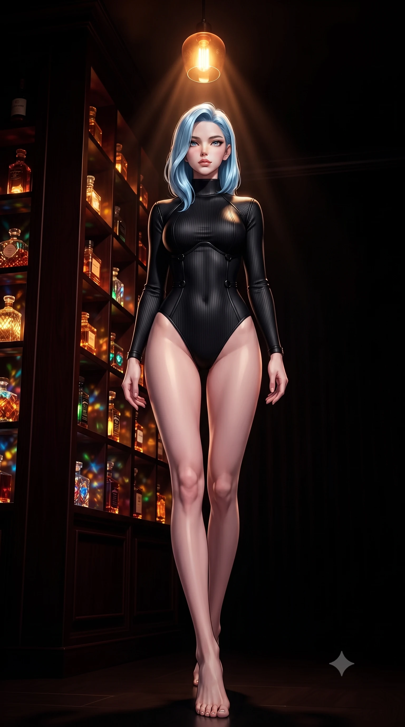 score_9, masterpiece, best quality, ultra-detailed, high-budget anime keyframe, editorial fashion photography, tasteful artistic composition, Korean woman. low angle full-body shot from head to toe showing her feet, filling the entire 9:16 vertical frame with her statuesque presence, stretching her vertical silhouette. stepping gracefully through the luxurious environment, stretching her statuesque silhouette, poised near a dark mahogany partition filled with glowing amber crystal bottles, sensual nocturnal ambiance with high-fashion luxury details. She has an absolutely perfect, statuesque 8.5-heads proportion, an exceptionally tall and slender model-like female figure with impossibly long slender legs and an ultra-slim waist. sharp v-shaped jawline, high-bridge nose, intricate jewel-like eyes with depth, thick eyelashes, glossy lips with a natural sheen. wearing sleek high-neck ribbed activewear bodysuit in matte black in pitch-black onyx, made of polished black leather, adorned with minimalist black onyx hardware framing the silhouette, contouring every curve with an exceptionally elegant silhouette. illuminated by a single warm amber pendant light directly above into pitch darkness. highly saturated vibrant anime colors, detailed shading with soft gradients, rich glossy textures, high-contrast stereoscopic depth, volumetric dynamic lighting, master piece, 9:16 ratio