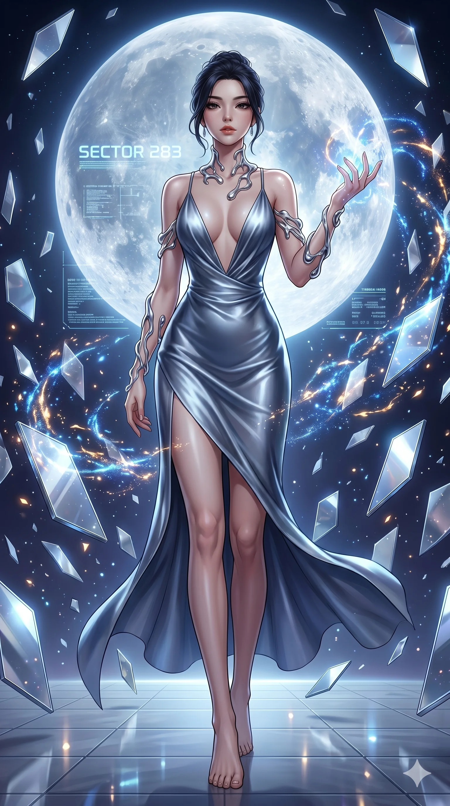 score_9, masterpiece, best quality, ultra-detailed, Set A: High-budget Anime Keyframe, Korean woman. Low angle cowboy shot filling the entire 9:16 frame with her statuesque presence. Casting a spell through a dimension of floating mirrors, with a massive holographic moon rising behind her marked as sector 283 and surrounded by glowing energy sparks. She has an absolutely perfect 8-heads proportion, an exceptionally tall and slender female figure with impossibly long slender legs and an ultra-slim waist. Sharp v-shaped jawline, high-bridge nose, intricate jewel-like eyes with depth, thick eyelashes, glossy lips with a natural sheen. Wearing Elegant silk slip dress with a dangerously low neckline and molten mercury accessories. Cinematic lighting, vibrant colors, dramatic shadows, 2k, ultra detail, master piece, 9:16 ratio