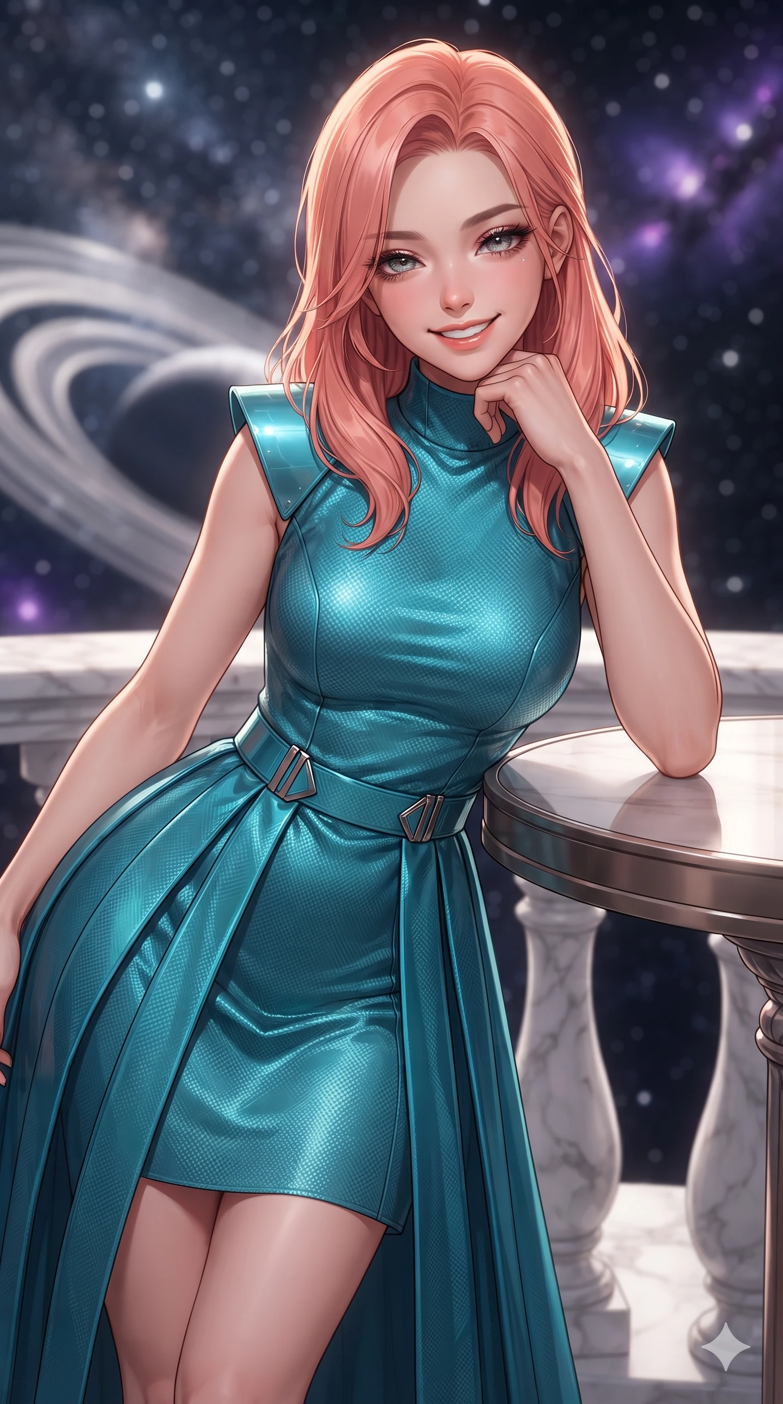 score_9, masterpiece, best quality, ultra-detailed, high-budget anime keyframe, editorial fashion photography, tasteful artistic composition, Japanese woman. close-up cowboy shot from the waist and thighs up, the character dominates the composition, filling the frame with her large presence. resting one elbow on the table and supporting her chin, leaning close to the camera with heavy-lidded sparkling eyes and parted lips while leaning against the carved marble balustrade with hips cocked back, looking through the deep midnight void at dense star clusters with intoxicating smoldering bedroom-eyes. The background shows a soft-focus concentric levitating platinum rings, dense Milky Way star clouds, and distant purple emission nebulae blurred into diamond, platinum, and sapphire bokeh. She has an exceptionally elegant, slender, and willowy female figure with an ultra-slim waist, flat toned midriff, narrow ribcage, and sculpted feminine hips creating an alluring, slim hourglass silhouette without bulk. sharp v-shaped jawline, high-bridge nose, intricate jewel-like sparkling eyes with depth, thick eyelashes, glossy parted lips with a natural peach sheen, bright cheerful beaming smile with an enchanting and coquettish sensual glint, exuding both youthful cute charm and seductive allure, flawlessly proportioned anatomical accuracy, strict slender model proportions, natural body alignment, perfectly sculpted long slender limbs, ultra-slim waistline, clean dynamic posture without body distortion. wearing an elegant high-neck silk georgette diplomatic gown with structured geometric shoulder plates and pleated A-line skirt in cyber-shinto vermilion and laser turquoise, woven from structured carbon-fiber jacquard with rich textural depth, finished with sleek magnetic buckle closures fluttering in the breeze, the bespoke structured tailoring following the natural line of her 8.5-heads silhouette with refined elegance. illuminated by white marble floor bounce and sharp diamond-platinum rim lights defining her razor-sharp jawline, narrow waist, and curvy hips. ultra-reflective glossy finish, specular highlights, rich textural contrasts, high-contrast stereoscopic depth, volumetric dynamic lighting, 2k, ultra detail, master piece, 9:16 ratio
