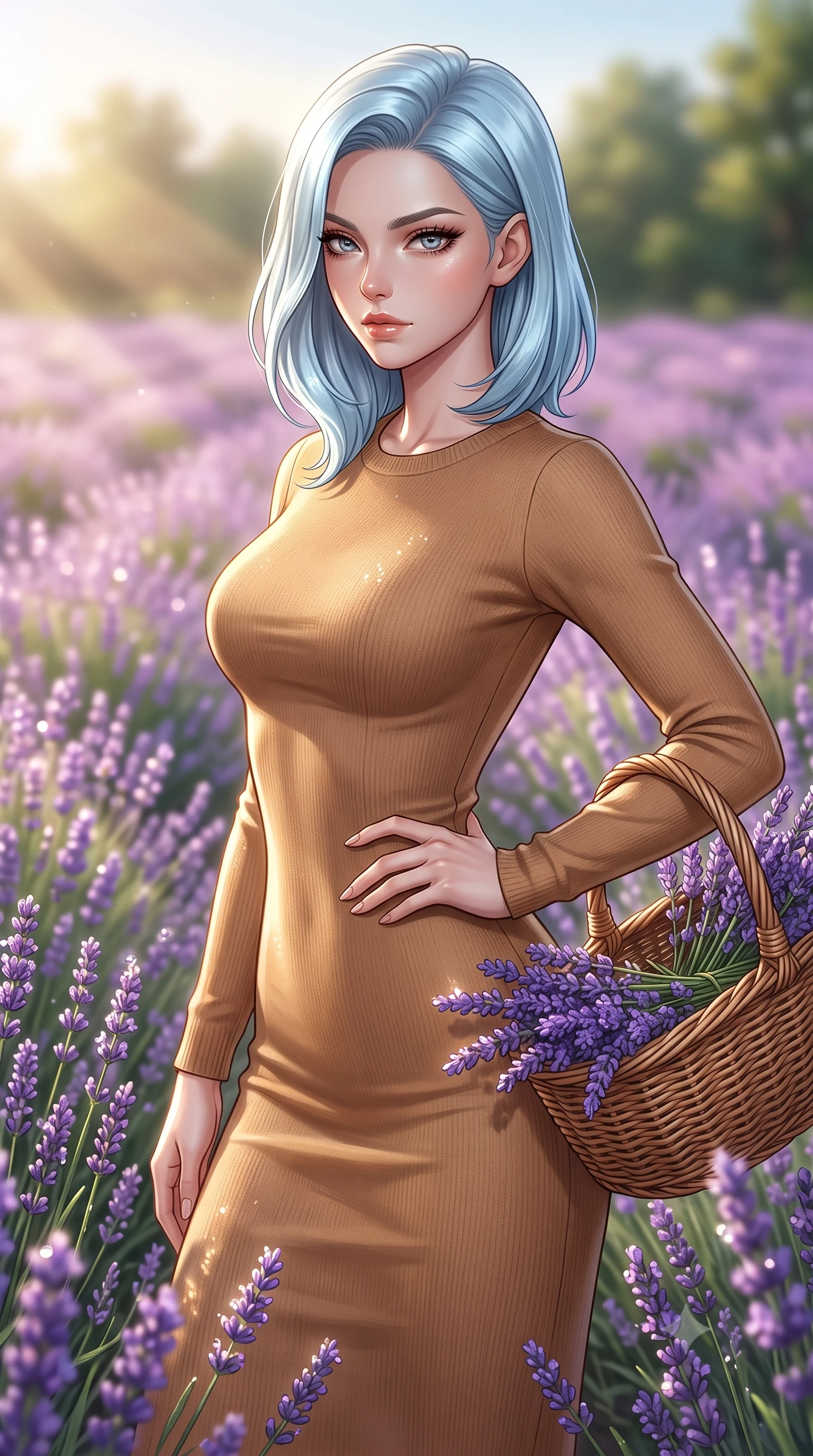 score_9, masterpiece, best quality, ultra-detailed, high-budget anime keyframe, editorial fashion photography, tasteful artistic composition, Korean woman. close-up cowboy shot from the waist and thighs up, the character dominates the composition, filling the frame with her large presence, background elements kept in soft focus. resting one hand on her waist, casting a smoldering, enticing side-gaze at the viewer set against a soft-focus background of surrounded by a beautiful purple meadow of blooming wild lavender carrying a woven basket filled with freshly picked lavender stems. She has an exceptionally elegant, slender, and willowy female figure with an ultra-slim waist, a gracefully sculpted slender torso, and a refined silhouette. sharp v-shaped jawline, high-bridge nose, intricate jewel-like eyes with depth, thick eyelashes, glossy lips with a natural sheen. wearing tailored body-hugging long-sleeve knit dress in camel, outlining her slender silhouette. warm morning sunbeams creating fresh dewdrop glints on the flower petals. ultra-reflective glossy finish, specular highlights, metallic sheen, high-contrast stereoscopic depth, volumetric dynamic lighting, 2k, ultra detail, master piece, 9:16 ratio