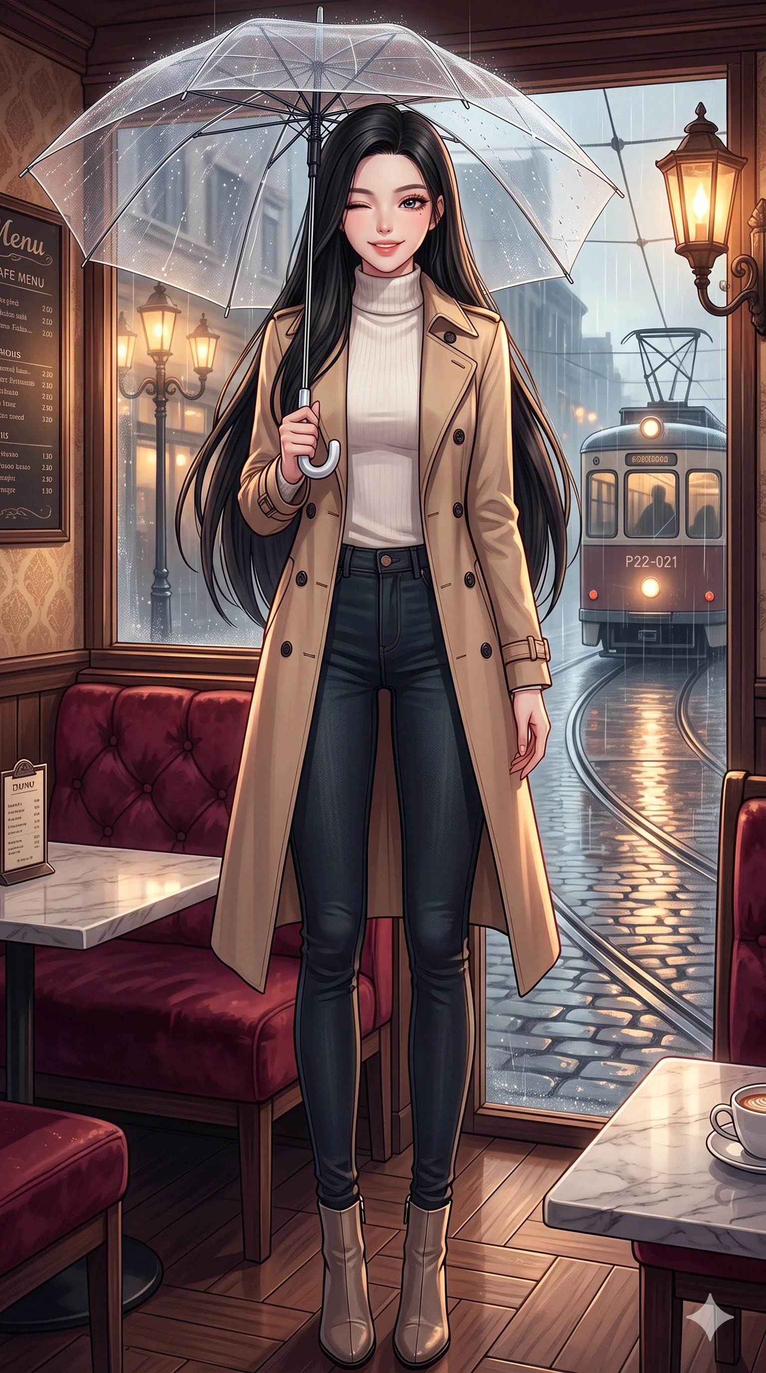 score_9, masterpiece, best quality, ultra-detailed, high-budget anime keyframe, vibrant anime aesthetic, Korean woman. low angle full-body shot from head to toe showing her feet, filling the entire 9:16 vertical frame with her statuesque presence, stretching her vertical silhouette. She is standing under a clear umbrella, winking playfully with a delightful smile, looking directly into the lens surrounded by fresh morning mist. inside a retro-themed cafe corner with plush velvet booths and a view of rain-slicked tram tracks outside (Code-P22-021). She has an absolutely perfect 8-heads proportion, an exceptionally tall and slender female figure with impossibly long slender legs and an ultra-slim waist. V-shaped jawline, high-bridge nose, intricate jewel-like eyes with depth, thick eyelashes, glossy lips with a natural sheen. wearing a classic beige trench coat over a white turtleneck sweater and dark skinny jeans with stylish boots. She is illuminated by warm gaslight street lamps, casting soft reflections on wet pavements, outlining her perfect 8-heads proportion during a refreshing sun shower. 2k, ultra detail, master piece, 9:16 ratio