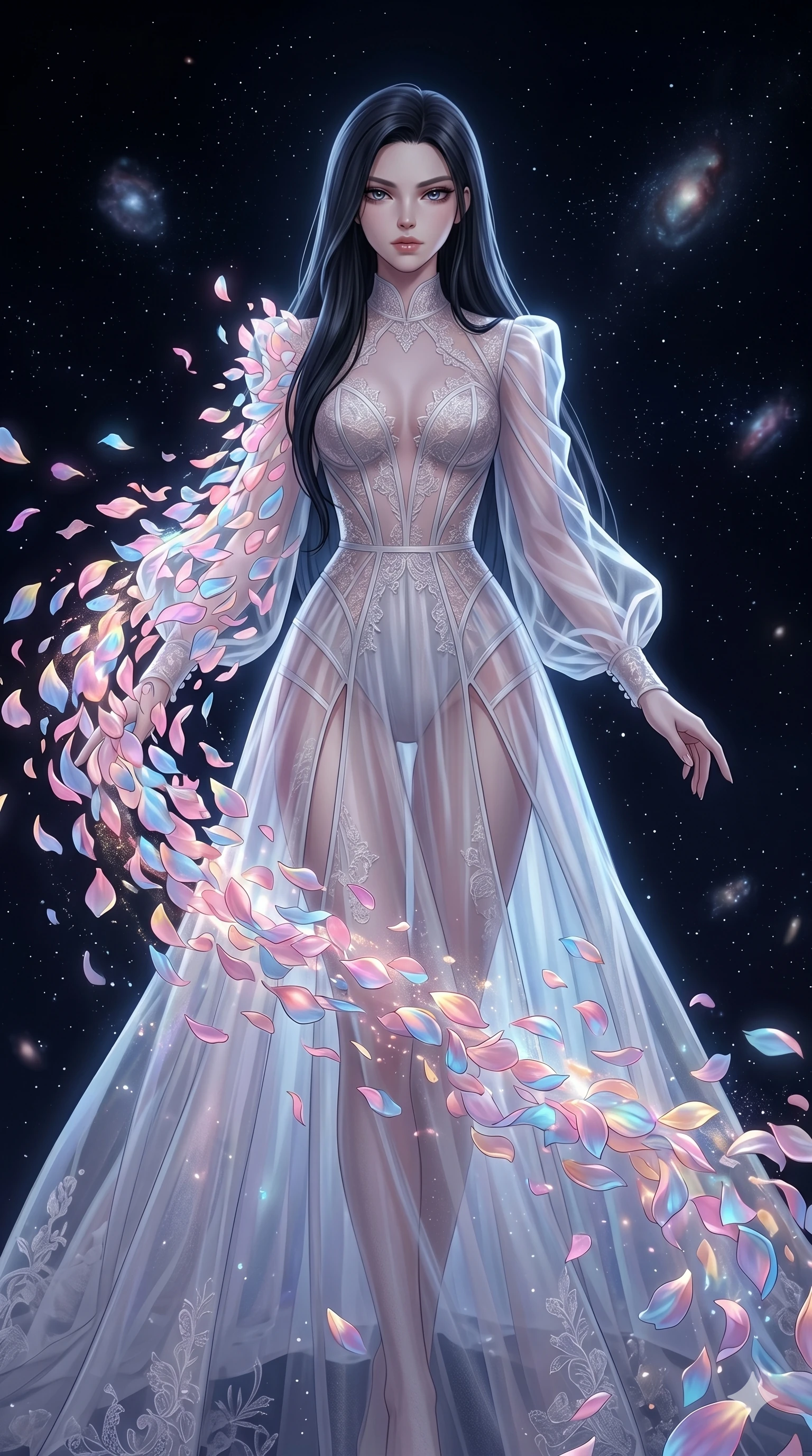 score_9, masterpiece, best quality, ultra-detailed, High-budget Anime Keyframe, East Asian woman. Low angle cowboy shot filling the entire 9:16 frame with her statuesque presence. Scenario 161: Dissolving into a cloud of iridescent silk petals in a void. Her presence is magnetic and overpowering in this high-budget anime scene. Outfit 161: A translucent organza avant-garde with a elegant high-fashion silhouette and delicate lace embroidery. The clothing is designed to emphasize her exceptionally tall and slender 8-heads proportion. 8-heads proportion, towering silhouette, ultra-slim waist. sharp v-shaped jawline, intricate jewel-like eyes with depth, thick eyelashes, glossy lips. 2k, ultra detail, master piece, 9:16 ratio
