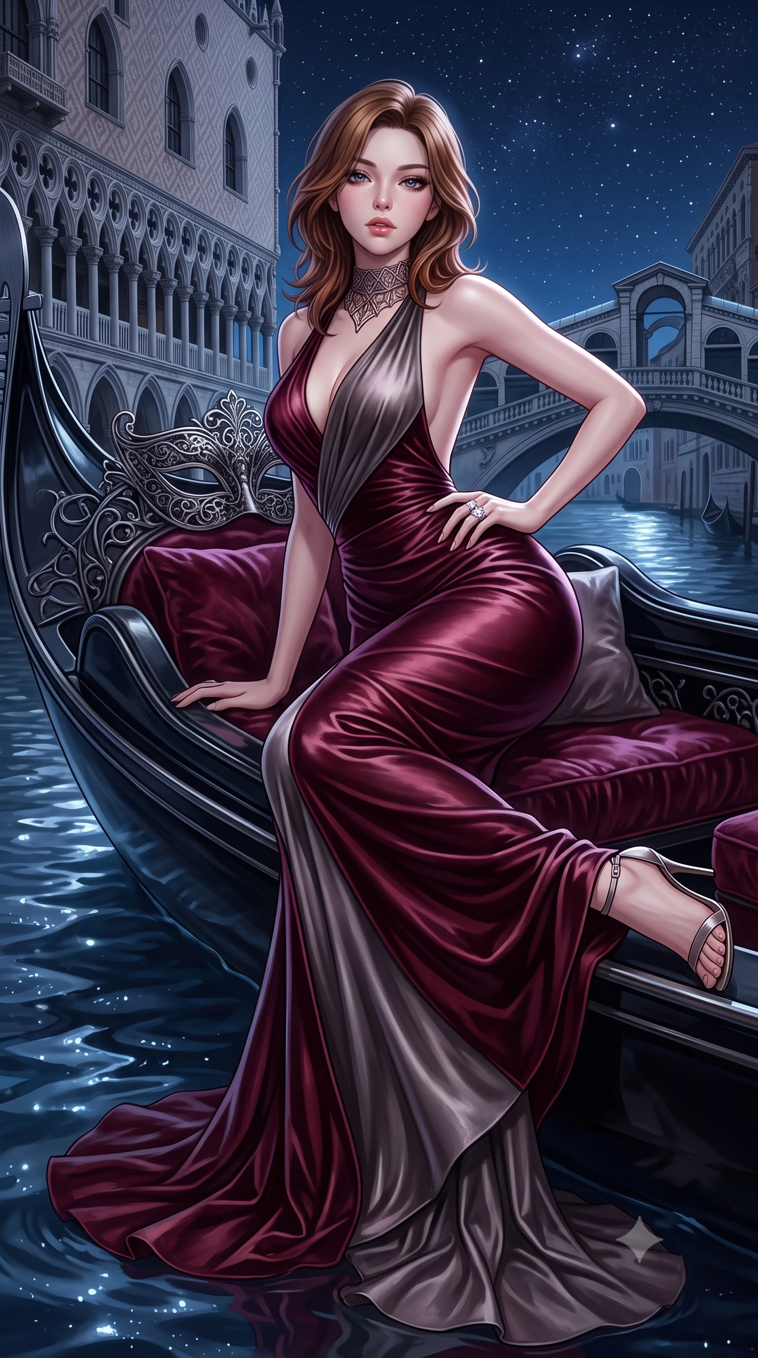score_9, masterpiece, best quality, ultra-detailed, high-budget anime keyframe, semi-realistic 3D game render, editorial fashion photography, tasteful artistic composition, Korean woman. low angle full-body shot from head to toe showing her feet, filling the entire 9:16 vertical frame with her statuesque presence, stretching her vertical silhouette. leaning deep against the structural architecture with hips cocked in an unapologetically bold, seductive high-fashion stance while reclining on her side across the velvet cushions of a sleek black gondola, arching her lower back with one slender leg extended as moonlit canal ripples mirror her curvy hips. The surrounding environment is rendered in vivid detail and crisp panoramic clarity. detailed mask filigree, silk dress drape folds, and starry night sky reflections in high resolution. She has an exceptionally tall and slender model-like 8.5-heads proportion, an ultra-slim waist, a flat toned midriff, narrow delicate ribcage, and beautifully sculpted feminine hips creating a graceful, slim hourglass silhouette without any bulky heaviness, with impossibly long slender legs. sharp v-shaped jawline, high-bridge nose, intricate jewel-like eyes with depth, thick eyelashes, glossy parted lips with a natural sheen, intensely captivating and seductive bedroom-eyes expression, flawlessly proportioned anatomical accuracy, strict slender model proportions, natural body alignment, perfectly sculpted long slender limbs, ultra-slim waistline, clean dynamic posture without body distortion. wearing an open-back duchess satin gala gown with a dramatic hip-hugging drape and cascading trailing hem in deep wine burgundy and brushed dark platinum, crafted from heavyweight crushed silk velvet with liquid vintage luster, complemented by a bold geometric choker and sparkling cocktail ring, the form-contouring material adhering flawlessly to her sculpted flat midriff and slender torso, emphasizing her long leg lines and perfectly proportioned willowy build. illuminated by crisp specular highlights defining her slender neckline, ultra-slim waist, and curvy hips. highly saturated vibrant anime colors, detailed shading with soft gradients, rich glossy textures, high-contrast stereoscopic depth, volumetric dynamic lighting, master piece, 9:16 ratio