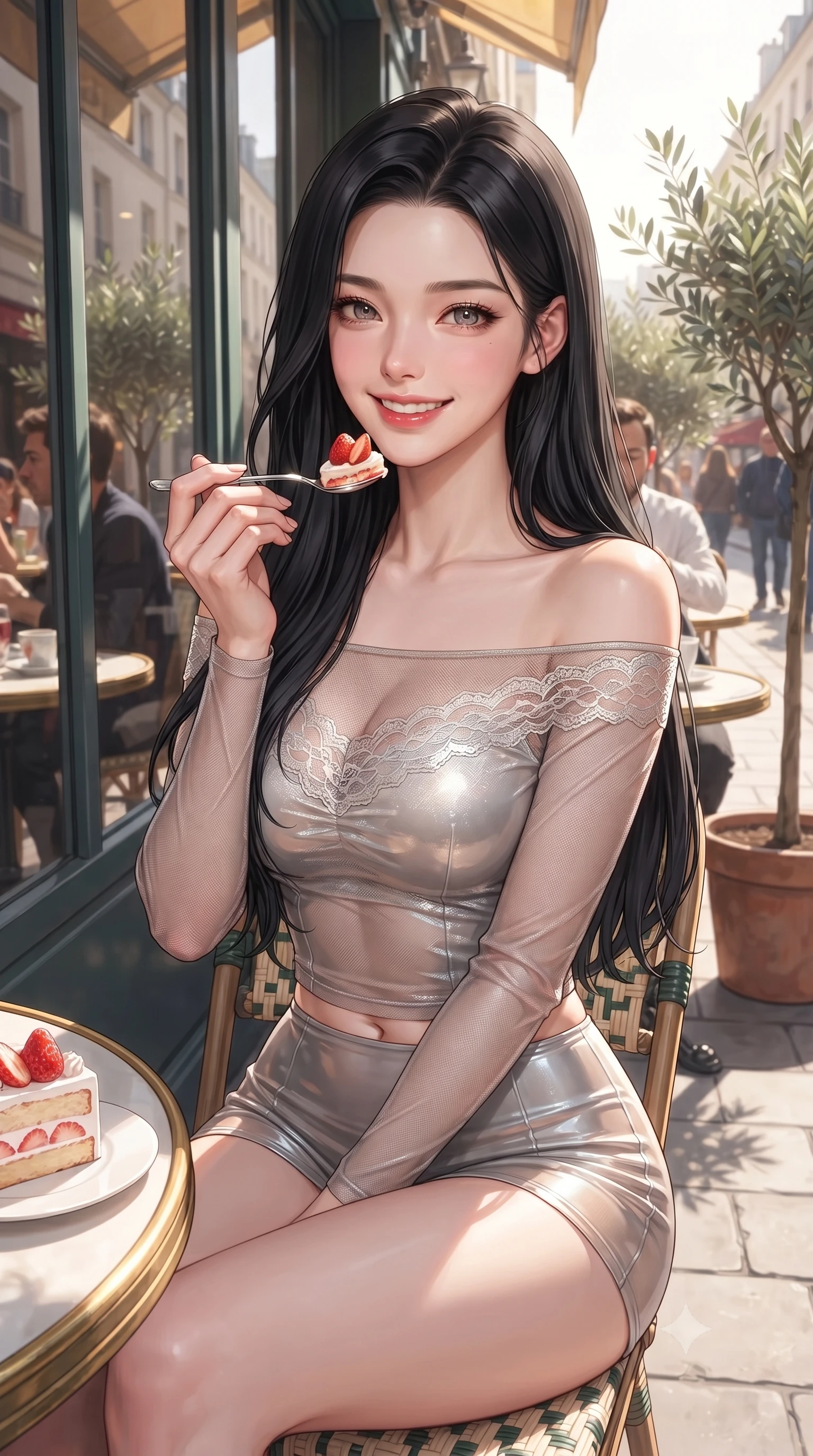 score_9, masterpiece, best quality, ultra-detailed, high-budget anime keyframe, editorial fashion photography, tasteful artistic composition, Korean woman. close-up cowboy shot from the waist and thighs up, the character dominates the composition, filling the frame with her large presence, background elements kept in soft focus. gazing past the camera with a happy, bright expression and a warm smile set against a soft-focus background of on a lively street-side bistro terrace next to potted olive trees holding a spoon with a bite of strawberry cake, smiling happily at the camera. She has an exceptionally elegant, slender, and willowy female figure with an ultra-slim waist, a gracefully sculpted slender torso, and a refined silhouette. sharp v-shaped jawline, high-bridge nose, intricate jewel-like eyes with depth, thick eyelashes, glossy lips with a natural sheen. wearing slim-fit delicate lace-trim off-shoulder blouse paired with a sheer mesh overlay and form-contouring mini shorts. bright afternoon sunlight streaming through the large window pane. ultra-reflective glossy finish, specular highlights, metallic sheen, high-contrast stereoscopic depth, volumetric dynamic lighting, 2k, ultra detail, master piece, 9:16 ratio