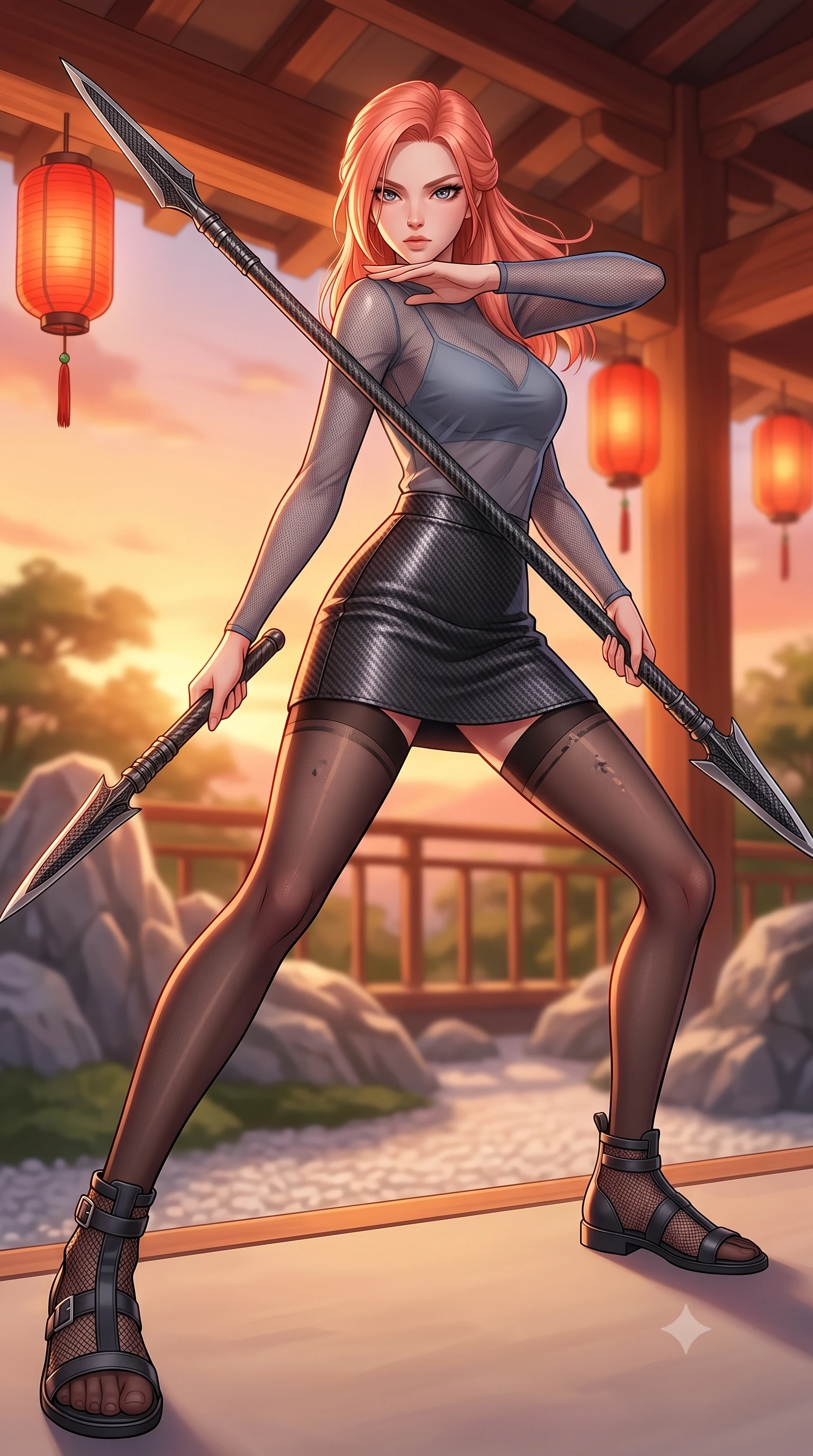 score_9, masterpiece, best quality, ultra-detailed, high-budget anime keyframe, editorial fashion photography, tasteful artistic composition, Japanese woman. low angle full-body shot from head to toe showing her feet, filling the entire 9:16 vertical frame with her statuesque presence, stretching her vertical silhouette. standing in a dynamic combat stance with a carbon-fiber spear held diagonally, stretching her statuesque body, the background shows a soft-focus a rock garden balcony with red lanterns hanging from wooden beams in soft focus. She has an absolutely perfect, statuesque 8.5-heads proportion, an exceptionally tall and slender model-like female figure with impossibly long slender legs and an ultra-slim waist. sharp v-shaped jawline, high-bridge nose, intricate jewel-like eyes with depth, thick eyelashes, glossy lips with a natural sheen. wearing a tailored semi-transparent mesh top in slate grey, paired with a carbon-fiber mini skirt and sheer stockings. warm sunset light casting a peaceful, cozy orange wash on her figure. highly saturated vibrant anime colors, detailed shading with soft gradients, rich glossy textures, high-contrast stereoscopic depth, volumetric dynamic lighting, master piece, 9:16 ratio