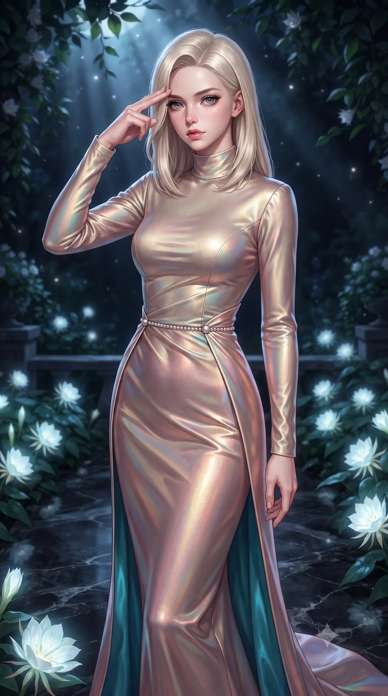 score_9, masterpiece, best quality, ultra-detailed, high-budget anime keyframe, editorial fashion photography, tasteful artistic composition, Caucasian woman. close-up cowboy shot from the waist and thighs up, the character dominates the composition, filling the frame with her large presence, background elements kept in soft focus. Pressing two fingers to her temple in a composed, sharp thoughtful gesture, standing on a dark marble terrace covered in night-blooming bioluminescent white moonflowers, mysterious nocturnal elegance in her composed posture. She has an exceptionally elegant, slender, and willowy female figure with an ultra-slim waist, a gracefully sculpted slender torso, and a refined silhouette. sharp v-shaped jawline, high-bridge nose, intricate jewel-like eyes with depth, thick eyelashes, glossy lips with a natural sheen. wearing floor-length high-neck champagne silk velvet gown with long sleeves in rose-gold pink, made of iridescent turquoise taffeta, adorned with minimalist pearl hardware framing the waistline, accentuating her gracefully sculpted slender torso. lit by quiet moonlit key rays piercing through dark garden foliage. highly saturated vibrant anime colors, detailed shading with soft gradients, rich glossy textures, high-contrast stereoscopic depth, volumetric dynamic lighting, master piece, 9:16 ratio