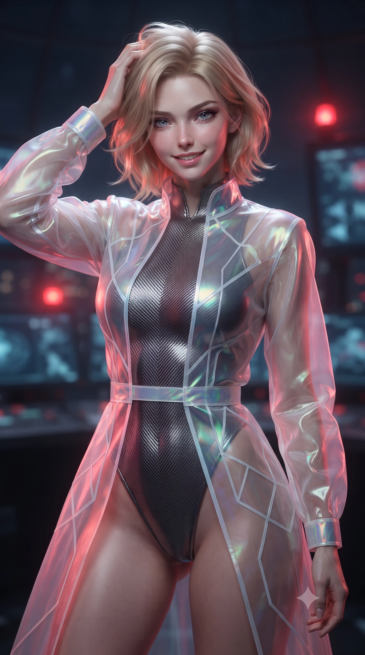 score_9, masterpiece, best quality, ultra-detailed, high-budget anime keyframe, editorial fashion photography, tasteful artistic composition, Caucasian woman. close-up cowboy shot from the waist and thighs up, the character dominates the composition, filling the frame with her large presence, background elements kept in soft focus. slowly running a hand through her hair, smiling with quiet, magnetic self-assurance directly into the camera, the background shows a soft-focus a citadel control dome with warning screens and warning lights at night. She has an exceptionally elegant, slender, and willowy female figure with an ultra-slim waist, a gracefully sculpted slender torso, and a refined silhouette. sharp v-shaped jawline, high-bridge nose, intricate jewel-like eyes with depth, thick eyelashes, glossy lips with a natural sheen. wearing a tailored sheer white holographic organza combat gown worn over a high-cut carbon-fiber leotard. pulsing red emergency warning beacons casting high-contrast dramatic shadows. ultra-reflective glossy finish, specular highlights, metallic sheen, high-contrast stereoscopic depth, volumetric dynamic lighting, 2k, ultra detail, master piece, 9:16 ratio
