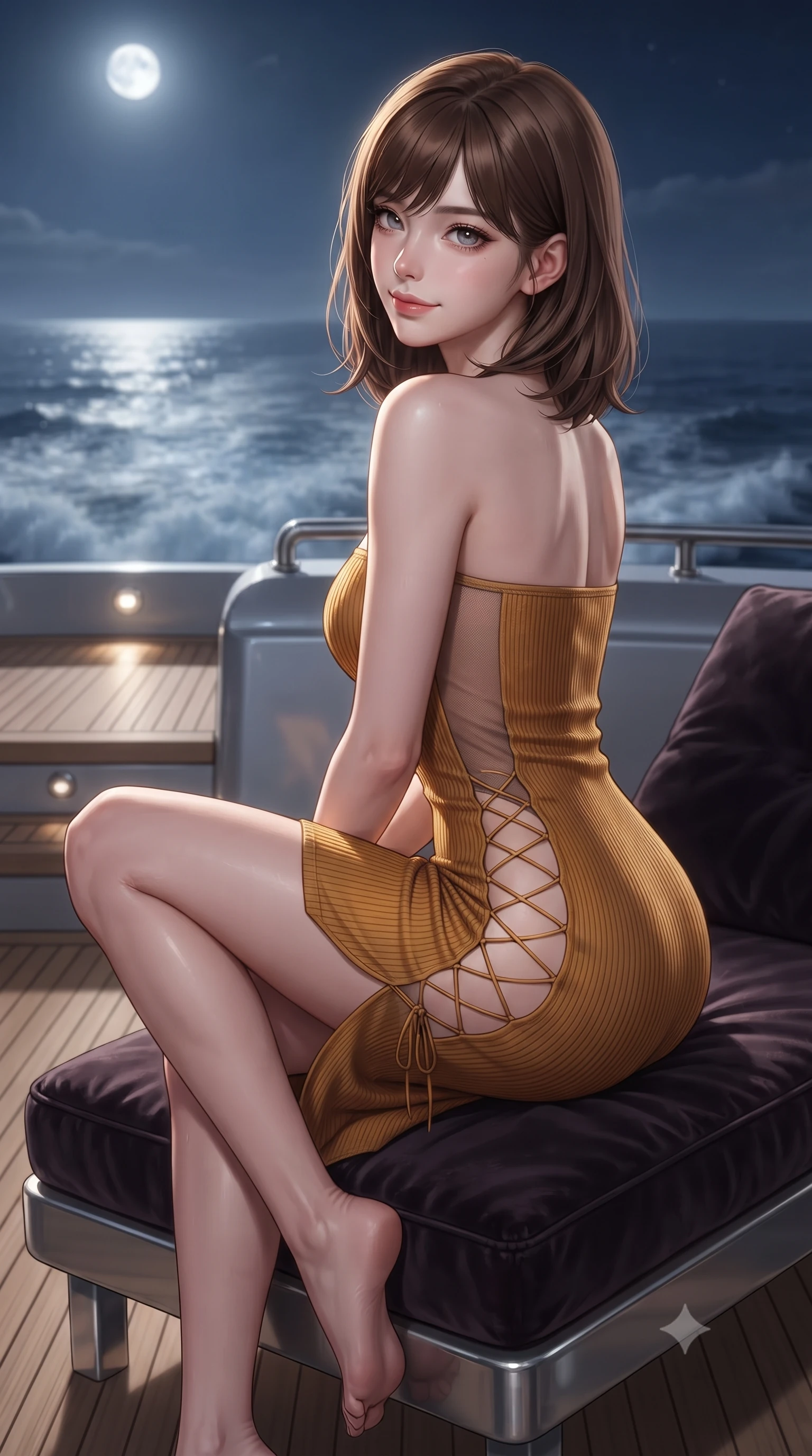 score_9, masterpiece, best quality, ultra-detailed, high-budget anime keyframe, editorial fashion photography, tasteful artistic composition, Korean woman. close-up cowboy shot from the waist and thighs up, the character dominates the composition, filling the frame with her large presence. perched sideways on the velvet lounge chair, one knee drawn up to showcase her slender leg line while her arched back accentuates her feminine hip curve while standing at the stainless-steel yacht stern railing with hips cocked back, looking over a bare shoulder toward the moonlit ocean horizon. The background shows a soft-focus yacht teak decks and gentle ocean wake softened in exclusive maritime shallow focus. She has an exceptionally elegant, slender, and willowy female figure with an ultra-slim waist, flat toned midriff, narrow ribcage, and sculpted feminine hips creating an alluring, slim hourglass silhouette without bulk. sharp v-shaped jawline, high-bridge nose, sparkling eyes with hypnotic seductive depth, thick curled eyelashes, glossy parted lips with a natural dewy peach sheen, alluring bedroom-eyes with an enchanting coquettish smile, exuding magnetic siren charisma and sophisticated high-fashion glamour, flawlessly proportioned anatomical accuracy, strict slender model proportions, natural body alignment, perfectly sculpted long slender limbs, ultra-slim waistline, clean dynamic posture without body distortion. wearing a form-contouring ribbed knit tube dress with subtle side-lace ties tracing the curve of her hips in warm amber honey and antique gold leaf, made of semi-opaque stretch illusion mesh with soft shadowy contours, featuring fine criss-cross lace-up side ties revealing tantalizing glimpses of her hip curve, the form-contouring silhouette accentuating her sculpted flat midriff, narrow delicate ribcage, and gracefully curvy hips with intoxicating allure. illuminated by ocean moonbeam bounce and sharp platinum rim lights sculpting her jawline, flat midriff, and curvaceous hips. ultra-reflective glossy finish, specular highlights, rich textural contrasts, high-contrast stereoscopic depth, volumetric dynamic lighting, 2k, ultra detail, master piece, 9:16 ratio