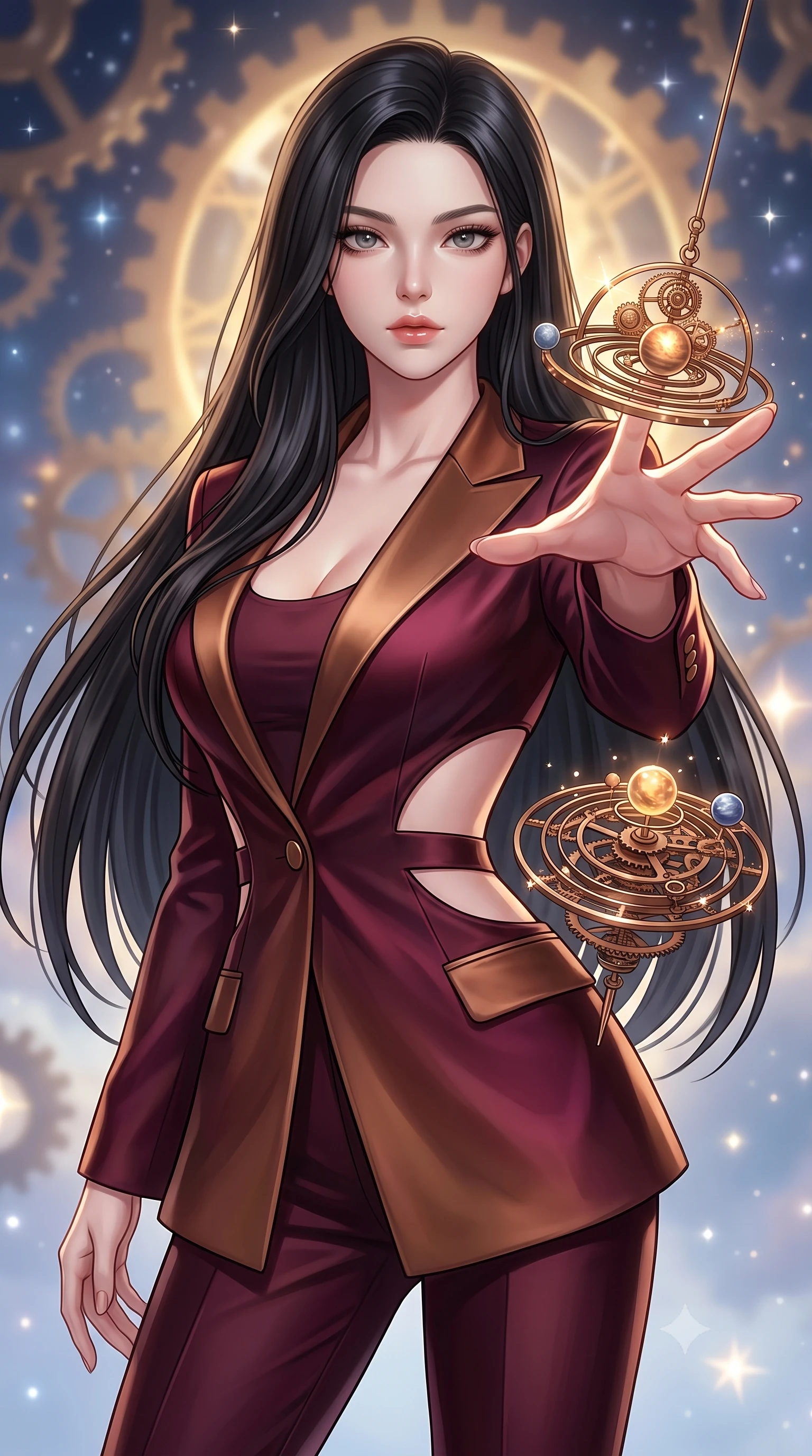 score_9, masterpiece, best quality, ultra-detailed, high-budget anime keyframe, editorial fashion photography, tasteful artistic composition, Korean woman. close-up cowboy shot from the waist and thighs up, the character dominates the composition, filling the frame with her large presence, background elements kept in soft focus. Reaching her hand gracefully toward the camera with magnetic allure, her torso turning in a dynamic S-curve alignment while reaching her arm forward to intercept a floating planetary pendulum catching starlight, intricate bronze clockwork springs reflecting warm starlight specular highlights. She has an exceptionally elegant, slender, and willowy female figure with an ultra-slim waist, a gracefully sculpted slender torso, and a refined silhouette. sharp v-shaped jawline, high-bridge nose, intricate jewel-like eyes with depth, thick eyelashes, glossy lips with a natural sheen, flawlessly proportioned anatomical accuracy, natural body alignment, perfectly sculpted elegant limbs, clean dynamic posture without body distortion. wearing a tailored silk blazer over a form-contouring scoop-neck top and slacks in deep burgundy and bronze, crafted from smooth liquid silk, featuring clean architectural cutouts along her slender torso, the form-contouring material highlighting her ultra-slim waist and long lines. bathed in brilliant starlight and warm golden inner glow from the clockwork citadel. highly saturated vibrant anime colors, detailed shading with soft gradients, rich glossy textures, high-contrast stereoscopic depth, volumetric dynamic lighting, master piece, 9:16 ratio