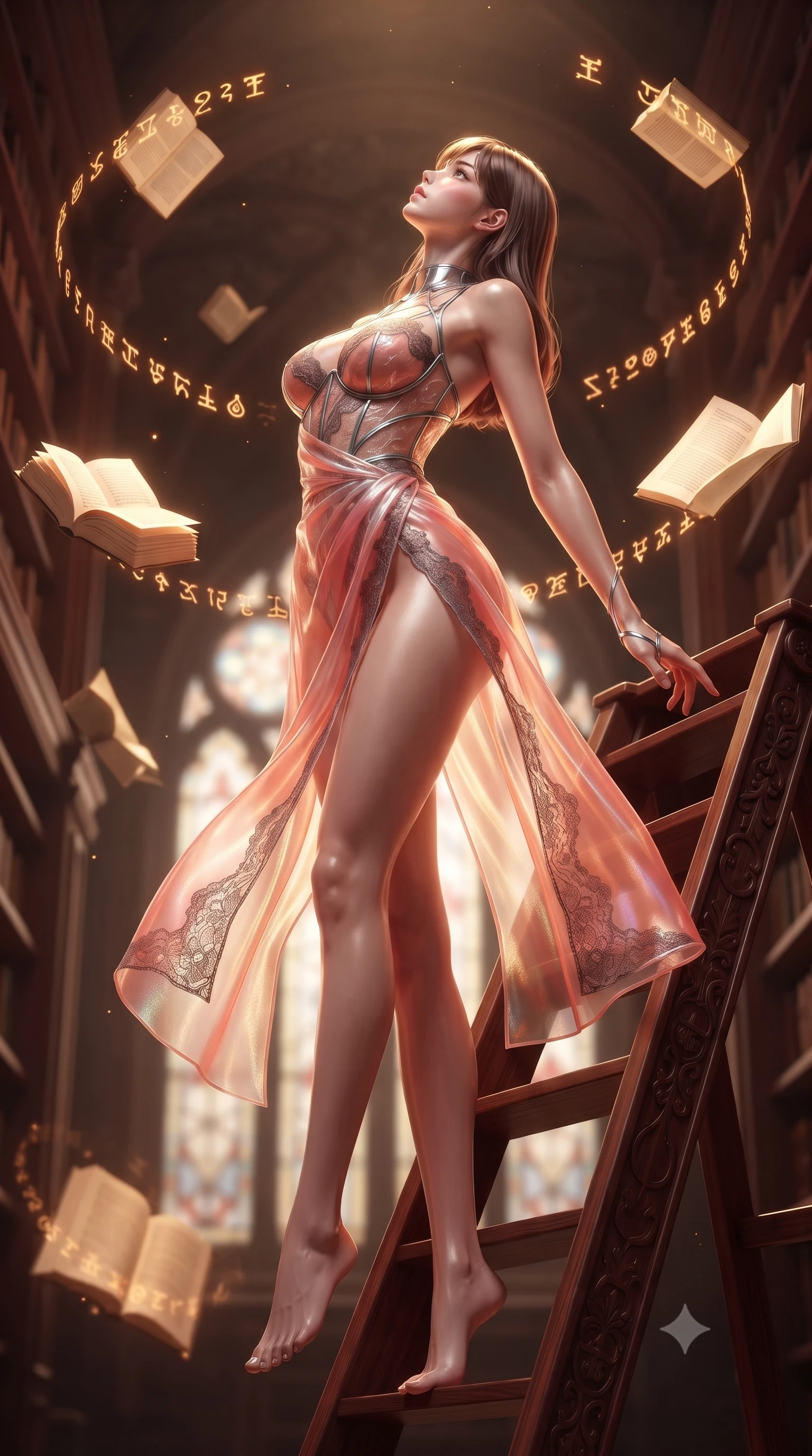 score_9, masterpiece, best quality, ultra-detailed, high-budget anime keyframe, editorial fashion photography, tasteful artistic composition, Korean woman. low angle full-body shot from head to toe showing her feet, filling the entire 9:16 vertical frame with her statuesque presence, stretching her vertical silhouette. arching her back in a fluid zero-gravity turn with sovereign grace, her long slender legs and sculpted torso creating a sweeping line while standing gracefully on a carved mahogany ladder in a soaring golden library as floating illuminated manuscripts orbit her. The composition keeps background elements in soft focus with creamy bokeh. stained glass window arches and floating glowing manuscripts softened in quiet atmospheric focus. She has an absolutely perfect, statuesque 8.5-heads proportion, an exceptionally tall and slender model-like female figure with impossibly long slender legs, a toned flat midriff, and an ultra-slim waist. sharp v-shaped jawline, high-bridge nose, intricate jewel-like eyes with depth, thick eyelashes, glossy lips with a natural sheen, flawlessly proportioned anatomical accuracy, strict slender model proportions, natural body alignment, perfectly sculpted long slender limbs, ultra-slim waistline, clean dynamic posture without body distortion. wearing a translucent iridescent organza wrap dress with structured bustier boning, plunging neckline, and high-cut dual leg slits in radiant coral pink and champagne ivory, crafted from delicate dark lace interwoven with luminescent micro-fibers, reinforced by a sleek metallic chrome harness and delicate glowing micro-straps, the glove-like aerodynamic second-skin fit tightly clinging to her ultra-slender waist and athletic curves without adding bulk, accentuating her razor-sharp statuesque lines and slim hourglass silhouette. illuminated by warm glowing amber manuscript glyphs and rich mahogany refractions. ultra-reflective glossy finish, specular highlights, metallic sheen, high-contrast stereoscopic depth, volumetric dynamic lighting, 2k, ultra detail, master piece, 9:16 ratio