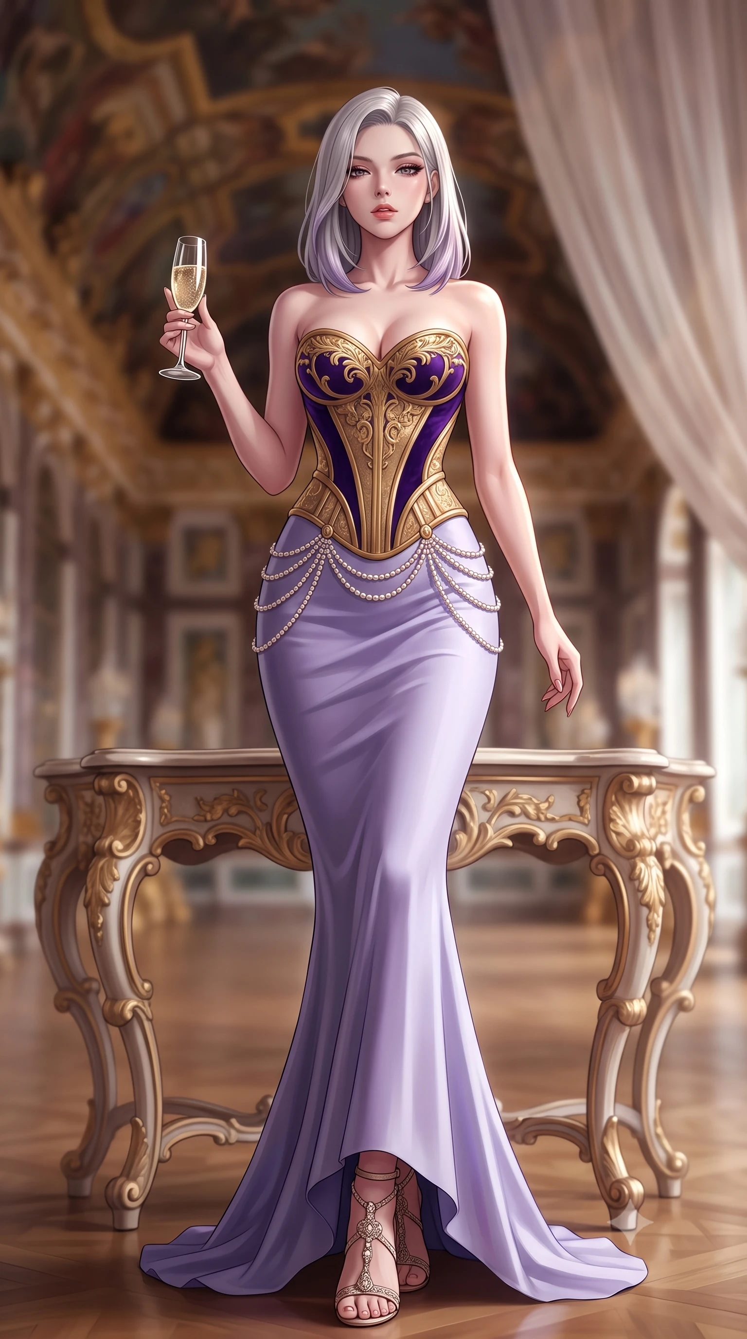 score_9, masterpiece, best quality, ultra-detailed, high-budget anime keyframe, semi-realistic 3D game render, editorial fashion photography, tasteful artistic composition, Caucasian woman. low angle full-body shot from head to toe showing her feet, filling the entire 9:16 vertical frame with her statuesque presence, stretching her vertical silhouette. striding forward in a proud supermodel runway stride, hips swaying in an alluring kinetic rhythm that accentuates her curvy hourglass silhouette while perching on an ornate rococo console table with hips cocked to one side, holding a crystal champagne glass with effortless sovereign allure. The composition keeps background elements in soft focus with creamy bokeh. antique oil ceiling frescoes and sheer silk drapes softened in luxurious shallow depth of field. She has an absolutely perfect, statuesque 8.5-heads proportion, an exceptionally tall and slender model-like female figure with impossibly long slender legs, a toned flat midriff, an ultra-slim waist, and beautifully sculpted feminine hips. sharp v-shaped jawline, high-bridge nose, intricate jewel-like eyes with depth, thick eyelashes, glossy parted lips with a natural sheen, intensely captivating and seductive bedroom-eyes expression, flawlessly proportioned anatomical accuracy, strict slender model proportions, natural body alignment, perfectly sculpted long slender limbs, ultra-slim waistline, clean dynamic posture without body distortion. wearing a baroque gold-embroidered bustier gown with exposed clavicle and sculpted hip boning in imperial royal purple velvet and antique gold, tailored from fluid silk crepe with delicate inner corsetry boning, accented with a multi-tiered pearl hip chain cascading over her curved silhouette, the form-contouring material adhering flawlessly to her sculpted flat midriff and slender torso, emphasizing her long leg lines and perfectly proportioned willowy build. surrounded by an aristocratic, scandalous, and breathlessly mesmerizing imperial duchess aura. highly saturated vibrant anime colors, detailed shading with soft gradients, rich glossy textures, high-contrast stereoscopic depth, volumetric dynamic lighting, master piece, 9:16 ratio