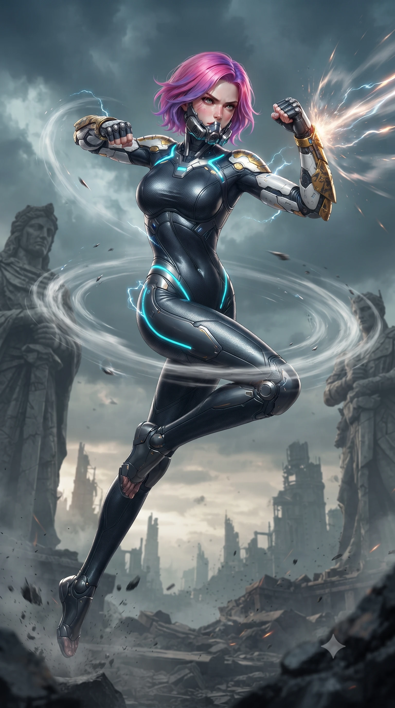 score_9, masterpiece, best quality, ultra-detailed, high-budget anime keyframe, editorial fashion photography, tasteful artistic composition, Caucasian woman. low angle full-body shot from head to toe showing her feet, filling the entire 9:16 vertical frame with her statuesque presence, stretching her vertical silhouette. leaping into mid-air with an athletic yet alluring arch of her spine, driving a downward kinetic strike surrounded by a ring of displaced air while arching her spine in a fluid motion as she parries an unseen shockwave with her reinforced kinetic forearm bracers. The surrounding environment is rendered in vivid detail and crisp panoramic clarity. detailed tactical scarf weave, lightning discharge filaments, and armor joint articulation in high clarity. She has an absolutely perfect, statuesque 8.5-heads proportion, an exceptionally tall and slender model-like female figure with impossibly long slender legs, a toned flat midriff, and an ultra-slim waist. sharp v-shaped jawline, high-bridge nose, intricate jewel-like eyes with depth, thick eyelashes, glossy lips with a natural sheen, fierce and resolute heroine expression, flawlessly proportioned anatomical accuracy, strict slender model proportions, natural body alignment, perfectly sculpted long slender limbs, ultra-slim waistline, clean dynamic posture without body distortion. wearing a sleek titanium half-face combat rebreather guard protecting her lower jaw while leaving her expressive eyes and long hair flowing freely, paired with a skin-tight dark carbon-weave combat bodysuit with glowing neon energy conduits and reinforced Damascus-pattern forearm strike guards in arctic white carbon composite with scratched solar gold armor plating, made of lightweight aerodynamic carbon-titanium alloy with precision-beveled armor seams, accented with glowing fiber-optic telemetry conduits tracing her collarbones and hip curves, the liquid-tight tailored fabric emphasizing every curve of her tall, slender model proportions and sculptured silhouette during dynamic movement. surrounded by a solitary, monumental, and sacredly resilient post-apocalyptic guardian aura. ultra-reflective glossy finish, specular highlights, dark metallic sheen, high-contrast stereoscopic depth, volumetric dynamic lighting, 2k, ultra detail, master piece, 9:16 ratio