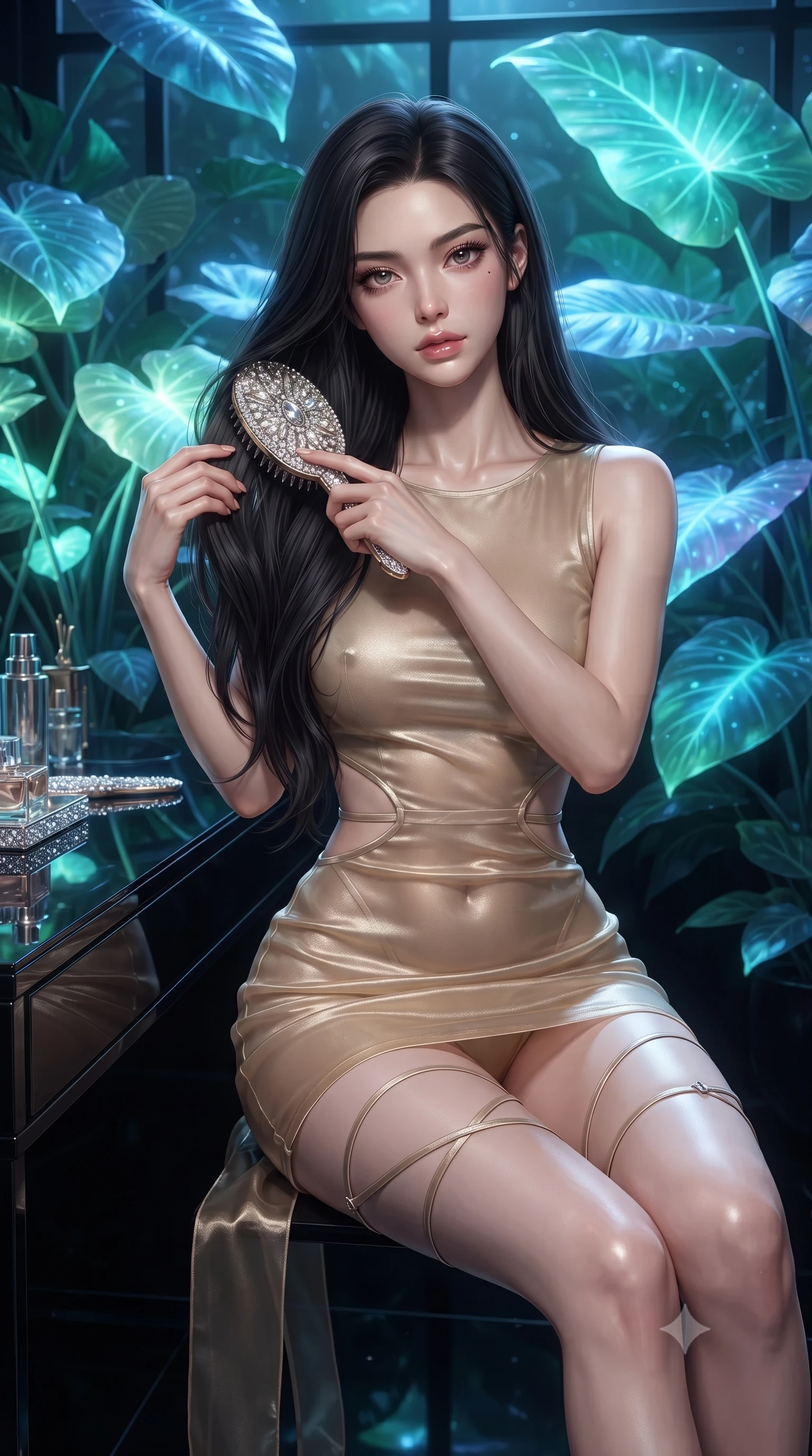 score_9, masterpiece, best quality, ultra-detailed, High-budget Anime Keyframe, editorial fashion photography, tasteful artistic composition, realistic cosplay photography, East Asian woman. Low angle cowboy shot filling the entire 9:16 frame with her statuesque presence. Scenario 406: brushing her hair while seated before a vanity of black glass in a cybernetic greenhouse filled with giant glowing tropical leaves. Her presence is magnetic and overpowering in this high-budget cinematic scene. Outfit 406: a body-hugging champagne gold sheer organza mini dress with strategic waist cut-outs and slender leg straps. The clothing is designed to emphasize her exceptionally tall and slender 8-heads proportion. 8-heads proportion, towering silhouette, ultra-slim waist. sharp v-shaped jawline, intricate jewel-like eyes with depth, thick eyelashes, glossy lips. ultra-reflective glossy finish, specular highlights, metallic sheen, high-contrast stereoscopic depth, volumetric dynamic lighting, 2k, ultra detail, master piece, 9:16 ratio