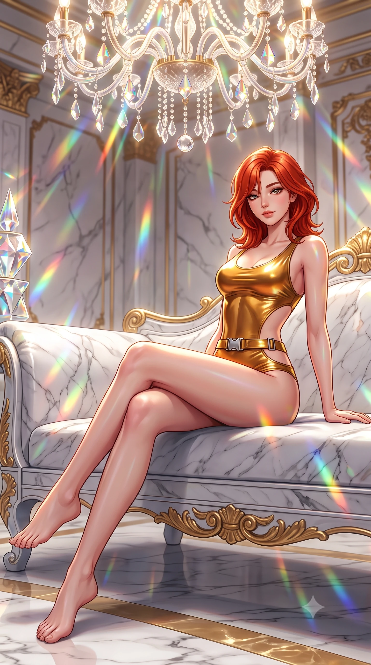 score_9, masterpiece, best quality, ultra-detailed, high-budget anime keyframe, semi-realistic 3D game render, editorial fashion photography, tasteful artistic composition, Korean woman. low angle full-body shot from head to toe showing her feet, filling the entire 9:16 vertical frame with her statuesque presence, stretching her vertical silhouette. lounging on the lavish daybed with legs crossed and hips angled toward the camera, displaying her toned midriff and long slender limbs with effortless siren poise while twisting her slender torso in an alluring contrapposto stance, shimmering crystal chandelier refractions dancing across her curves. The surrounding environment is rendered in vivid detail and crisp panoramic clarity: sharp white Seravezza marble veining, crystal prism facet reflections, and gold-leaf leafing on carvings in deep focus. She has an absolutely perfect, statuesque 8.5-heads proportion, an exceptionally tall and slender model-like female figure with impossibly long slender legs, an ultra-slim waist, a flat toned midriff, narrow delicate ribcage, and beautifully sculpted feminine hips creating a graceful, slim hourglass silhouette without any bulky heaviness. sharp v-shaped jawline, high-bridge nose, sparkling eyes with hypnotic seductive depth, thick curled eyelashes, glossy parted lips with a natural dewy peach sheen, alluring bedroom-eyes with an enchanting coquettish smile, exuding magnetic siren charisma and sophisticated glamour, flawlessly proportioned anatomical accuracy, strict slender model proportions, natural body alignment, perfectly sculpted long slender limbs, ultra-slim waistline, clean dynamic posture without body distortion. wearing a liquid metallic lamé ballet leotard clinging like a second skin with high-cut side hip cutouts in warm amber honey and antique gold leaf, woven from buttery-soft stretch lambskin leather adhering to her body like a second skin, accented with a quick-release tactical chrome buckle harness resting snugly across her hips, the high-slit wrap tailoring accentuating her ultra-slim waistline and the enchanting curve of her feminine hips with alluring seductive charm. illuminated by polished marble bounce and sharp warm-gold rim lights sculpting her razor-sharp jawline, narrow waist, and curvy hips. highly saturated vibrant anime colors, detailed shading with soft gradients, rich glossy textures, high-contrast stereoscopic depth, volumetric dynamic lighting, master piece, 9:16 ratio