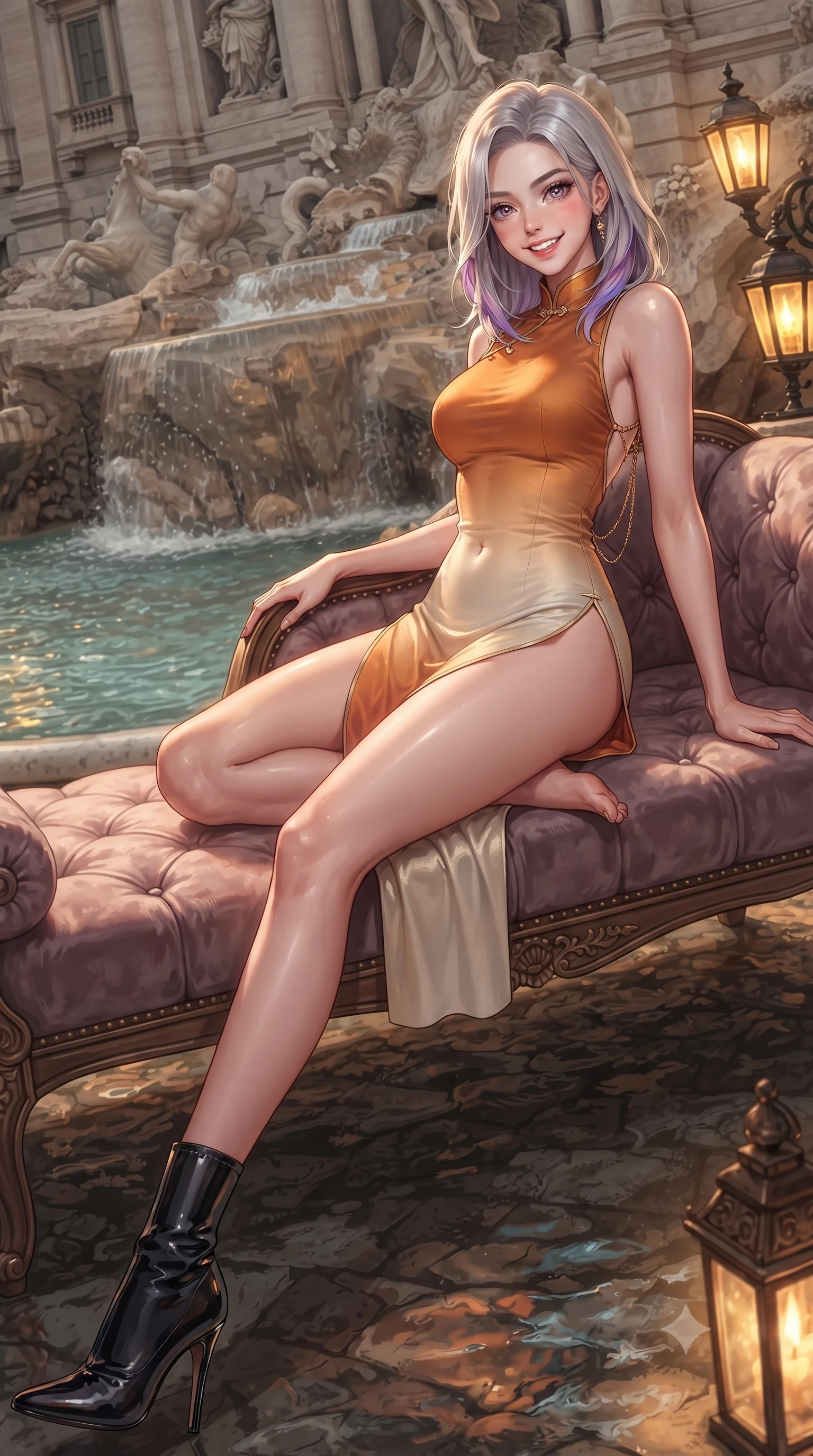 score_9, masterpiece, best quality, ultra-detailed, high-budget anime keyframe, editorial fashion photography, tasteful artistic composition, Caucasian woman. low angle full-body shot from head to toe showing her feet, filling the entire 9:16 vertical frame with her statuesque presence, stretching her vertical silhouette. reclining gracefully across the plush chaise lounge with one leg extended, her sculpted silhouette and flat midriff radiating magnetic nocturnal glamour while leaning against the carved stone balustrade beside cascading water jets with hips cocked back, casting a teasing bedroom-gaze. The surrounding environment is rendered in vivid detail and crisp panoramic clarity: detailed backless silk crepe slip dress cling, gold chain spine drape, and master Italian fountain engineering in razor-sharp precision. She has an exceptionally tall and slender model-like 8.5-heads proportion, an ultra-slim waist, a flat toned midriff, narrow delicate ribcage, and beautifully sculpted feminine hips creating a graceful, slim hourglass silhouette without any bulky heaviness, with impossibly long slender legs. sharp v-shaped jawline, high-bridge nose, intricate jewel-like sparkling eyes with depth, thick eyelashes, glossy parted lips with a natural peach sheen, bright cheerful beaming smile with an enchanting and coquettish sensual glint, exuding both youthful cute charm and seductive allure, flawlessly proportioned anatomical accuracy, strict slender model proportions, natural body alignment, perfectly sculpted long slender limbs, ultra-slim waistline, clean dynamic posture without body distortion. wearing a modern cheongsam-inspired form-fitting sleeveless mini dress with mandarin collar and dramatic hip-high side slits in Dubai desert golden hour amber and pure starlight platinum, woven from stretch shimmer crepe adhering with glove-like precision, complemented by sleek patent leather stiletto ankle boots accentuating her long slender calves, the liquid-tight tailored fabric clinging flawlessly to her narrow waist and rounded feminine hips, emphasizing every millimeter of her sculpted slim hourglass curves without any bulky heaviness. bathed in the flickering warm golden glow of antique lanterns reflecting in turbulent water pools. ultra-reflective glossy finish, specular highlights, rich textural contrasts, high-contrast stereoscopic depth, volumetric dynamic lighting, 2k, ultra detail, master piece, 9:16 ratio