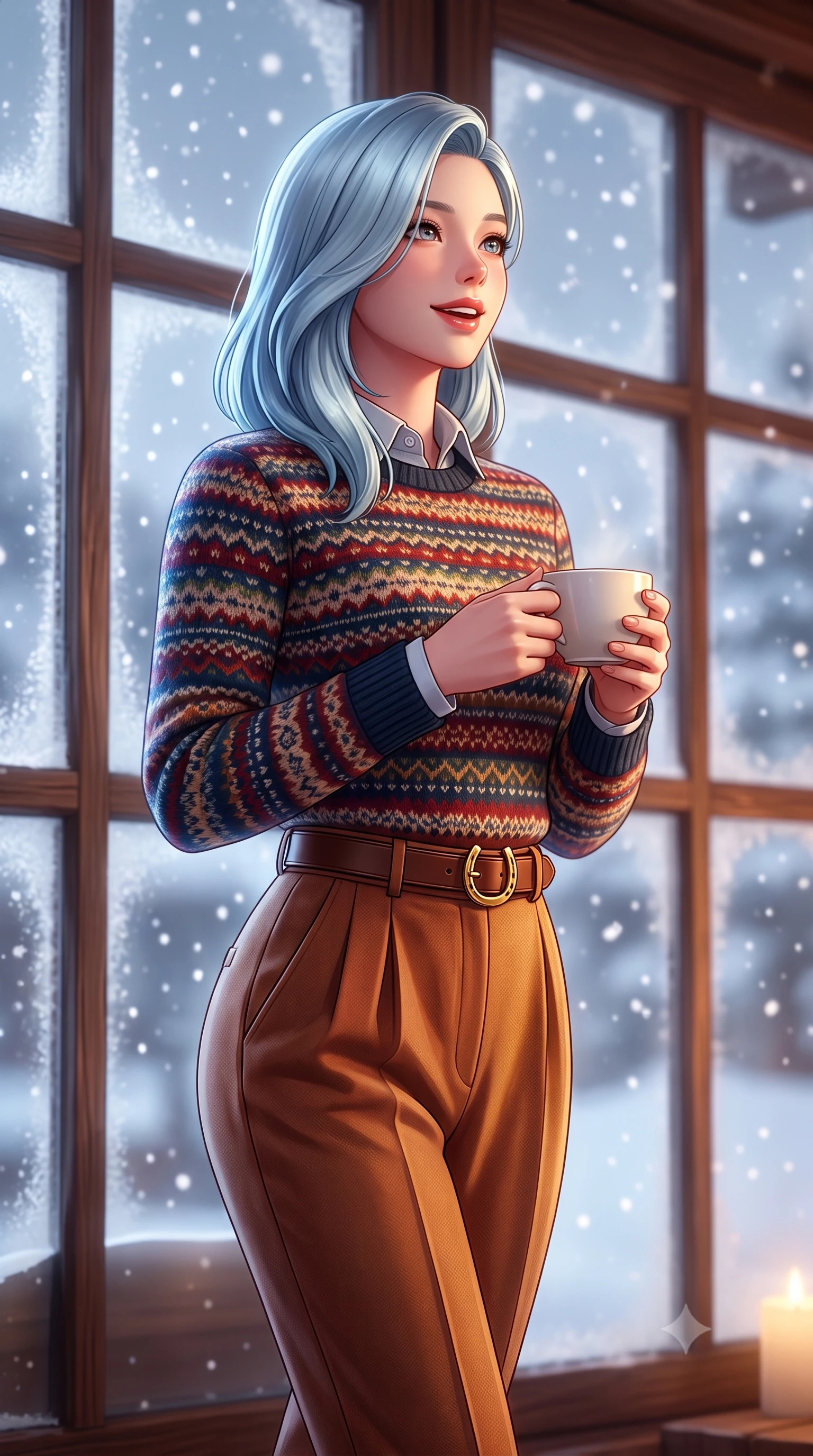 score_9, masterpiece, best quality, ultra-detailed, high-budget anime keyframe, semi-realistic 3D game render, editorial fashion photography, tasteful artistic composition, Korean woman. close-up cowboy shot from the waist and thighs up, the character dominates the composition, filling the frame with her large presence. holding a warm porcelain cup in both hands while tilting her head with an enchanting, beaming smile while walking toward the frosted timber window with a steaming porcelain mug, looking out at the falling snowflakes with wonder. The background shows a soft-focus softly falling snowflakes outside frosted panes softened in intimate alpine winter hideaway shallow focus. She has an exceptionally elegant, slender, and willowy female figure with an ultra-slim waist, flat toned midriff, narrow ribcage, and sculpted feminine hips creating an alluring, slim hourglass silhouette without bulk. sharp v-shaped jawline, high-bridge nose, intricate jewel-like sparkling eyes with depth, thick eyelashes, glossy parted lips with a natural peach sheen, bright cheerful beaming smile with an enchanting and coquettish sensual glint, exuding both youthful cute charm and seductive allure, flawlessly proportioned anatomical accuracy, strict slender model proportions, natural body alignment, perfectly sculpted long slender limbs, ultra-slim waistline, clean dynamic posture without body distortion. wearing a Fair Isle patterned lambswool knit sweater layered over an Oxford button-down shirt with pleated wool trousers in warm winter cinnamon and toasted caramel, made of crisp Egyptian cotton poplin with pristine tailored pressing, finished with a smooth equestrian bridle-leather belt with a polished brass horseshoe buckle, the structured cinched belt emphasizing her narrow waistline and gracefully balanced proportions with timeless haute-couture polish. bathed in cozy 2700K warm ambient candlelight and soft porcelain stove radiance combined with cool winter window light. highly saturated vibrant anime colors, detailed shading with soft gradients, rich glossy textures, high-contrast stereoscopic depth, volumetric dynamic lighting, master piece, 9:16 ratio
