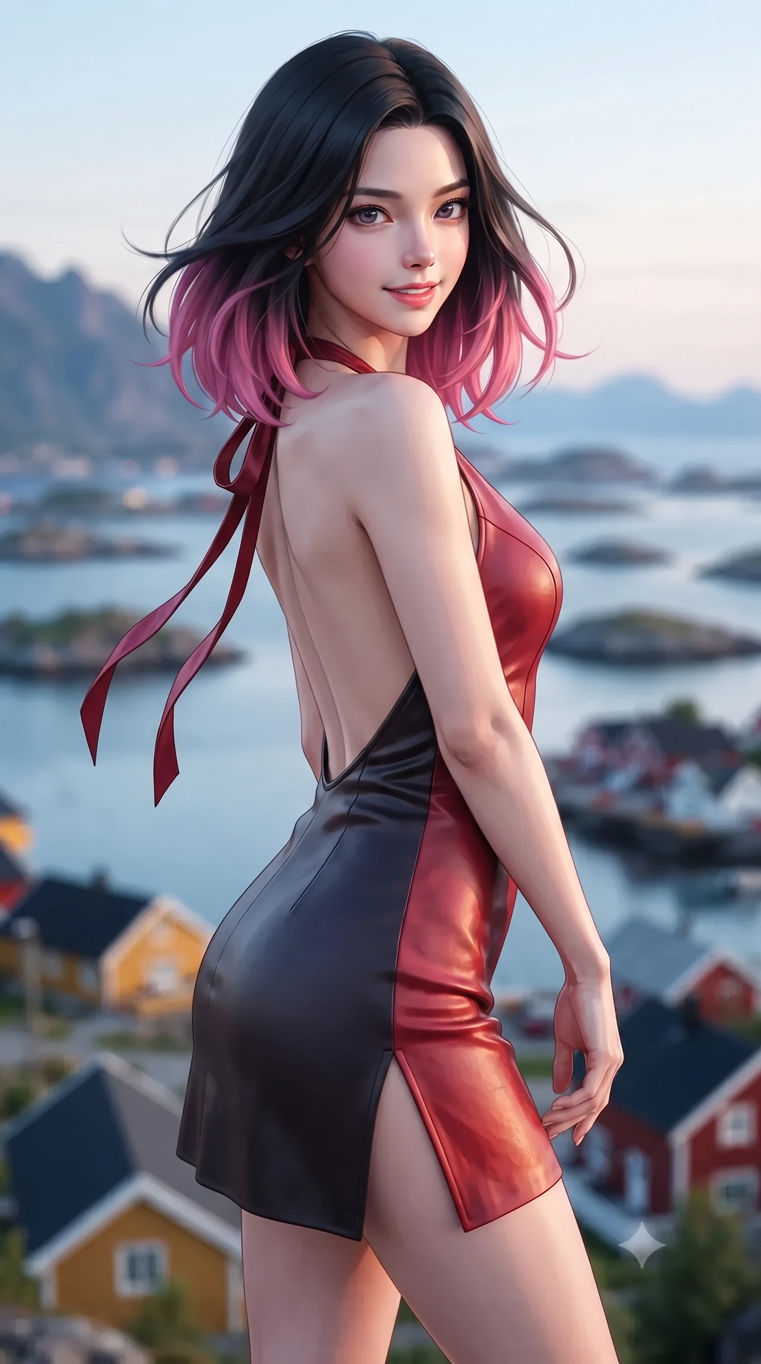 score_9, masterpiece, best quality, ultra-detailed, high-budget anime keyframe, editorial fashion photography, tasteful artistic composition, Korean woman. close-up cowboy shot from the waist and thighs up, the character dominates the composition, filling the frame with her large presence. turning slowly with an enchanting smoldering smile, her glossy hair tossing in the breeze as her hips angle gracefully in a captivating contrapposto while twisting her slender torso in an alluring S-curve, midnight sunbeams and cool mountain air sculpting her silhouette and flat midriff. The background shows a soft-focus hundreds of rocky skerries and islands dotted across the blue Norwegian Sea, colorful roofs of Svolvær, and distant mountain chains blurred into cobalt, topaz, and rose bokeh. She has an exceptionally elegant, slender, and willowy female figure with an ultra-slim waist, flat toned midriff, narrow ribcage, and sculpted feminine hips creating an alluring, slim hourglass silhouette without bulk. sharp v-shaped jawline, high-bridge nose, intricate jewel-like sparkling eyes with depth, thick eyelashes, glossy parted lips with a natural peach sheen, bright cheerful beaming smile with an enchanting and coquettish sensual glint, exuding both youthful cute charm and seductive allure, flawlessly proportioned anatomical accuracy, strict slender model proportions, natural body alignment, perfectly sculpted long slender limbs, ultra-slim waistline, clean dynamic posture without body distortion. wearing a provocative backless halterneck silk lamé mini dress with deep scoop back down to her lower spine and thigh-high slit in Reinefjorden rorbu vermilion red and obsidian granite, woven from buttery-soft stretch lambskin leather adhering to her body like a second skin, finished with satin ribbon ties at the shoulders fluttering in the gentle breeze, the bespoke structured tailoring following the natural line of her 8.5-heads silhouette with refined elegance. illuminated by timber deck reflection bounce and sharp gold-and-silver dual rim lights sculpting her jawline, narrow waist, and curvy hips. ultra-reflective glossy finish, specular highlights, rich textural contrasts, high-contrast stereoscopic depth, volumetric dynamic lighting, 2k, ultra detail, master piece, 9:16 ratio