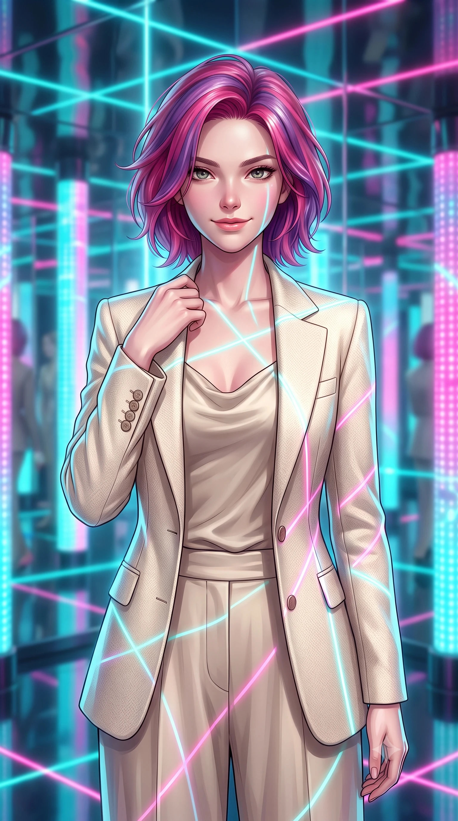 score_9, masterpiece, best quality, ultra-detailed, high-budget anime keyframe, editorial fashion photography, tasteful artistic composition, Caucasian woman woman. close-up cowboy shot from the waist and thighs up, the character dominates the composition, filling the frame with her large presence, background elements kept in soft focus. She has an exceptionally elegant, slender, and willowy female figure with an ultra-slim waist, a gracefully sculpted slender torso, and a refined silhouette. smiling with quiet, magnetic self-assurance directly into the camera lens, flawlessly proportioned anatomical accuracy, natural body alignment, perfectly sculpted elegant limbs, clean dynamic posture without body distortion. set against a soft-focus background of a reflective mirror chamber with rotating LED light pillars. wearing a tailored cream wool blazer over an oatmeal silk camisole and wide-leg trousers. illuminated by shifting cyan and hot pink neon laser gridlines casting specular highlights. highly saturated vibrant anime colors, detailed shading with soft gradients, rich glossy textures, high-contrast stereoscopic depth, volumetric dynamic lighting, master piece, 9:16 ratio