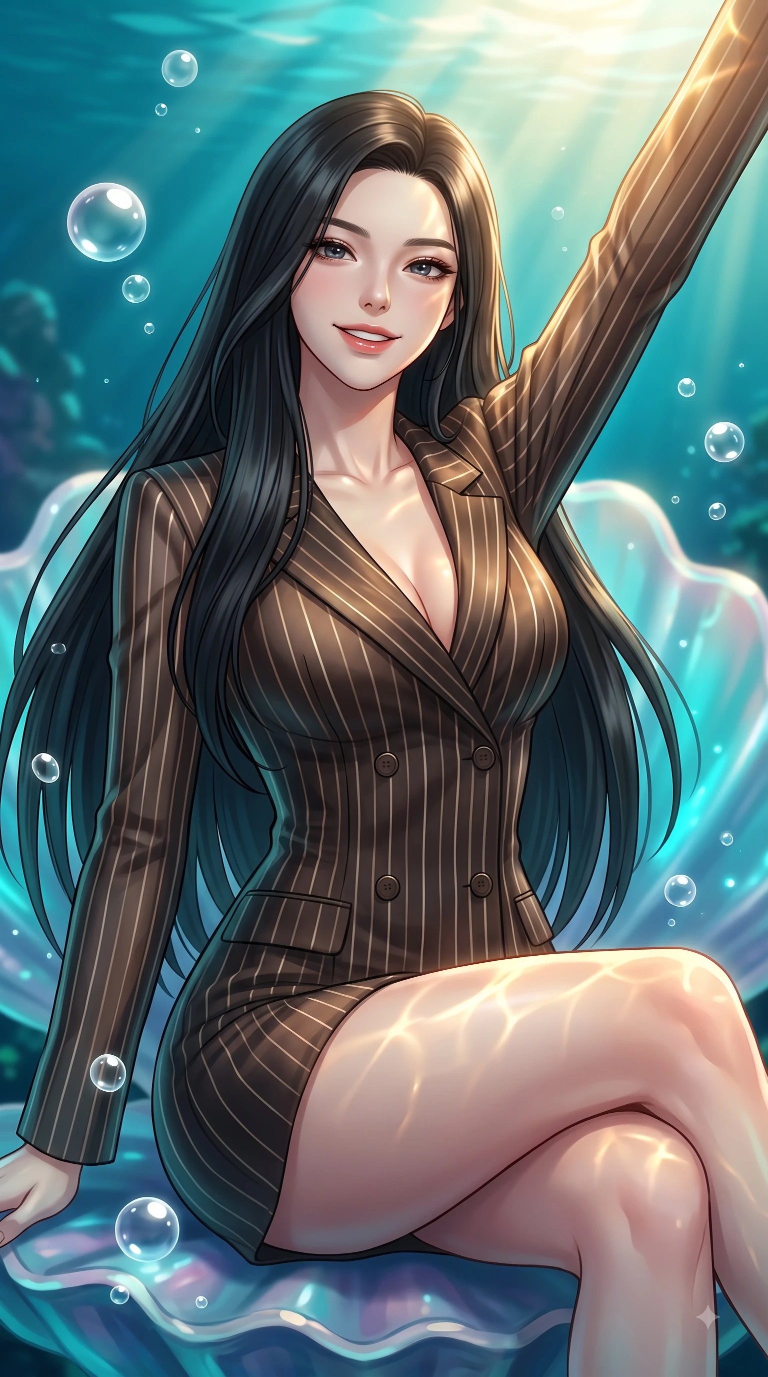 score_9, masterpiece, best quality, ultra-detailed, high-budget anime keyframe, editorial fashion photography, tasteful artistic composition, Korean woman. close-up cowboy shot from the waist and thighs up, the character dominates the composition, filling the frame with her large presence, background elements kept in soft focus. Extending one arm in an elegant stretch toward the light while smiling with magnetic self-assurance while poised on an abyssal prism shell throne as gentle sea bubbles cast pearl-white highlights, golden sunbeams penetrating deep turquoise water creating caustic light ripples across her skin. She has an exceptionally elegant, slender, and willowy female figure with an ultra-slim waist, a gracefully sculpted slender torso, and a refined silhouette. sharp v-shaped jawline, high-bridge nose, intricate jewel-like eyes with depth, thick eyelashes, glossy lips with a natural sheen, flawlessly proportioned anatomical accuracy, natural body alignment, perfectly sculpted elegant limbs, clean dynamic posture without body distortion. wearing a double-breasted blazer dress with subtle metallic pin-stripes in espresso brown and warm cream, woven from fine semi-opaque sheer organza, accented with a Tasteful chest slit framing her clavicle gracefully, the glove-like fit emphasizing her statuesque silhouette during motion. illuminated by luminous aqua bioluminescence and warm golden top lighting. highly saturated vibrant anime colors, detailed shading with soft gradients, rich glossy textures, high-contrast stereoscopic depth, volumetric dynamic lighting, master piece, 9:16 ratio