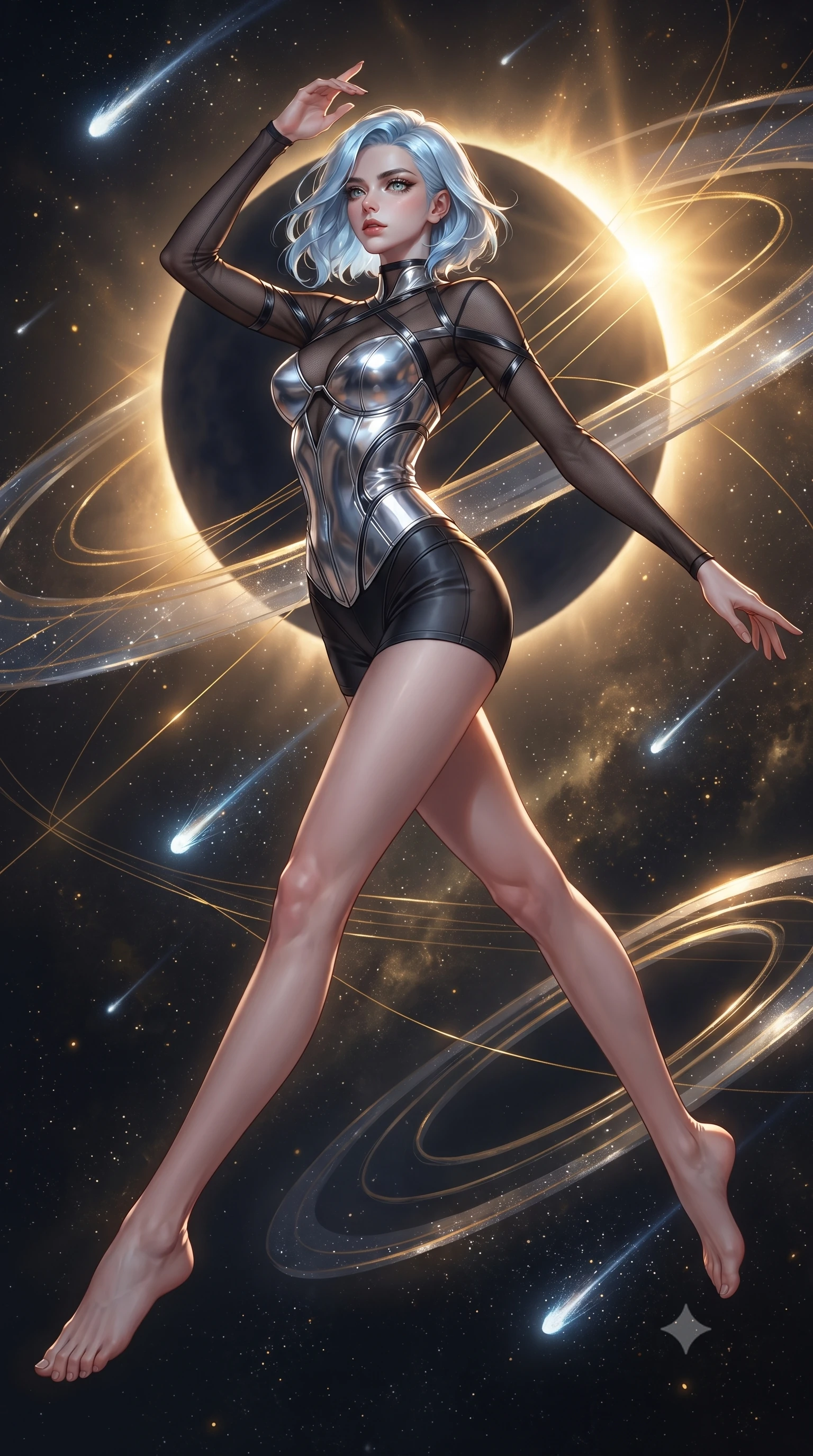 score_9, masterpiece, best quality, ultra-detailed, high-budget anime keyframe, editorial fashion photography, tasteful artistic composition, Korean woman. low angle full-body shot from head to toe showing her feet, filling the entire 9:16 vertical frame with her statuesque presence, stretching her vertical silhouette. leaping gracefully through the environment with statuesque elegance and long slender legs threading brilliant comet dust through a golden celestial loom, a cosmic eclipse casting brilliant golden rim highlights. She has an absolutely perfect, statuesque 8.5-heads proportion, an exceptionally tall and slender model-like female figure with impossibly long slender legs and an ultra-slim waist. sharp v-shaped jawline, high-bridge nose, intricate jewel-like eyes with depth, thick eyelashes, glossy lips with a natural sheen. wearing a chrome-plated structured bodice worn over a sheer mesh top and micro-shorts in matte black and polished silver, formed from sleek second-skin neoprene, complemented by criss-cross back straps highlighting her bare shoulders, the elegant draped fit framing her graceful clavicle and slender torso. bathed in warm sunbursts filtering through floating orbital rings. ultra-reflective glossy finish, specular highlights, metallic sheen, high-contrast stereoscopic depth, volumetric dynamic lighting, 2k, ultra detail, master piece, 9:16 ratio