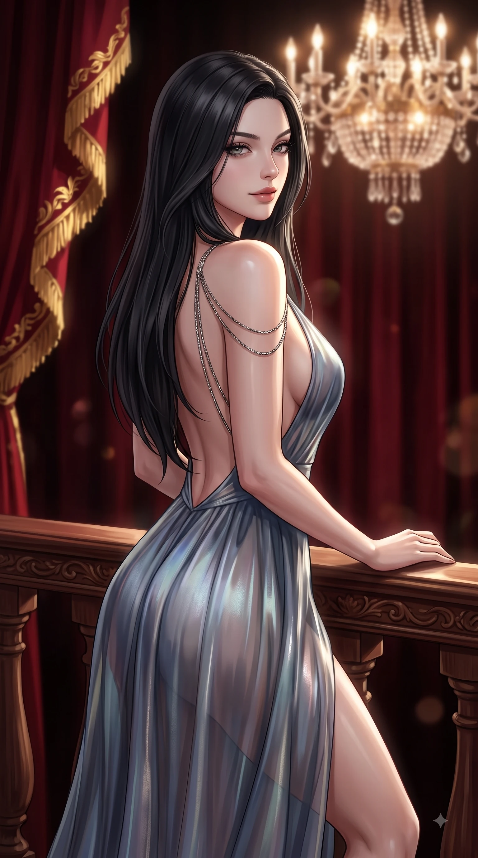 score_9, masterpiece, best quality, ultra-detailed, high-budget anime keyframe, editorial fashion photography, tasteful artistic composition, Korean woman. close-up cowboy shot from the waist and thighs up, the character dominates the composition, filling the frame with her large presence, background elements kept in soft focus. Casting a seductive sidelong gaze over her bare shoulder with heavy lashes and a composed half-smile while leaning gracefully against a carved mahogany balustrade under a majestic chandelier glow, rich crimson velvet curtains catching dramatic gold-leaf trim highlights. She has an exceptionally elegant, slender, and willowy female figure with an ultra-slim waist, a gracefully sculpted slender torso, and a refined silhouette. sharp v-shaped jawline, high-bridge nose, intricate jewel-like eyes with depth, thick eyelashes, glossy lips with a natural sheen, flawlessly proportioned anatomical accuracy, natural body alignment, perfectly sculpted elegant limbs, clean dynamic posture without body distortion. wearing a translucent iridescent chiffon gown with a plunging neckline and open back in slate blue and metallic silver, crafted from iridescent chiffon that shifts colors in the light, adorned with delicate metallic chain straps along the neckline, the glove-like fit emphasizing her statuesque silhouette during motion. surrounded by an opulent, dramatic opera box atmosphere with deep chiaroscuro. ultra-reflective glossy finish, specular highlights, metallic sheen, high-contrast stereoscopic depth, volumetric dynamic lighting, 2k, ultra detail, master piece, 9:16 ratio