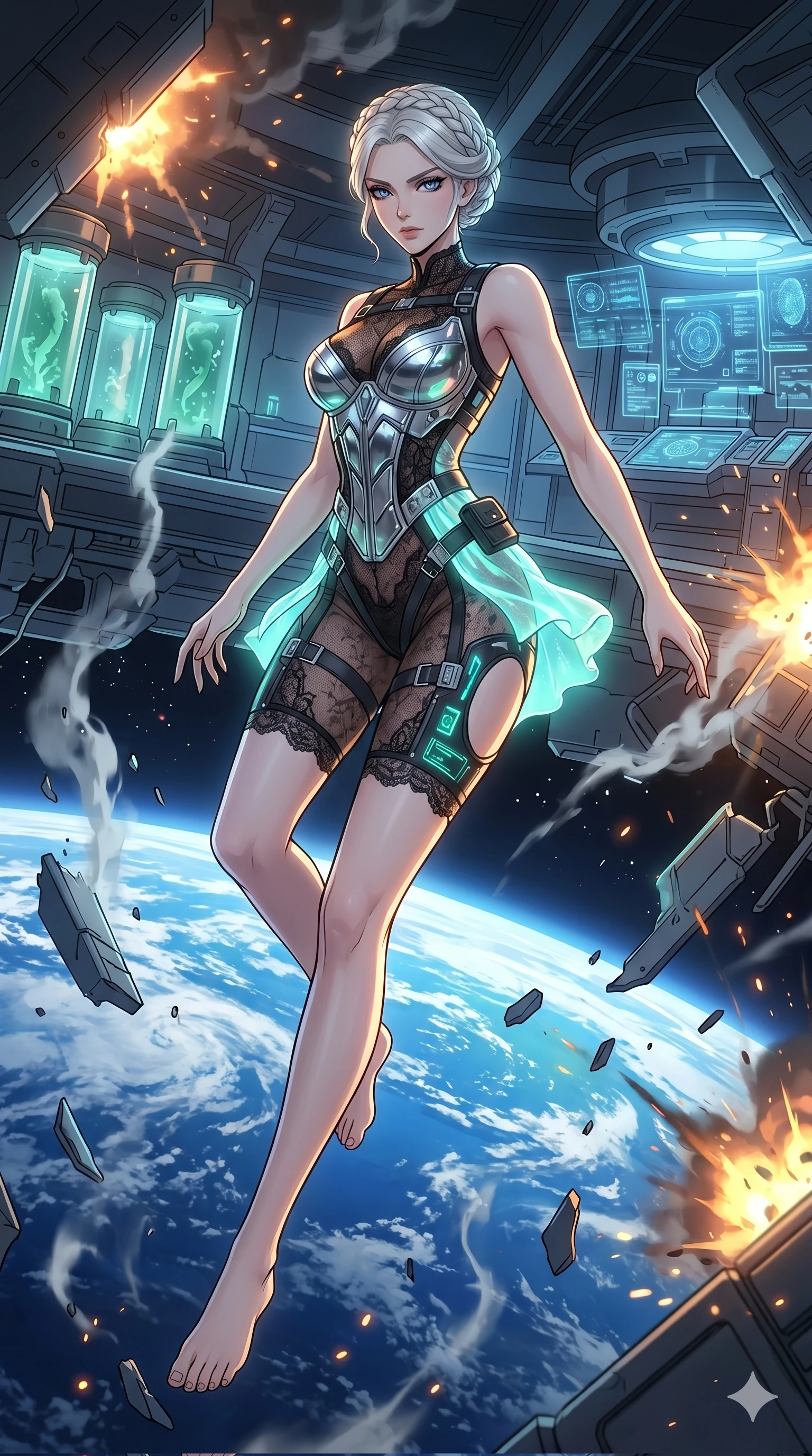 score_9, masterpiece, best quality, ultra-detailed, High-budget Anime Keyframe, vibrant colors, fluid line-art, expressive lighting, cinematic composition, Ufotable-style visual effects, top-tier animation quality, Caucasian woman with pale skin, blonde hair, and (strictly human ears). Dynamic full-body shot stretching the vertical silhouette, capturing her from a powerful low-angle perspective. Escaping a crumbling orbital space station amidst falling debris and venting atmosphere, the earth visible as a beautiful blue marble below. She has an absolutely perfect 8-heads proportion, an exceptionally tall and slender female figure with impossibly long slender legs and an ultra-slim waist, her statuesque height and towering silhouette dominating the vertical 9:16 frame. Her face is a masterpiece featuring a sharp v-shaped jawline, high-bridge nose, intricate jewel-like eyes with depth, thick eyelashes, and glossy lips with a natural sheen. She is wearing a Chrome-plated corset over a sheer lace base with tactical straps and metallic buckles crafted from Bioluminescent silk that emits a soft, ethereal glow from within the fabric, with integrated neon-lit tactical gear and suggestive cutouts on the thighs. The scene is set in a high-tech research laboratory with glowing glass tanks and complex holographic interfaces, illuminated by cinematic lighting with dramatic rim light that highlights her slender silhouette. 2k, ultra detail, master piece, 9:16 ratio