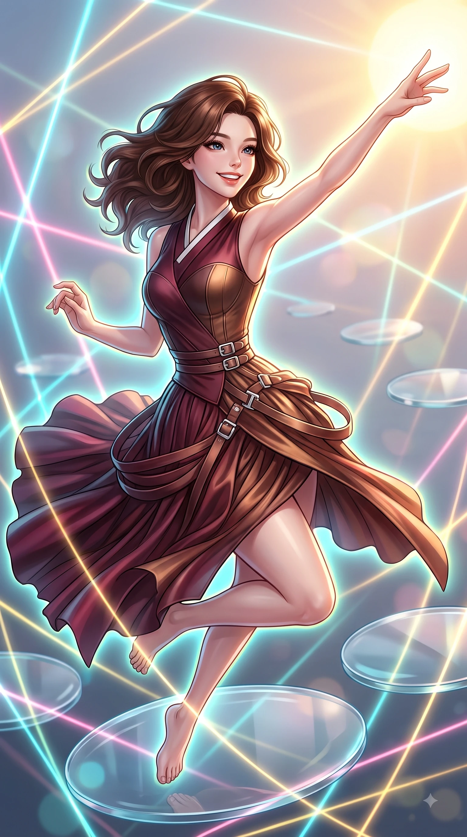 score_9, masterpiece, best quality, ultra-detailed, high-budget anime keyframe, editorial fashion photography, tasteful artistic composition, Korean woman. close-up cowboy shot from the waist and thighs up, the character dominates the composition, filling the frame with her large presence, background elements kept in soft focus. Extending one arm in an elegant stretch toward the sun while smiling with vibrant, magnetic self-assurance while leaping across a floating glass disk inside a geometric light matrix with a beaming face, fluorescent cyan, yellow, pink, and gold light threads crossing in 3D space. She has an exceptionally elegant, slender, and willowy female figure with an ultra-slim waist, a gracefully sculpted slender torso, and a refined silhouette. sharp v-shaped jawline, high-bridge nose, intricate jewel-like eyes with depth, thick eyelashes, glossy lips with a natural sheen, flawlessly proportioned anatomical accuracy, natural body alignment, perfectly sculpted elegant limbs, clean dynamic posture without body distortion. wearing a modern fusion silk hanbok dress with a structured bodice and flowing skirt in deep burgundy and bronze, crafted from smooth liquid silk, detailed with polished silver buckles along the waistline, the form-contouring material highlighting her ultra-slim waist and long lines. surrounded by a vibrant fluorescent aura with bright specular rim lights. highly saturated vibrant anime colors, detailed shading with soft gradients, rich glossy textures, high-contrast stereoscopic depth, volumetric dynamic lighting, master piece, 9:16 ratio