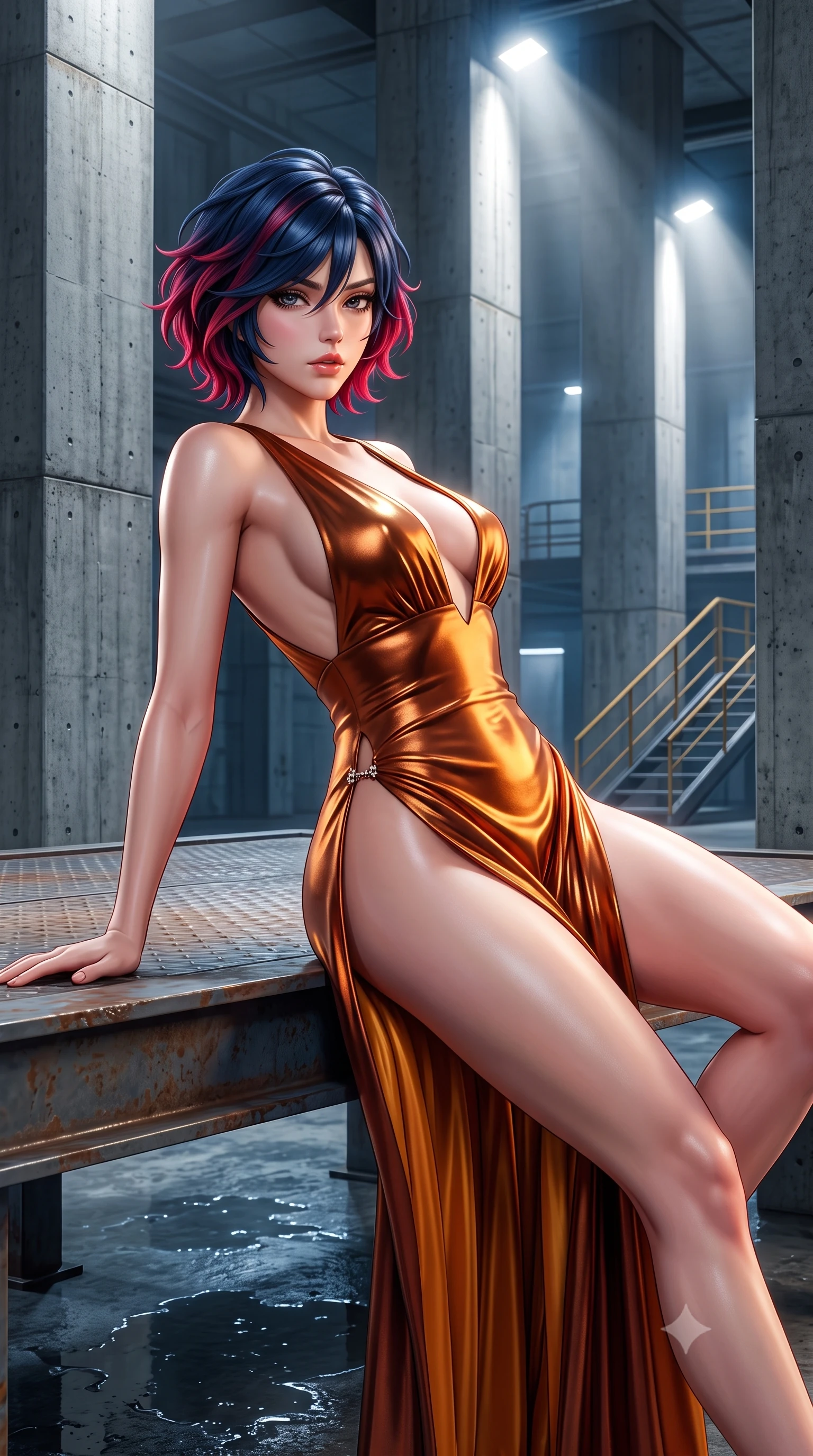 score_9, masterpiece, best quality, ultra-detailed, high-budget anime keyframe, semi-realistic 3D game render, editorial fashion photography, tasteful artistic composition, Korean woman. close-up cowboy shot from the waist and thighs up, the character dominates the composition, filling the frame with her large presence. twisting her slender torso in a deep contrapposto stance, hips dramatically shifted to accentuate her feminine curves while looking past her shoulder with smoldering bedroom-eyes while reclining on a raised steel inspection platform propped on one elbow, her slender waist and feminine curves sculpted by architectural spotlights. The surrounding environment is rendered in vivid detail and crisp panoramic clarity. sharp raw concrete formwork seams, water puddle surface caustics, and distant service stairway railings in deep focus. She has an exceptionally elegant, slender, and willowy female figure with an ultra-slim waist, flat toned midriff, narrow ribcage, and sculpted feminine hips creating an alluring, slim hourglass silhouette without bulk. sharp v-shaped jawline, high-bridge nose, intricate jewel-like eyes with depth, thick eyelashes, glossy parted lips with a natural sheen, intensely captivating and seductive bedroom-eyes expression, flawlessly proportioned anatomical accuracy, strict slender model proportions, natural body alignment, perfectly sculpted long slender limbs, ultra-slim waistline, clean dynamic posture without body distortion. wearing a plunging-V neckline duchess satin gown with high side slits ascending to the high hip in rich copper bronze and warm amber, crafted from luxurious metallic lamé that shifts radiance with every step, finished with an ultra-high side slit secured by miniature jeweled clasps, the second-skin form-contouring cut accentuating her sculpted flat midriff, narrow delicate ribcage, and gracefully curvy hips with supermodel precision. bathed in dramatic architectural floodlights beaming down between giant pillars creating high-contrast chiaroscuro. highly saturated vibrant anime colors, detailed shading with soft gradients, rich glossy textures, high-contrast stereoscopic depth, volumetric dynamic lighting, master piece, 9:16 ratio