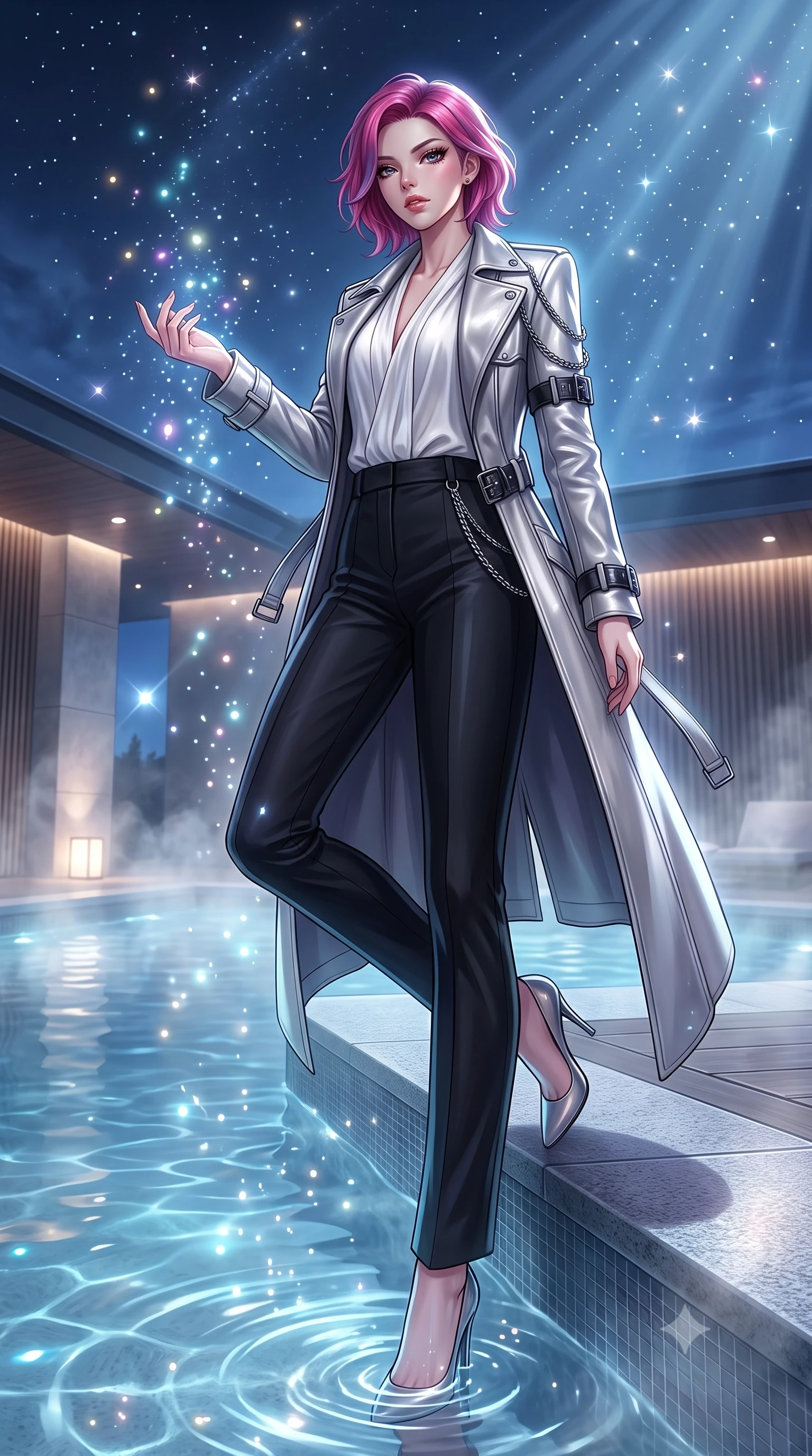 score_9, masterpiece, best quality, ultra-detailed, high-budget anime keyframe, editorial fashion photography, tasteful artistic composition, Caucasian woman. low angle full-body shot from head to toe showing her feet, filling the entire 9:16 vertical frame with her statuesque presence, stretching her vertical silhouette. interacting with glowing light particles, her long slender legs poised in motion, resting against the submerged pool ledge as gentle water ripples catch starlight, gentle steam rising from the heated water into the cool midnight air. She has an absolutely perfect, statuesque 8.5-heads proportion, an exceptionally tall and slender model-like female figure with impossibly long slender legs and an ultra-slim waist. sharp v-shaped jawline, high-bridge nose, intricate jewel-like eyes with depth, thick eyelashes, glossy lips with a natural sheen. wearing structured platinum leather long coat over white silk blouse and tailored slacks in pitch-black onyx, made of sculpted obsidian metallic chrome, framed by dark titanium buckles and silver chain details, accentuating her gracefully sculpted slender torso. bathed in dramatic chiaroscuro with sharp starlight rim rays tracing her silhouette. highly saturated vibrant anime colors, detailed shading with soft gradients, rich glossy textures, high-contrast stereoscopic depth, volumetric dynamic lighting, master piece, 9:16 ratio