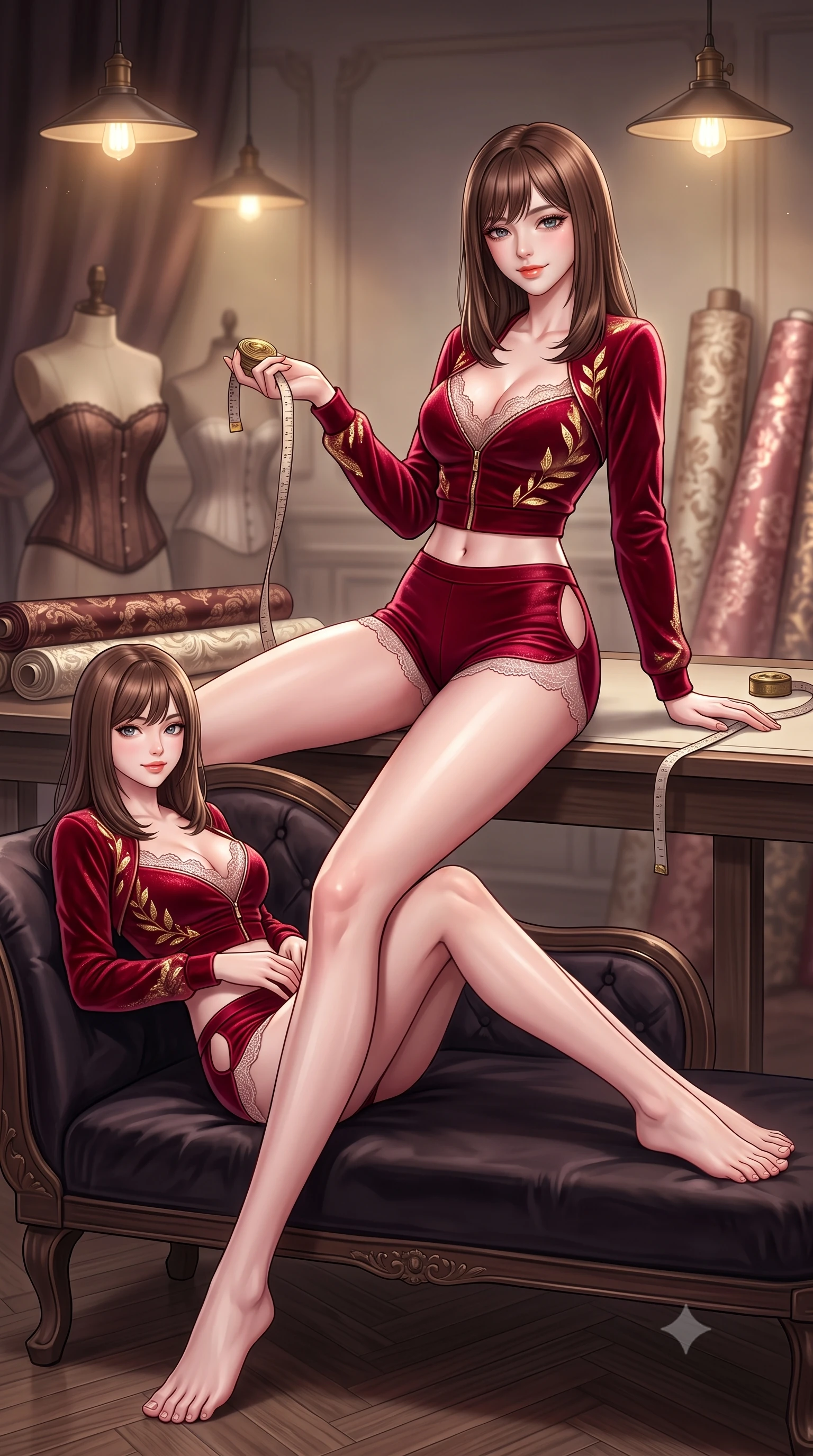 score_9, masterpiece, best quality, ultra-detailed, high-budget anime keyframe, semi-realistic 3D game render, editorial fashion photography, tasteful artistic composition, Korean woman. low angle full-body shot from head to toe showing her feet, filling the entire 9:16 vertical frame with her statuesque presence, stretching her vertical silhouette. reclining gracefully across the plush chaise lounge with one leg extended, her sculpted silhouette and flat midriff radiating magnetic nocturnal glamour while sitting perched on the tailor's cutting table with legs extended, holding a vintage measuring tape with playful seductive cool. The background shows a soft-focus antique mannequin silhouettes wearing Victorian opera corsets and rolls of vintage brocade blurred into mahogany, cream, and rose-gold bokeh. She has an absolutely perfect, statuesque 8.5-heads proportion, an exceptionally tall and slender model-like female figure with impossibly long slender legs, an ultra-slim waist, a flat toned midriff, narrow delicate ribcage, and beautifully sculpted feminine hips creating a graceful, slim hourglass silhouette without any bulky heaviness. sharp v-shaped jawline, high-bridge nose, sparkling eyes with hypnotic seductive depth, thick curled eyelashes, glossy parted lips with a natural dewy peach sheen, alluring bedroom-eyes with an enchanting coquettish smile, exuding magnetic siren charisma and sophisticated glamour, flawlessly proportioned anatomical accuracy, strict slender model proportions, natural body alignment, perfectly sculpted long slender limbs, ultra-slim waistline, clean dynamic posture without body distortion. wearing a modern two-piece tactical siren set featuring a zip-front bolero jacket and curve-hugging compression hot-pants in royal opera house crimson velvet and shimmering gold leaf, made of delicate semi-sheer French Chantilly lace with intricate eyelash edges, finished with scalloped eyelash lace trim framing her sweetheart neckline with intimate elegance, the precision-cut side openings and low-back scoop framing her graceful spine and the sensual sweep of her slim, toned hips. bathed in soft warm incandescent atelier lamps hanging low over work tables. highly saturated vibrant anime colors, detailed shading with soft gradients, rich glossy textures, high-contrast stereoscopic depth, volumetric dynamic lighting, master piece, 9:16 ratio